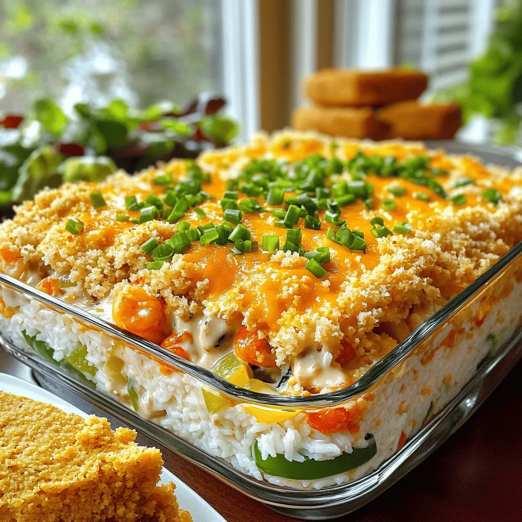 To make a great Louisiana crawfish casserole, you need a few key items: - 1 lb crawfish tails, peeled - 1 cup cooked white rice - 1 medium onion, chopped - 1 green bell pepper, chopped - 2 cloves garlic, minced - 1 can (10.5 oz) cream of mushroom soup - 1 can (10 oz) diced tomatoes with green chilies - 1 cup shredded cheddar cheese - 1/2 cup sour cream - 1 teaspoon Cajun seasoning - 1/2 teaspoon black pepper - 1 tablespoon olive oil - 2 green onions, chopped (for garnish) - 1/4 cup breadcrumbs (optional, for crust) Each ingredient adds flavor and texture. The crawfish tails give a sweet, seafood taste. Rice makes the dish filling. The cream of mushroom soup adds creaminess. Diced tomatoes with green chilies give it a little kick. You can change up the recipe with some fun options: - Add bell peppers in different colors for more flavor. - Use different cheeses like pepper jack for added spice. - Mix in some cooked sausage for extra protein. - Top with crushed crackers instead of breadcrumbs for a crunch. These variations can make the dish unique. Feel free to get creative! When buying crawfish tails, look for these tips: - Choose tails that smell fresh and mild, not fishy. - Opt for tails that are firm and plump. - If possible, buy from local markets. They often have the best quality. Fresh crawfish tails make a big difference in taste. You want the best for your casserole! First, gather your ingredients. You will need: - 1 lb crawfish tails, peeled - 1 cup cooked white rice - 1 medium onion, chopped - 1 green bell pepper, chopped - 2 cloves garlic, minced - 1 can (10.5 oz) cream of mushroom soup - 1 can (10 oz) diced tomatoes with green chilies - 1 cup shredded cheddar cheese - 1/2 cup sour cream - 1 teaspoon Cajun seasoning - 1/2 teaspoon black pepper - 1 tablespoon olive oil - 2 green onions, chopped (for garnish) - 1/4 cup breadcrumbs (optional, for crust) Make sure your crawfish tails are fresh. You can find them in stores or online. Next, heat the olive oil in a large skillet over medium heat. Add the chopped onion and green bell pepper. Cook for five minutes until they soften. Stir in the minced garlic and cook for one more minute. Now, add the crawfish tails, cream of mushroom soup, diced tomatoes with green chilies, cooked white rice, cheddar cheese, sour cream, Cajun seasoning, and black pepper. Mix everything well. Make sure the ingredients are evenly combined. Preheat your oven to 350°F (175°C). Grease a 9x13-inch baking dish with olive oil. Pour the crawfish mixture into the dish. If you want a crunchy crust, sprinkle breadcrumbs on top. Bake in the oven for 25-30 minutes. The casserole is done when it is hot and bubbly. After baking, let it cool for five minutes. Garnish with chopped green onions. Serve this dish warm to enjoy the full flavor. For the full recipe, check out the details above. When making Louisiana crawfish casserole, avoid overcooking the crawfish. They cook quickly and become tough. Also, don't skip the Cajun seasoning; it adds that signature flavor. If you forget the cheese, your casserole will lack creaminess. Lastly, resist the urge to rush the baking time. Let it bubble in the oven for the best results. To achieve a great texture, sauté the onions and peppers until soft. This step builds flavor and ensures they blend well. Stir the mixture gently when combining ingredients. Over-mixing can make it dense. If you want a crunchy top, sprinkle breadcrumbs before baking. This adds a nice contrast to the creamy filling. For a flavor boost, add a dash of hot sauce to the mix. This gives the casserole a kick without overpowering it. You can also toss in some diced jalapeños for extra heat. Fresh herbs like parsley or thyme can brighten the dish. Experiment with smoked paprika for a unique twist. These small changes can make your dish stand out. Check the Full Recipe for more details on creating this delicious dish! {{image_2}} If you want a meat-free dish, try using mushrooms or zucchini. These veggies add great texture. You can also swap crawfish with a mix of beans for protein. Use the same seasonings to keep the flavor strong. Adding fresh herbs like parsley or basil gives a nice touch too. If you prefer seafood, shrimp works well. It cooks quickly and has a sweet taste. You can also try crab or scallops for a richer flavor. Just remember to adjust the cooking time. Make sure to keep the Cajun seasoning to highlight the seafood. To make this dish gluten-free, use gluten-free breadcrumbs. Check your soup can for gluten-free options. You can also use quinoa instead of rice for a nutty flavor. This keeps the dish light while still being filling. Always double-check labels to be safe. For more information, check the Full Recipe. To keep your Louisiana Crawfish Casserole fresh, let it cool first. Use an airtight container. Store it in the fridge. It can last up to three days. For best taste, eat it within two days. When you want to reheat, use the oven. Preheat it to 350°F (175°C). Place the casserole in a baking dish. Cover with foil to avoid drying out. Heat for about 20 minutes. Check if it's hot all the way through. You can also use a microwave. Heat in 1-minute intervals, stirring in between. You can freeze leftovers for later. Make sure it is in a freezer-safe container. It will stay good for up to three months. When ready to eat, thaw it in the fridge overnight. Reheat it using the oven or microwave as described above. For the best taste, avoid freezing with toppings like cheese. Add those just before baking. For the full recipe, follow the instructions above. Louisiana Crawfish Casserole is a rich, hearty dish filled with crawfish tails, rice, and cheese. This dish blends classic Southern flavors with a creamy texture. You will find a mix of spices that highlight the unique taste of crawfish. Each bite is comforting and bursting with flavor. Yes, you can make this casserole ahead of time. Prepare the dish up to the baking step, then cover it and store it in the fridge. When you are ready to eat, bake it straight from the fridge, adding a few extra minutes to the cooking time. This makes it easy for busy days. Many sides work well with this casserole. Some great options include: - Cornbread - Fresh green salad - Steamed vegetables - Garlic bread These sides help balance the rich flavors of the casserole. The spice level can vary based on your taste. The Cajun seasoning adds a warm kick, but it is not too hot for most people. If you enjoy more heat, you can add extra hot sauce or spicy seasoning to suit your taste. You can find crawfish tails in several places: - Local seafood markets - Grocery stores in the frozen section - Online seafood suppliers Make sure to choose fresh or thawed tails for the best flavor. To adjust the recipe, simply scale the ingredients. For a smaller crowd, cut the amounts in half. For a larger group, you can double the ingredients. Just make sure to use a bigger baking dish and increase the baking time as needed. This way, everyone can enjoy this tasty dish! In this blog post, we covered how to make a delicious Louisiana crawfish casserole. We explored essential and optional ingredients, cooking steps, and helpful tips for the best results. I shared common mistakes to avoid and variations for different diets. Remember to store leftovers correctly and reheat for the best taste. Enjoy this dish with sides that complement its rich flavors. With these insights, you can confidently create a tasty casserole that brings joy to any table. Now, it’s time to cook and savor every bite!