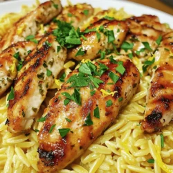 Here’s what you need to make this tasty dish. Gather these ingredients for Garlic Herb Chicken with Lemon Orzo: - 4 boneless, skinless chicken breasts - 4 cloves of garlic, minced - 2 tablespoons fresh rosemary, finely chopped - 2 tablespoons fresh thyme, finely chopped - 1 teaspoon paprika - 1 teaspoon salt - ½ teaspoon black pepper - 3 tablespoons olive oil, divided - 1 cup orzo pasta - 2 cups chicken broth - Zest of 1 lemon - Juice of 1 lemon - Fresh parsley, chopped (for garnish) Each ingredient plays a key role in this recipe. The chicken breasts serve as the main protein. Garlic adds a strong flavor, while rosemary and thyme bring freshness. Paprika gives a hint of spice. Salt and black pepper enhance all the tastes. Olive oil keeps the chicken moist and helps with cooking. Orzo pasta is a small, rice-shaped pasta that absorbs flavors well. Chicken broth adds depth, while lemon zest and juice brighten the dish. Fresh parsley not only adds color but also a fresh taste. You can find the full recipe in the article. Enjoy gathering your ingredients! First, gather your marinade. You need minced garlic, fresh rosemary, thyme, paprika, salt, black pepper, and olive oil. Mix these ingredients in a bowl. Coat the chicken breasts well with this mixture. Let them sit for at least 30 minutes. This helps the chicken absorb all those tasty flavors. Next, heat a skillet over medium-high heat. Add one tablespoon of olive oil. Once the oil is hot, add the marinated chicken. Cook the chicken for about 6-7 minutes on each side. You want it golden brown and fully cooked. The internal temperature should reach 165°F. When done, remove the chicken from the skillet and let it rest for 5 minutes. In the same skillet, pour in the chicken broth. Bring it to a boil. Once boiling, stir in the orzo. Lower the heat and cover the skillet. Let it simmer for about 10-12 minutes. The orzo should be tender and most of the liquid absorbed. After cooking, stir in the lemon zest and juice for a bright flavor. Now, slice the garlic herb chicken into strips. Gently fold the chicken into the lemon orzo. If needed, adjust the seasoning with extra salt and pepper. This step ensures every bite is flavorful. For the final touch, serve the dish on a large platter or individual plates. Use fresh parsley to garnish. This adds color and freshness, making the dish even more appealing. Enjoy this tasty delight! For the full recipe, check out the instructions above. To boost your dish, try using fresh herbs like basil or oregano. These herbs can add unique tastes to your garlic herb chicken. You can also mix in some parsley for a fresh touch. Marinating the chicken longer really helps deepen the flavor. Aim for at least an hour, but overnight is best if you have the time. Just remember to keep it in the fridge while marinating. To get perfect chicken doneness, aim for an internal temperature of 165°F (75°C). Use a meat thermometer for accuracy. Cook each side until golden brown for a nice crust. For orzo, cook it until it’s tender but still firm. This is called al dente. Stir occasionally, and make sure to watch the liquid level so it doesn’t dry out. Plating is key for a beautiful meal. Try stacking the orzo and placing the chicken on top. This adds height and makes the dish look fancy. For sides, think about bright colors. Steamed green beans or a mixed salad can add a nice contrast. A sprinkle of lemon zest on top also helps brighten up the plate. For the full recipe, check out the earlier section. {{image_2}} You can easily switch up the protein in this dish. Shrimp or tofu works well. Shrimp cooks fast and adds a nice flavor. Tofu is great for a plant-based option. Both will pair nicely with the lemon orzo. You can also try different pasta. Instead of orzo, you could use farro or quinoa. These grains offer a unique taste and texture. They also add different nutrients to your meal. Feel free to add more herbs and spices. Basil or oregano can enhance the taste. You might also try a pinch of red pepper flakes for heat. Adding vegetables can take this dish to the next level. Spinach, cherry tomatoes, or bell peppers would be lovely. Mix them into the orzo for color and flavor. They also boost the health benefits of the meal. If you need gluten-free options, look for gluten-free orzo. Many brands offer tasty alternatives that cook just like regular orzo. You can also make this meal low-calorie. Use less oil or replace chicken with lean turkey. You can also cut back on the orzo and add more veggies. This way, you can enjoy a lighter dish without losing flavor. For the full recipe, check out the Garlic Herb Chicken with Lemon Orzo section. To keep your garlic herb chicken and lemon orzo fresh, use airtight containers. Glass or plastic containers work well. Store the dish in the fridge within two hours of cooking. It will stay good for three to four days. If you plan to eat it later, ensure it cools before sealing. You can freeze garlic herb chicken and lemon orzo for later use. Allow the dish to cool completely. Then, place it in freezer-safe bags or containers. Squeeze out as much air as possible. This helps prevent freezer burn. When you want to eat it, defrost in the fridge overnight. For quick defrosting, use the microwave on low power. Reheat chicken and orzo gently to keep the taste and texture. Use a skillet over low heat to warm the chicken. Add a splash of broth or water to keep it moist. For orzo, warm it in a pot on the stove. Stir occasionally and add a bit of broth if needed. This way, it stays creamy and delicious. For the full recipe, check out the complete instructions and enjoy your meal! The best way to check chicken doneness is by using a meat thermometer. The ideal internal temperature for fully cooked chicken is 165°F (75°C). Insert the thermometer into the thickest part of the breast. If it reads 165°F, your chicken is safe to eat. This ensures it is juicy and tender. Yes, you can use dried herbs instead of fresh ones. The general rule is to use one-third the amount of dried herbs compared to fresh herbs. For example, if the recipe calls for 2 tablespoons of fresh rosemary, use about 2 teaspoons of dried rosemary. This gives you the flavor without overpowering the dish. For sides, consider fresh vegetables like steamed broccoli or a simple green salad. Roasted asparagus also complements the dish well. If you want a fun beverage, a crisp white wine or sparkling water works great with this meal. These choices enhance the flavors and create a balanced dinner experience. You can find the full recipe above for more details on making this delightful dish! In this post, I covered how to make Garlic Herb Chicken with Lemon Orzo. We explored the ingredients, step-by-step cooking instructions, and helpful tips to enhance flavor. You can adjust the recipe to fit your diet and preferences. Proper storage and reheating techniques help keep your meal tasty. Remember, cooking should be fun and easy! Now, gather your ingredients and enjoy making this delicious dish.