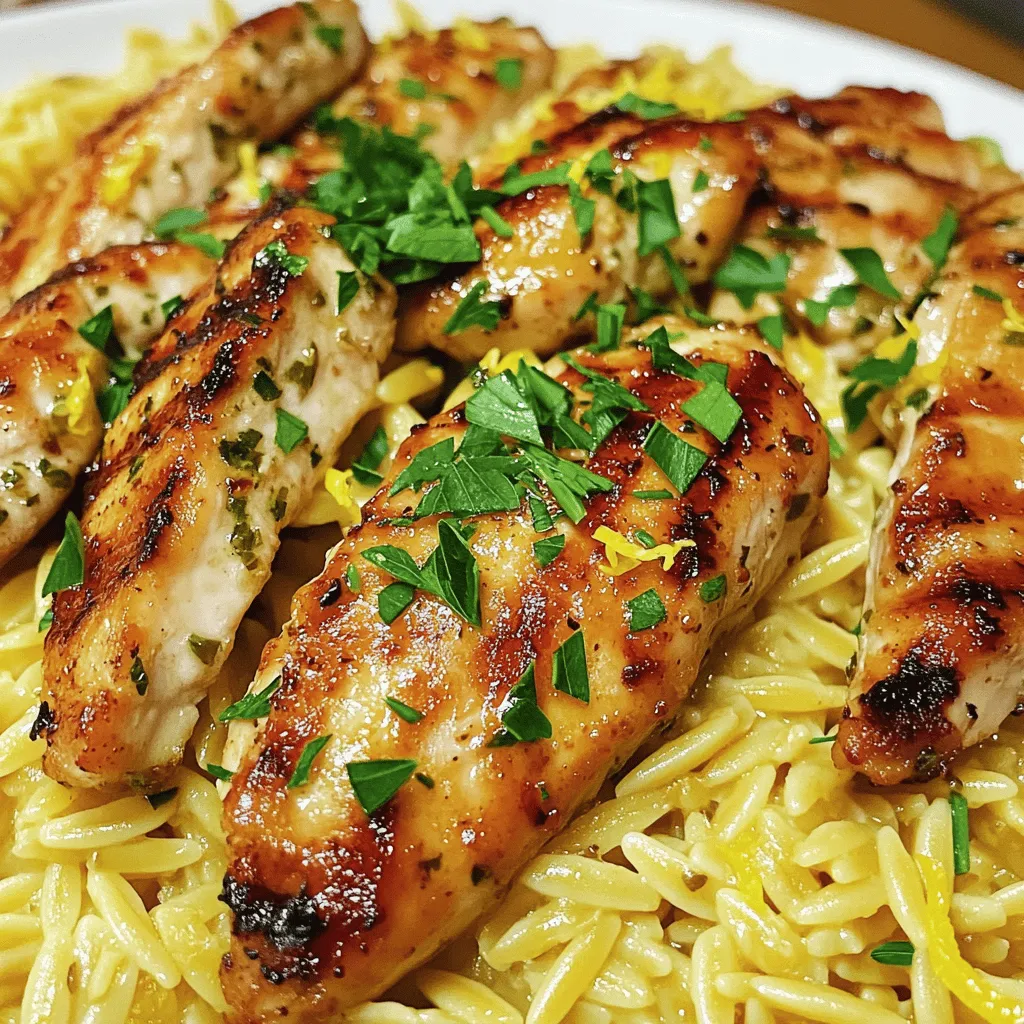Here’s what you need to make this tasty dish. Gather these ingredients for Garlic Herb Chicken with Lemon Orzo: - 4 boneless, skinless chicken breasts - 4 cloves of garlic, minced - 2 tablespoons fresh rosemary, finely chopped - 2 tablespoons fresh thyme, finely chopped - 1 teaspoon paprika - 1 teaspoon salt - ½ teaspoon black pepper - 3 tablespoons olive oil, divided - 1 cup orzo pasta - 2 cups chicken broth - Zest of 1 lemon - Juice of 1 lemon - Fresh parsley, chopped (for garnish) Each ingredient plays a key role in this recipe. The chicken breasts serve as the main protein. Garlic adds a strong flavor, while rosemary and thyme bring freshness. Paprika gives a hint of spice. Salt and black pepper enhance all the tastes. Olive oil keeps the chicken moist and helps with cooking. Orzo pasta is a small, rice-shaped pasta that absorbs flavors well. Chicken broth adds depth, while lemon zest and juice brighten the dish. Fresh parsley not only adds color but also a fresh taste. You can find the full recipe in the article. Enjoy gathering your ingredients! First, gather your marinade. You need minced garlic, fresh rosemary, thyme, paprika, salt, black pepper, and olive oil. Mix these ingredients in a bowl. Coat the chicken breasts well with this mixture. Let them sit for at least 30 minutes. This helps the chicken absorb all those tasty flavors. Next, heat a skillet over medium-high heat. Add one tablespoon of olive oil. Once the oil is hot, add the marinated chicken. Cook the chicken for about 6-7 minutes on each side. You want it golden brown and fully cooked. The internal temperature should reach 165°F. When done, remove the chicken from the skillet and let it rest for 5 minutes. In the same skillet, pour in the chicken broth. Bring it to a boil. Once boiling, stir in the orzo. Lower the heat and cover the skillet. Let it simmer for about 10-12 minutes. The orzo should be tender and most of the liquid absorbed. After cooking, stir in the lemon zest and juice for a bright flavor. Now, slice the garlic herb chicken into strips. Gently fold the chicken into the lemon orzo. If needed, adjust the seasoning with extra salt and pepper. This step ensures every bite is flavorful. For the final touch, serve the dish on a large platter or individual plates. Use fresh parsley to garnish. This adds color and freshness, making the dish even more appealing. Enjoy this tasty delight! For the full recipe, check out the instructions above. To boost your dish, try using fresh herbs like basil or oregano. These herbs can add unique tastes to your garlic herb chicken. You can also mix in some parsley for a fresh touch. Marinating the chicken longer really helps deepen the flavor. Aim for at least an hour, but overnight is best if you have the time. Just remember to keep it in the fridge while marinating. To get perfect chicken doneness, aim for an internal temperature of 165°F (75°C). Use a meat thermometer for accuracy. Cook each side until golden brown for a nice crust. For orzo, cook it until it’s tender but still firm. This is called al dente. Stir occasionally, and make sure to watch the liquid level so it doesn’t dry out. Plating is key for a beautiful meal. Try stacking the orzo and placing the chicken on top. This adds height and makes the dish look fancy. For sides, think about bright colors. Steamed green beans or a mixed salad can add a nice contrast. A sprinkle of lemon zest on top also helps brighten up the plate. For the full recipe, check out the earlier section. {{image_2}} You can easily switch up the protein in this dish. Shrimp or tofu works well. Shrimp cooks fast and adds a nice flavor. Tofu is great for a plant-based option. Both will pair nicely with the lemon orzo. You can also try different pasta. Instead of orzo, you could use farro or quinoa. These grains offer a unique taste and texture. They also add different nutrients to your meal. Feel free to add more herbs and spices. Basil or oregano can enhance the taste. You might also try a pinch of red pepper flakes for heat. Adding vegetables can take this dish to the next level. Spinach, cherry tomatoes, or bell peppers would be lovely. Mix them into the orzo for color and flavor. They also boost the health benefits of the meal. If you need gluten-free options, look for gluten-free orzo. Many brands offer tasty alternatives that cook just like regular orzo. You can also make this meal low-calorie. Use less oil or replace chicken with lean turkey. You can also cut back on the orzo and add more veggies. This way, you can enjoy a lighter dish without losing flavor. For the full recipe, check out the Garlic Herb Chicken with Lemon Orzo section. To keep your garlic herb chicken and lemon orzo fresh, use airtight containers. Glass or plastic containers work well. Store the dish in the fridge within two hours of cooking. It will stay good for three to four days. If you plan to eat it later, ensure it cools before sealing. You can freeze garlic herb chicken and lemon orzo for later use. Allow the dish to cool completely. Then, place it in freezer-safe bags or containers. Squeeze out as much air as possible. This helps prevent freezer burn. When you want to eat it, defrost in the fridge overnight. For quick defrosting, use the microwave on low power. Reheat chicken and orzo gently to keep the taste and texture. Use a skillet over low heat to warm the chicken. Add a splash of broth or water to keep it moist. For orzo, warm it in a pot on the stove. Stir occasionally and add a bit of broth if needed. This way, it stays creamy and delicious. For the full recipe, check out the complete instructions and enjoy your meal! The best way to check chicken doneness is by using a meat thermometer. The ideal internal temperature for fully cooked chicken is 165°F (75°C). Insert the thermometer into the thickest part of the breast. If it reads 165°F, your chicken is safe to eat. This ensures it is juicy and tender. Yes, you can use dried herbs instead of fresh ones. The general rule is to use one-third the amount of dried herbs compared to fresh herbs. For example, if the recipe calls for 2 tablespoons of fresh rosemary, use about 2 teaspoons of dried rosemary. This gives you the flavor without overpowering the dish. For sides, consider fresh vegetables like steamed broccoli or a simple green salad. Roasted asparagus also complements the dish well. If you want a fun beverage, a crisp white wine or sparkling water works great with this meal. These choices enhance the flavors and create a balanced dinner experience. You can find the full recipe above for more details on making this delightful dish! In this post, I covered how to make Garlic Herb Chicken with Lemon Orzo. We explored the ingredients, step-by-step cooking instructions, and helpful tips to enhance flavor. You can adjust the recipe to fit your diet and preferences. Proper storage and reheating techniques help keep your meal tasty. Remember, cooking should be fun and easy! Now, gather your ingredients and enjoy making this delicious dish.