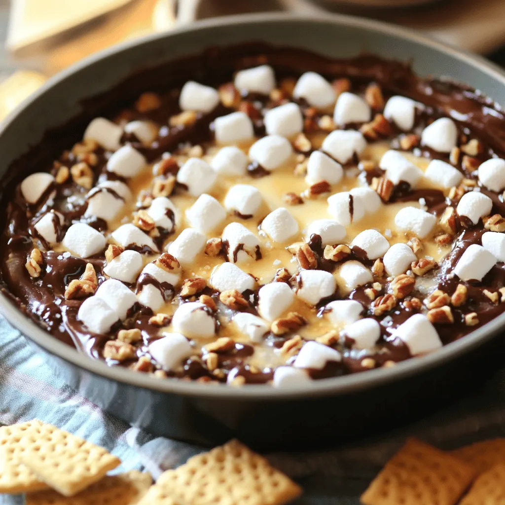 To make the perfect S'mores Dip, gather these simple items: - 1 cup semi-sweet chocolate chips - 1 cup mini marshmallows - 1 tablespoon unsalted butter - 1 teaspoon vanilla extract - 1/4 teaspoon sea salt - Graham crackers, for dipping - Optional: 1/4 cup chopped nuts (like pecans or walnuts) for added crunch Using quality ingredients makes a big difference. I recommend using real semi-sweet chocolate chips. They melt smoothly and taste great. Choose fresh mini marshmallows for the best texture. The butter should be unsalted to control the saltiness. Always use pure vanilla extract for a richer flavor. Fresh sea salt enhances the taste and balances sweetness. If you don't have some ingredients, don't worry! Here are some easy swaps: - Use dark chocolate chips if you like a deeper flavor. - Replace mini marshmallows with large marshmallows, just cut them into smaller pieces. - Coconut oil can replace unsalted butter, but it will change the taste slightly. - Maple syrup can stand in for vanilla extract for a unique twist. - For a nut-free option, skip the nuts or use seeds like pumpkin seeds. These substitutes keep your S'mores Dip tasty and fun, no matter what! For the full recipe, check out the steps included. First, gather all your ingredients. You will need: - 1 cup semi-sweet chocolate chips - 1 cup mini marshmallows - 1 tablespoon unsalted butter - 1 teaspoon vanilla extract - 1/4 teaspoon sea salt - Graham crackers, for dipping - Optional: 1/4 cup chopped nuts Next, preheat your oven to 350°F (175°C). This step is very important. It helps the dip cook evenly. In an oven-safe skillet or baking dish, layer the chocolate chips at the bottom. Make sure they are spread out well. Then, sprinkle mini marshmallows over the chocolate chips. The marshmallows will puff up as they bake. Now, drizzle melted butter over the marshmallows. This adds flavor and helps with browning. After that, add the vanilla extract and sea salt across the top. If you want more texture, sprinkle the chopped nuts on top. Place the skillet or dish in the oven. Bake for 10-12 minutes. Watch closely for the marshmallows to turn golden brown. The chocolate should be melted and gooey. This is when the magic happens! Once done, carefully remove it from the oven. Let it sit for a minute. This cooling time helps the dip set a bit. To get the best texture, keep a few things in mind. Use high-quality chocolate chips. They melt smoothly and taste great. For the marshmallows, mini ones work best. They melt evenly and create a soft, fluffy top. Make sure to watch the baking time. If you bake too long, the marshmallows can burn. If you want a slight crunch, add nuts. They give a nice contrast to the softness of the dip. Serve warm with graham crackers. You want everyone to enjoy that gooey, chocolatey bite. For the full recipe, check back to see how to make this treat. To melt chocolate well, I use a double boiler. This method keeps the heat gentle. You can also microwave chocolate. Use short bursts of 15 seconds. Stir in between to keep it smooth. Always start with high-quality chocolate. It melts better and tastes great. For perfect marshmallows, watch them closely in the oven. Bake until they turn a nice golden brown. This usually takes 10 to 12 minutes. If you want more color, broil them for a minute. Just be careful! They can burn quickly. I love serving S'mores Dip warm. The gooey chocolate and marshmallows are a hit. Pair it with graham crackers for a classic touch. You can also try fruit or pretzels for dipping. For a fun twist, add chopped nuts to the mix. This gives a nice crunch. Enjoy this treat with friends and family for a great time. For the full recipe, check out S'mores Dip Delight. {{image_2}} You can make S'mores dip even more fun by changing the flavors. Add peanut butter for a nutty twist. Just mix in 1/2 cup of creamy peanut butter with the chocolate chips. You can also try Nutella for a rich, hazelnut flavor. Use the same amount as chocolate chips. These options make the dip extra special! Toppings can change the whole dish. You can use candies like M&Ms or crushed Oreos. They add color and crunch. Fresh fruits like strawberries or bananas work great too. Just slice them up and sprinkle them on top. These toppings make your S'mores dip look and taste amazing! If you need to make the dip gluten-free, use gluten-free graham crackers. You can find many brands that taste just as good. For dairy-free options, swap the chocolate chips with dairy-free ones. You can also use coconut oil instead of butter. These changes keep the dip tasty for everyone! For the full recipe, check out the S'mores Dip Delight. After you enjoy S'mores Dip, let any leftovers cool first. Then, cover the dish tightly with plastic wrap. You can also use an airtight container. Store it in the fridge for up to three days. When you want to eat it again, the dip will still taste great. To reheat your S'mores Dip, preheat your oven to 350°F (175°C). Place the dip in an oven-safe dish. Cover it with foil to keep it from drying out. Heat for about 10 minutes or until it's warm. You can also microwave it. Use a microwave-safe bowl and heat in 30-second bursts until warm. If you plan to hold S'mores Dip for a while, keep it warm. Use a slow cooker on low heat, and stir it occasionally. This way, the chocolate and marshmallows remain gooey. Avoid letting it sit out at room temperature for too long. This keeps your dip safe to eat and delicious! For a full recipe, check out the S'mores Dip Delight! Yes, you can prepare S'mores Dip in advance. Just layer the chocolate chips and marshmallows in an oven-safe dish. Cover it and store it in the fridge. When you're ready to serve, bake it as directed. This keeps the dip fresh and tasty. You can use many things for dipping! Try pretzel sticks for a salty crunch. Fruit like strawberries or bananas adds a fruity twist. Even cookies work well. Get creative and use what you like best! Making S'mores Dip in the microwave is easy and quick. Just layer the chocolate chips and marshmallows in a microwave-safe bowl. Heat in 30-second bursts, stirring in between. Stop when the chocolate melts and the marshmallows puff up. Enjoy this gooey treat right away! Check out the Full Recipe for more details. You learned about key ingredients and their quality for S'mores Dip. We covered step-by-step instructions on preparation, baking, and tips for the perfect texture. I also shared best practices for melting chocolate and serving ideas. Flavor variations and substitutes allow for a fun twist, while storage tips help maintain freshness. Enjoy your dip with friends, or create your own tasty twists. Experimenting will make this treat even more special. Happy dipping!