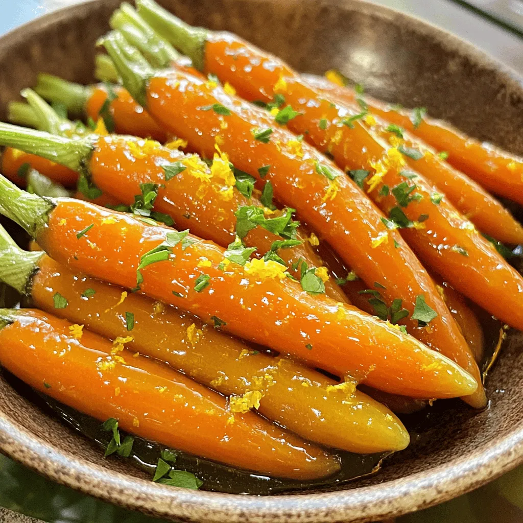 - 1 pound baby carrots, peeled - 2 tablespoons honey - 2 tablespoons fresh orange juice - 1 tablespoon lemon juice - 1 tablespoon unsalted butter - 1 teaspoon orange zest - Salt and black pepper to taste - Fresh parsley, chopped (for garnish) - Large pot - Cooking strainer - Cooking spoon - Measuring cups and spoons When I make Honey Citrus Glazed Carrots, I love to gather fresh ingredients. The baby carrots add a sweet crunch, and honey brings a rich flavor. Fresh orange juice and lemon juice brighten up the dish. I also use orange zest for a burst of citrus aroma. To make this dish, I need a large pot for boiling the carrots. A cooking strainer helps drain the carrots once they are tender. A cooking spoon is key for mixing the glaze, and measuring cups and spoons ensure each ingredient is perfect. You can find the full recipe in the earlier sections, but these ingredients and tools are your best friends for this quick and flavorful dish! To start, you need to boil the carrots. This step is key for getting the right texture. Fill a large pot with water and add a pinch of salt. Bring the water to a boil. Once boiling, add 1 pound of peeled baby carrots. Cook them for about 5-7 minutes. You want them to be crisp-tender, not mushy. After boiling, drain the carrots and set them aside. Next, let’s make the glaze. In the same pot, melt 1 tablespoon of unsalted butter over medium heat. Once melted, add 2 tablespoons of honey, 2 tablespoons of fresh orange juice, 1 tablespoon of lemon juice, and 1 teaspoon of orange zest. Stir well to combine these ingredients. Let this mixture simmer for about 2-3 minutes. This process helps to enhance the flavors and brings everything together. Now it’s time to glaze the carrots. Return the cooked carrots to the pot with the glaze. Toss them gently in the honey citrus glaze. Cook for an additional 2-3 minutes. This allows the carrots to absorb the flavors. Season the dish with salt and black pepper to taste. When ready, remove from heat and transfer your glazed carrots to a serving dish. For a final touch, garnish with freshly chopped parsley before serving. You can find the full recipe [Full Recipe]. To get the best taste from your honey citrus glazed carrots, start with high-quality honey. Look for honey that is raw or organic. This honey has a richer flavor and adds depth to your dish. Next, balance your citrus flavors. Use fresh orange and lemon juice for a bright taste. The right mix makes the glaze pop. Avoid overcooking the carrots. Cook them just until they are crisp-tender. This keeps them crunchy and bright. You can also try different cooking methods like roasting or steaming. Roasting gives the carrots a caramelized edge, while steaming keeps them tender and vibrant. For special occasions, serve the glazed carrots in a nice bowl. This makes your dish look elegant. Garnish the carrots with fresh parsley for a pop of color. You can also add some lemon zest on top. These small touches make your dish visually appealing and exciting. {{image_2}} You can easily swap ingredients in this dish. If you want a different sweet taste, try using maple syrup or agave instead of honey. These options will give you a unique flavor. For citrus, consider using grapefruit or lime juice. Each type of citrus adds its own twist to the dish. Want to spice things up? Adding a sprinkle of cinnamon or a bit of ginger can enhance the glaze. These spices bring warmth and depth to the flavor. You can also incorporate nuts or seeds for a nice crunch. Almonds or sesame seeds work well and add texture. If you need to make this dish vegan, just replace the butter with a plant-based option. Coconut oil or vegan butter works great. For a gluten-free option, you can use any sweetener and ensure your spices are gluten-free. This way, everyone can enjoy the dish without worry. Feel free to explore these variations to make the Honey Citrus Glazed Carrots your own. You can find the Full Recipe [here]. To keep your Honey Citrus Glazed Carrots fresh, store them in an airtight container. This helps keep the flavors intact. Place the container in the fridge right after they cool down. You can keep them for up to four days. This way, you can enjoy them later without losing taste. When you want to enjoy your leftovers, reheat them gently. The best method is to use the stove. Place the carrots in a pan over low heat. Add a splash of water or extra juice to help them steam. Stir often to ensure even heating. This keeps them soft and tasty. If you want to save your Honey Citrus Glazed Carrots for longer, freezing is a great option. First, let the carrots cool completely. Then, place them in a freezer-safe bag or container. Remove as much air as possible to prevent freezer burn. They can last up to three months in the freezer. When you're ready to eat, thaw them in the fridge overnight. Reheat them on the stove as mentioned before for the best flavor and texture. You can store your Honey Citrus Glazed Carrots in the fridge for up to four days. Make sure to place them in an airtight container. This helps keep the carrots fresh and tasty. When you are ready to eat them, just reheat as needed. Yes, you can prepare the glaze ahead of time. Just mix the honey, orange juice, lemon juice, and zest in a bowl. Store it in the fridge until you are ready to use it. This saves time when you want to make the dish. These glazed carrots pair well with many dishes. You can serve them with roasted chicken, grilled fish, or a hearty grain like quinoa. They also go nicely with a fresh salad or a nice piece of bread. You can make Honey Citrus Glazed Carrots ahead of time. Just cook them and glaze them, then store in the fridge. When it's time to serve, reheat them gently on the stove or in the microwave. To adjust the sweetness, you can add more or less honey. If you want it less sweet, simply reduce the honey. You can also add a little more lemon juice for a tangy twist. You learned how to make Honey Citrus Glazed Carrots with simple steps and tasty ingredients. We covered the required components, tools, and methods to prepare this dish. Remember to choose quality honey for the best flavor and try different spices or citrus for fun twists. Store your leftovers well and enjoy this dish warm or cold. With these tips, you can impress anyone at your next meal. Enjoy cooking and make your carrots shine!