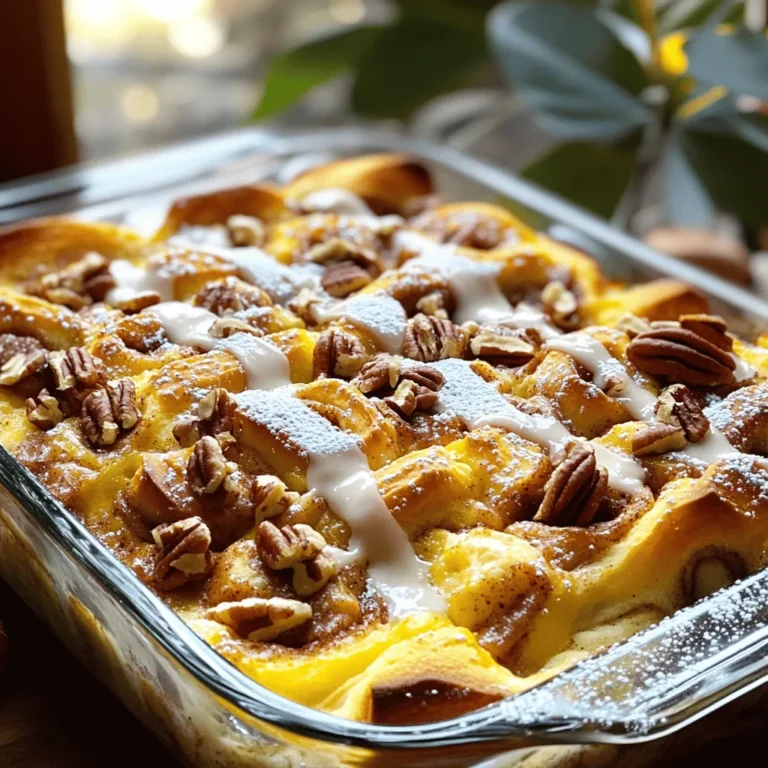 - 2 cans of refrigerated cinnamon rolls with icing - 5 large eggs - 1 cup milk - 1/2 cup maple syrup - 1 tablespoon vanilla extract - 1 teaspoon ground cinnamon - 1/4 teaspoon nutmeg - 1/2 cup chopped pecans (optional) - 1/4 cup raisins (optional) To make this cinnamon roll casserole, start with two cans of cinnamon rolls. I love using the ones that come with icing. They add a sweet touch and make the dish easy. You will also need five large eggs for a rich base. Milk and maple syrup add creaminess and flavor. Vanilla extract gives it a warm taste. Ground cinnamon and nutmeg add spice and warmth. If you like a bit of crunch, you can toss in chopped pecans. For a sweet surprise, consider adding raisins. They blend well with the cinnamon flavors. This mix of ingredients creates a delightful dish that everyone will enjoy. - 9x13 inch baking dish - Mixing bowl - Whisk - Fork or spatula You'll need some simple tools to whip up this casserole. A 9x13 inch baking dish is perfect for baking and serving. A mixing bowl helps you combine the egg mixture easily. Use a whisk to blend the eggs, milk, and other liquids well. Lastly, a fork or spatula will help you mix and press the cinnamon rolls. These tools make the process smooth and fun. With the right ingredients and equipment, you’re ready to create a delicious cinnamon roll casserole! For the complete cooking steps, check out the Full Recipe. 1. Preheat your oven to 350°F (175°C). This helps the casserole cook evenly. 2. Grease a 9x13 inch baking dish with butter or cooking spray. This prevents sticking. 3. Open the cans of cinnamon rolls. Cut each roll into quarters. 4. Place the cut pieces evenly in the greased baking dish. This allows for even baking. 1. In a mixing bowl, whisk together the eggs and milk. 2. Add maple syrup, vanilla extract, ground cinnamon, and nutmeg. 3. Mix well until you see no lumps. This step is key to a smooth texture. 4. Pour the egg mixture over the cinnamon roll pieces. Ensure all are covered. 1. Gently press down on the cinnamon rolls with a fork or spatula. This helps them soak up the mixture. 2. Bake in the preheated oven for 25-30 minutes. Check for doneness by looking for a puffed and golden top. 3. While it bakes, heat the icing packets in the microwave for 10-15 seconds. This makes drizzling easier. 4. Once baked, take the casserole out of the oven. Allow it to cool for a few minutes. 5. Drizzle the warmed icing over the top. This adds sweetness and a lovely finish. For the full recipe, you can refer to the section above. To serve your cinnamon roll casserole, I like to cut it into squares. This makes it easy for guests to grab. A dusting of powdered sugar adds a nice touch. You can also sprinkle some chopped pecans on top for extra flavor and crunch. For sides, consider fresh fruit. Berries or sliced bananas pair well with the sweetness. A side of yogurt can also balance the dish nicely. If you want a drink, try a warm cup of coffee or tea. A common mistake is overbaking or underbaking the casserole. If you overbake, the rolls can become tough. If you underbake, the center may be soggy. Always check the casserole when it's puffed and golden brown. Another mistake is not allowing enough time for the cinnamon rolls to absorb the egg mixture. After pouring the mix over the rolls, press down gently. This helps them soak up the flavors, making each bite delicious. To spice things up, try adding more spices. A pinch of ginger or allspice can give it a warm kick. You can also add chocolate chips for a sweeter twist. For a richer flavor, consider adding nuts like walnuts or almonds. Dried fruits like cranberries or cherries can add a tart contrast. Customize the recipe to fit your taste! For the full recipe, check the earlier section. {{image_2}} You can change up this casserole with fun flavors. Adding fruits like apples or berries gives it a fresh twist. Chop the fruit and mix it with the cinnamon rolls before adding the egg mixture. You might also enjoy a chocolate chip cinnamon roll casserole. Just toss in some chocolate chips with the cinnamon rolls for a sweet treat. Need to make it gluten-free? Use gluten-free cinnamon rolls. There are many brands that offer tasty options. If you want to go vegan, substitute eggs with flaxseed meal mixed with water. For milk, try almond or oat milk. These swaps keep the casserole delicious. For sugar substitutes, use stevia or monk fruit sweetener. These options work well with the maple syrup and keep the sweetness. Make this casserole special for the holidays. Add pumpkin spice for fall or peppermint for winter. You can even top it with festive sprinkles. For special occasions, try a berry mix for a bright summer touch. These seasonal ideas make your casserole fun and unique. Ready for the full recipe? Check out the [Full Recipe]. To store leftovers, let the casserole cool completely. Place it in an airtight container. You can also cover it with plastic wrap. It keeps well in the fridge for up to three days. Make sure to enjoy it within this time for the best taste. Freezing the casserole is easy! First, let it cool to room temperature. Cut it into portions and wrap each piece tightly in plastic wrap. Place the wrapped pieces in a freezer-safe bag. It freezes well for up to two months. When ready to eat, thaw it in the fridge overnight. To reheat without drying out, use the oven. Preheat the oven to 350°F (175°C). Place the casserole in an oven-safe dish and cover it with foil. Heat for about 15-20 minutes. You can also use the microwave. Heat individual portions for 30-60 seconds, checking often. Enjoy your warm, gooey treat! Making this cinnamon roll casserole is quick and simple. It takes about 15 minutes to prep. After that, you bake it for about 25 to 30 minutes. So, in total, you're looking at around 45 minutes from start to finish. This makes it a great choice for busy mornings or special brunches. Yes, you can switch out the cinnamon rolls if you'd like. You can use other sweet breads like brioche or even leftover pastries. Just make sure they are soft enough to soak up the egg mixture. This opens up fun flavor options, too. Try using chocolate croissants for a rich twist. Absolutely! You can prepare this dish the night before. Just follow the steps up to pouring the egg mixture over the bread. Cover the dish and store it in the fridge. In the morning, just bake it straight from the fridge. This saves you time and lets you enjoy your morning with family or friends. For the full recipe, check the earlier section. In this post, we explored how to make a delicious cinnamon roll casserole. We covered ingredients, step-by-step instructions, and tips to make it perfect. You learned about flavor variations, dietary adjustments, and the best ways to store your leftovers. This dish is easy to prepare and enjoyable for any occasion. With simple tweaks, you can personalize it to suit your taste. Now, you can impress your friends and family with this tasty treat! Enjoy baking!