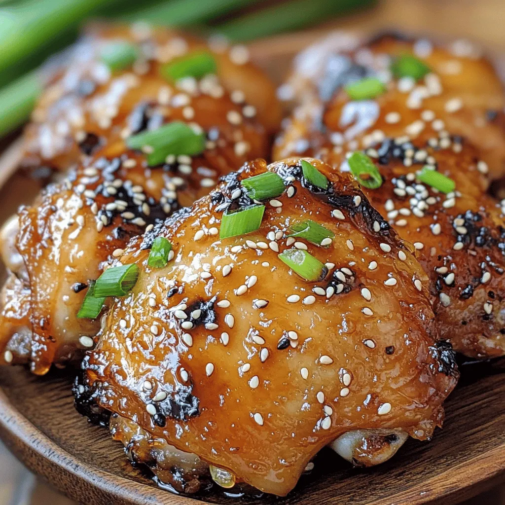 - 1 lb (450g) chicken thighs, boneless and skinless - 1/4 cup honey - 4 cloves garlic, minced - 2 tablespoons soy sauce (low sodium) - 1 tablespoon apple cider vinegar - 1 teaspoon grated ginger - 1 tablespoon sesame seeds - 2 green onions, chopped For this honey garlic chicken recipe, I focus on simple yet rich flavors. The chicken thighs give the dish a juicy bite. The honey provides sweetness, and the garlic adds a strong kick. When it comes to the sauce, I use low-sodium soy sauce for depth without too much salt. Apple cider vinegar balances the sweetness, while grated ginger brings warmth. Garnishes elevate the dish. Sesame seeds add a nice crunch. Chopped green onions bring freshness and color. Together, these ingredients create a delightful meal. For the complete recipe, refer to the Full Recipe link provided. Seasoning the chicken First, take your chicken thighs and pat them dry. This helps the seasoning stick well. Sprinkle salt and black pepper on both sides. Make sure to cover every inch of the chicken. This adds flavor during cooking. Preparing the sauce In a medium bowl, mix the honey, minced garlic, soy sauce, apple cider vinegar, and grated ginger. Whisk it all together until smooth. This sauce is sweet, savory, and full of flavor. You want this sauce to coat the chicken perfectly. Searing chicken thighs Grab a large skillet and heat olive oil over medium-high heat. Once the oil is hot, carefully place the seasoned chicken thighs in the skillet. Sear them for about 5-6 minutes on each side. Look for a nice golden-brown color. This step makes your chicken crispy and tasty. Adding the honey garlic sauce After the chicken is cooked through, lower the heat to low. Pour your honey garlic sauce over the chicken in the skillet. Make sure every piece is covered. Let it simmer for 2-3 minutes. This step thickens the sauce and lets the flavors blend. Simmering the mix As the chicken simmers, it absorbs all the sweet and savory flavors. Keep an eye on it, so the sauce does not burn. This part is key to making the chicken juicy and delicious. Garnishing and serving ideas Once done, remove the skillet from heat and let the chicken rest for a minute. Slice the chicken if you like. Serve it on a plate and sprinkle sesame seeds and chopped green onions on top. These garnishes add a nice crunch and fresh taste. Enjoy your honey garlic chicken with rice or vegetables for a complete meal. For the full recipe, check out the section above. To get the best sear on your chicken, heat the oil until it shimmers. This step ensures the chicken cooks evenly and forms a nice crust. Avoid crowding the pan. If you add too many pieces, they will steam instead of sear. Resting time is important too. After cooking, let the chicken sit for a minute. This lets the juices settle, making the meat tender and juicy. Want to spice things up? Add a pinch of chili flakes to your sauce. This small change gives your dish a nice heat that balances the sweetness. If you run out of honey, try maple syrup. It gives a different flavor but remains sweet. This swap works well and still tastes great in the recipe. For side dishes, steamed broccoli or roasted carrots pair nicely with honey garlic chicken. They add color and nutrition to your meal. You can also serve this dish over rice or alongside sautéed vegetables. Both options soak up the sauce and complete your plate beautifully. For the full recipe, check [Full Recipe]. {{image_2}} For those watching their sodium, you can make a low-sodium honey garlic chicken. Simply use low-sodium soy sauce. This small change keeps the flavor but cuts down on salt. You can also use fresh garlic instead of garlic salt. This makes the dish taste fresh and bright. If you need a gluten-free option, switch to tamari sauce. Tamari has a similar taste to soy sauce but is gluten-free. Always check labels to confirm they meet your dietary needs. You can change the protein in this recipe easily. Try using chicken breasts instead of thighs. Breasts are leaner and will cook faster. You need to check the cook time to avoid dryness. For a vegetarian option, use tofu or tempeh. Both absorb flavors well. Just chop them into cubes and follow the same cooking steps. You will enjoy a tasty dish without meat. Adding herbs brings a new life to your honey garlic chicken. Fresh cilantro or parsley can add a burst of freshness. Just chop them and sprinkle on top before serving. Citrus zest can also brighten the dish. Grate some lemon or lime peel into the sauce. This adds a zesty kick that complements the sweetness of honey. For the full recipe, check the [Full Recipe]. To keep honey garlic chicken fresh, place leftovers in an airtight container. This helps seal in moisture and flavor. Store the container in your fridge. It keeps well for about four days. If you want to store it longer, freezing is a great option. Wrap the chicken tightly in plastic wrap, then place it in a freezer bag. This will keep it safe for up to three months. When you’re ready to eat, reheating is key. The best way is to use a skillet. Heat the skillet on low and add a splash of water or chicken broth. This keeps the chicken moist. Place the chicken in the skillet and cover it with a lid. Heat it for about five minutes, flipping halfway. If you use a microwave, cover the dish with a damp paper towel. This helps steam the chicken. Heat for one to two minutes. Check to make sure it is hot all the way through. In the fridge, honey garlic chicken lasts four days. If you freeze it, you can enjoy it for three months. Always check for signs of spoilage. If the chicken smells sour or has a strange color, it’s best to throw it away. Always trust your senses when it comes to food safety. If you follow these tips, your honey garlic chicken will stay tasty and safe to eat. For the full recipe, check the [Full Recipe]. It takes about 30 minutes to cook honey garlic chicken. You spend around 10 minutes getting ready. The cooking time is about 20 minutes. This makes it a quick and tasty meal. Yes, you can use chicken breasts. Chicken breasts are leaner than thighs. They cook faster, so check them at 5-7 minutes. Thighs are juicier and have more flavor. If you like tender meat, stick with thighs. You can serve honey garlic chicken with many sides. Here are some great options: - Steamed rice - Mashed potatoes - Stir-fried vegetables - Crisp salad - Noodles These sides balance the sweet and savory flavors. They make your meal even better. Check out the Full Recipe for more ideas! This article outlined how to make delicious honey garlic chicken. We covered key ingredients like chicken thighs, honey, and garlic. You learned about the cooking process, tips for perfecting your dish, and exciting variations to try. In closing, this recipe is easy to follow and flexible for different tastes. Enjoy making it your own or sharing with others. Try it out, and let the flavors shine!