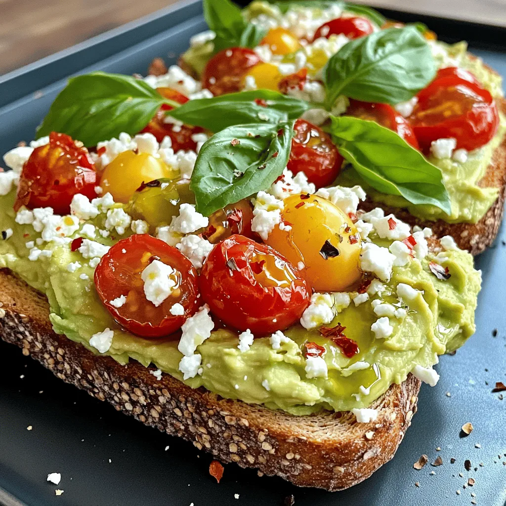 - 2 ripe avocados - 4 slices of whole grain bread - 1 cup cherry tomatoes, halved - ½ cup feta cheese, crumbled - 2 tablespoons fresh lemon juice - 1 tablespoon olive oil - Salt and pepper to taste - Fresh basil leaves for garnish - Red pepper flakes (optional) For this avocado toast with feta and tomatoes, I love using ripe avocados. They should feel soft but not mushy when you press them lightly. Whole grain bread adds a nice texture and flavor. I often choose cherry tomatoes for their sweetness. Halving them helps release their juices, making the dish juicy and fresh. Feta cheese gives a salty kick to balance the creamy avocado. You can use regular or reduced-fat feta, depending on your taste. The fresh lemon juice brightens the flavors, while olive oil adds richness. Salt and pepper enhance every bite, so don't be shy with them. Basil leaves add a lovely aroma and a pop of color. If you enjoy heat, sprinkle red pepper flakes on top. You can find the full recipe for this delightful dish in the recipe section above. Enjoy crafting this delicious meal! - Toasting the Whole Grain Bread Start by toasting the slices of whole grain bread. You can choose how brown you want them. I love a nice, crunchy toast. It adds great texture to the dish. - Preparing the Avocado Mixture Next, grab two ripe avocados. Cut them in half and remove the pit. Scoop the green flesh into a bowl. Add fresh lemon juice, olive oil, salt, and pepper. Use a fork to mash everything together. Aim for a creamy but slightly chunky mixture. - Mixing Tomatoes and Feta In another bowl, combine one cup of halved cherry tomatoes with half a cup of crumbled feta cheese. Drizzle a bit of olive oil over it. Sprinkle in some salt and pepper. Toss everything gently, so the flavors blend. - Spreading the Avocado on Toast Once your bread is toasted, take a generous scoop of the avocado mix. Spread it evenly on each slice. Make sure to cover the bread completely for a great flavor. - Adding Tomato and Feta Topping Now, top each avocado-covered slice with the tomato and feta mix. Pile it high! This adds color and taste to your toast. - Final Garnish and Serving Finally, for a fresh touch, add some basil leaves on top. If you like a little heat, sprinkle on some red pepper flakes. Serve this tasty dish right away, and enjoy the fresh flavors! For the complete recipe, check out the full recipe section. How to Select Ripe Avocados Choose avocados that are firm but slightly soft when you press them. A ripe avocado should yield to gentle pressure. Look for a dark green or black skin. Avoid any with large dark spots or bruises. If you find hard avocados, leave them at room temperature for a few days to ripen. Best Tools for Mashing A fork works great for mashing avocados. It gives you control over texture. If you want it smoother, use a potato masher. For a quick option, an immersion blender can also do the trick, but be careful not to over-blend. Optimal Toasting Times Toast your bread for about 3 to 5 minutes. Keep an eye on it to avoid burning. You want your bread golden brown and crispy. Adjust the time based on your toaster or oven. Types of Bread for Best Results Whole grain bread is perfect for this dish. Its nutty flavor pairs well with avocado and feta. Sourdough or multigrain bread also works well. Choose a bread that can hold up to the toppings without getting soggy. For the full recipe, you can check the section above. {{image_2}} You can easily change your avocado toast with different toppings. One fun option is adding a poached egg. The warm egg adds a creamy texture and richness. Just cook the egg to your liking. Place it right on top of the spread for a lovely finish. Another idea is to switch up the cheese. If feta is not your favorite, try goat cheese or ricotta. Both give a fresh taste and unique flavor. You can even use a plant-based cheese if you prefer a vegan option. Herbs and spices can make your dish pop with flavor. Fresh basil pairs well with avocado. You could also try cilantro or chives for a different twist. A sprinkle of garlic powder or smoked paprika can add a nice kick. If you want to switch up the base, consider gluten-free bread. Many brands offer tasty options. You can also try a sweet potato slice for a fun twist. Each choice brings its own unique flavor and texture. Explore these variations to find what suits your taste best. For the full recipe, check out the earlier section. Storing Avocado Mixture If you have leftover avocado mixture, store it in a sealed container. Add a thin layer of lemon juice on top to help keep it fresh. This will slow down browning. Use it within one day for the best taste. Keeping Toast Fresh To store leftover toast, place it in a paper towel. Wrap the toast gently and keep it at room temperature. Avoid plastic wrap, as it makes the bread soggy. Eat the toast within a day for the best crunch. Avocados and Ripeness Ripe avocados last about 1-2 days at room temperature. If you store them in the fridge, they can last up to a week. Unripe avocados can take several days to ripen. Store them at room temperature until soft. Feta and Tome Storage Tips Feta cheese can last about a week in the fridge once opened. Keep it in its brine for longer freshness. If you have crumbled feta, store it in an airtight container. Always check the expiration date for the best quality. Can I make this recipe vegan? Yes, you can! To make this dish vegan, skip the feta cheese. You can use a vegan cheese or leave it out entirely. The avocado and tomatoes still taste great on their own. What can I serve with avocado toast? Avocado toast is a versatile dish. You can serve it with a side salad, fresh fruit, or even a smoothie. For a heartier meal, pair it with eggs, like poached or hard-boiled. How do I prevent avocados from browning? To keep your avocados fresh, use lemon juice. The citric acid slows down browning. Store any leftover avocado in an airtight container and press plastic wrap onto the surface to limit exposure to air. Caloric Breakdown This avocado toast is about 250-300 calories per serving, depending on toppings. Each slice is packed with healthy fats and nutrients, making it a great choice for breakfast or a snack. Health Benefits of Ingredients - Avocados: Full of healthy fats, they help keep your heart healthy and boost your skin. - Feta Cheese: Offers protein and calcium, aiding in bone health. - Cherry Tomatoes: Rich in vitamins A and C, they are good for your immune system. For the full recipe, check out [Full Recipe]. This blog post covered how to create delicious avocado toast. We discussed key ingredients, like ripe avocados and whole grain bread. I provided step-by-step instructions for preparation and assembly. You also learned tips for mashing avocados and perfecting your toast. In conclusion, this versatile dish offers endless flavor options. Whether you try toppings or customize flavors, avocado toast can be a fun meal. Enjoy experimenting with variations and make it your own! Your taste buds will thank you.