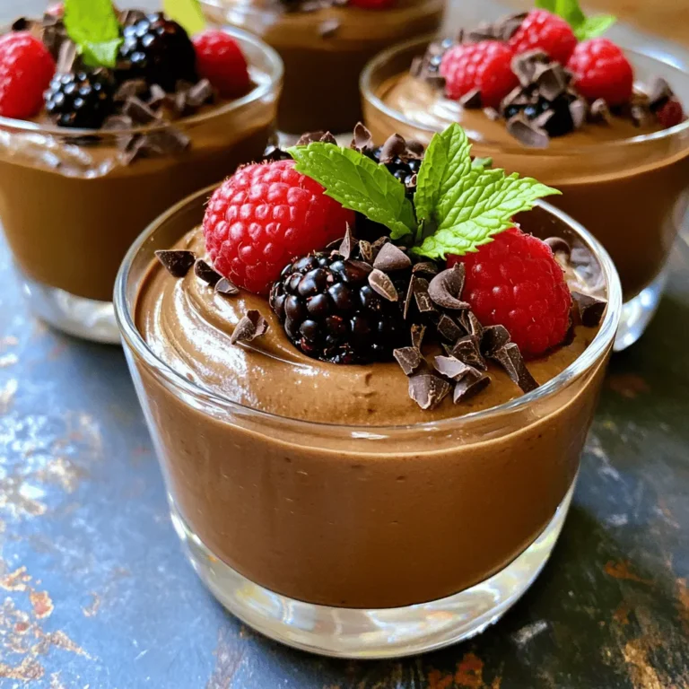 Here’s what you need to make your chocolate avocado mousse. Gather these simple items for a rich and creamy treat: - 2 ripe avocados, peeled and pitted - 1/2 cup unsweetened cocoa powder - 1/2 cup maple syrup or honey - 1/4 cup almond milk (or any milk of your choice) - 1 teaspoon vanilla extract - Pinch of sea salt - Optional garnishes: fresh berries, shaved dark chocolate, or mint leaves Using ripe avocados is key. They give the mousse that silky texture. The cocoa powder adds the deep chocolate flavor. Sweeteners like maple syrup or honey balance the richness. Almond milk adds creaminess without being heavy. A touch of vanilla enhances all the flavors, and sea salt helps round it out. Feel free to get creative with the garnishes. Fresh berries or mint leaves add color and freshness. Shaved dark chocolate gives a nice crunch. You can find the full recipe above to make this delightful dessert. 1. Blending the avocados Start with ripe avocados. Peel and pit them, then place them in a food processor. Blend until they are smooth and creamy. This step gives the mousse its base. 2. Adding cocoa powder and sweeteners Next, add 1/2 cup of unsweetened cocoa powder. Then, pour in 1/2 cup of maple syrup or honey. This mix creates a rich chocolate flavor. Add 1/4 cup of almond milk, 1 teaspoon of vanilla extract, and a pinch of sea salt. 3. Achieving the right mousse consistency Blend everything together until you get a silky texture. If needed, scrape down the sides of the blender. Taste it and adjust the sweetness if you want it sweeter. 4. Transferring to serving dishes Once smooth, transfer the mousse into individual serving dishes or glasses. This makes it perfect for sharing with friends or family. 5. Chilling the mousse Chill the mousse in the refrigerator for at least 30 minutes. This allows the flavors to blend and the mousse to set perfectly. Enjoy the rich and creamy delight of your Chocolate Avocado Mousse! For the complete process and measurements, check out the Full Recipe. To make the best chocolate avocado mousse, start with ripe avocados. They should feel soft when you press them gently. If they are hard, let them ripen a few days. Next, blending is key. Use a high-speed blender or food processor for a smooth texture. Blend the avocados first until creamy. Then, add the cocoa powder, sweetener, milk, vanilla, and salt. Blend again until everything mixes well. Taste your mousse. If it needs more sweetness, add extra maple syrup or honey. Blend again after adjusting. This ensures you get the flavor just right. Garnishing makes your mousse look fancy. Top it with fresh berries or a sprig of mint. You can also add shaved dark chocolate for extra flair. Serve the mousse in small cups or glasses. This makes it easy for guests to enjoy. You can even set up a little topping bar. Let everyone add their favorite garnishes for a fun touch. For the full recipe, check out the details above. {{image_2}} You can change the flavor of your mousse easily. Adding nut butter makes it creamier. Try almond or peanut butter for a rich taste. This simple addition gives the mousse a delightful twist. You can also use different sweeteners. Maple syrup is great, but honey works too. For a sugar-free option, try using stevia or agave syrup. Each sweetener adds a unique flavor. Experiment to find your favorite! This recipe is flexible for many diets. To make it vegan, just use maple syrup. It’s already dairy-free since we use almond milk. You can enjoy it without worry. If you follow a keto diet, swap the maple syrup for a low-carb sweetener. You can use erythritol or monk fruit. This keeps the mousse tasty while lowering carbs. For allergies, substitute ingredients as needed. If you can’t have avocados, try silken tofu. It gives a similar creamy texture. Always check labels for allergens in your ingredients. Try these variations for a mousse that suits your taste and needs. For the full recipe, check the details provided in the beginning! To keep your chocolate avocado mousse fresh, place it in an airtight container. Make sure to seal it tightly. This helps to keep moisture out and preserves flavor. You can store it in the fridge for up to three days. After three days, the mousse may start to lose its smooth texture. If you see any browning on top, simply stir it in before serving. Freezing the mousse is a great way to save some for later. To freeze, scoop the mousse into individual serving cups. Cover each cup with plastic wrap or a lid. This prevents freezer burn. You can freeze it for up to a month. When you want to enjoy it, move the mousse to the fridge for a few hours to thaw. Avoid microwaving, as it may change the texture. Enjoy your rich and creamy delight whenever you like! For the full recipe, check out the details above. Can you taste the avocado in the mousse? No, you cannot taste the avocado. The cocoa powder and sweeteners mask the flavor. Avocado adds creaminess and healthy fats, making the mousse rich without changing the taste. How long does the mousse last in the fridge? The mousse keeps well for about three days in the fridge. Store it in an airtight container to maintain freshness. If you notice any browning, just give it a stir. Can I use other types of milk? Yes, you can use any milk you like. Almond milk works great, but coconut or soy milk are good too. Each type of milk adds a unique flavor to the mousse. Is this recipe suitable for beginners? Absolutely! This recipe is simple and quick. With just a few ingredients and a blender, anyone can make this delicious dessert. It’s a great way to start cooking with avocados. Can I make it ahead of time? Yes, you can make the mousse ahead of time. Chill it for at least 30 minutes before serving. This allows the flavors to meld together nicely. It’s perfect for parties or family gatherings. For the full recipe, check out the section above. This blog post has shown how to make a tasty avocado mousse. We covered key ingredients, blending steps, and tips for the perfect texture. You can even add your twist with flavors and toppings. Store the mousse right to keep it fresh. Remember, this treat is easy to make and fun to enjoy. Experiment with variations to suit your taste. Dive in and delight your friends with this creamy dessert!