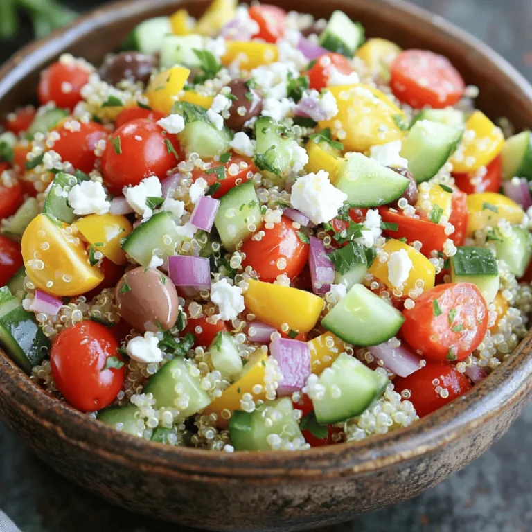 - 1 cup quinoa, rinsed - 2 cups vegetable broth - 1 cup cherry tomatoes, halved - 1 cucumber, diced - 1 bell pepper (red or yellow), diced - 1/2 red onion, finely chopped - 1/2 cup Kalamata olives, pitted and sliced - 1/2 cup feta cheese, crumbled (optional for a vegan version) - 1/4 cup fresh parsley, chopped - 1/4 cup olive oil - 2 tablespoons lemon juice - 1 teaspoon dried oregano - Salt and pepper to taste Gathering the right ingredients makes this salad shine. Start with quinoa. Quinoa is a grain that is high in protein. It also has fiber, which is great for digestion. Rinse it well before cooking to remove a bitter coating. Next, use vegetable broth instead of water for a richer flavor. Fresh veggies add crunch and color. Cherry tomatoes bring sweetness. Dice a cucumber and a bell pepper for freshness. Finely chop red onion for a sharp taste. Kalamata olives add a salty touch and depth. If you like cheese, crumble feta for a creamier texture. Lastly, parsley adds brightness. For the dressing, use olive oil and lemon juice. They create a zesty flavor. Dried oregano adds an earthy note. Don’t forget to season with salt and pepper to taste. You can find the full recipe for Mediterranean Quinoa Salad at the end of this article. To start, you need to prepare the quinoa. First, combine the rinsed quinoa and vegetable broth in a medium saucepan. This step is key, as the broth adds rich flavor to the quinoa. Bring the mixture to a boil over medium heat. Once it reaches a boil, reduce the heat to low. Cover the saucepan and let it simmer for about 15 minutes. The quinoa will absorb the broth and become fluffy. After cooking, fluff it with a fork and set aside to cool. While the quinoa cools, it’s time to chop the vegetables. Grab a large bowl and combine cherry tomatoes, cucumber, bell pepper, red onion, olives, and parsley. Each ingredient adds a burst of flavor and color. The tomatoes bring sweetness, while the olives add a salty touch. Make sure to chop everything into bite-sized pieces for easy eating. Next, let’s make the dressing. In a small bowl, whisk together olive oil, lemon juice, dried oregano, salt, and pepper. This dressing is simple but full of bright flavors. The olive oil and lemon juice create a nice balance, while the oregano adds a Mediterranean touch. Whisk until well combined and set aside for later. Now, it’s time to bring everything together. Once the quinoa has cooled to room temperature, add it to the bowl with the chopped vegetables. Pour the dressing over the mixture and toss gently. This action ensures that all the ingredients get coated in the dressing. If you like, sprinkle crumbled feta cheese on top for extra creaminess. Toss gently once more to combine. Allow the salad to sit for at least 15 minutes. This waiting period helps the flavors meld together beautifully. For the full recipe, check out the complete guide above! To make the best quinoa, start by rinsing it. Rinsing removes any bitterness. Use cold water and a fine mesh strainer. This step is key for a great taste. Next, cook quinoa in vegetable broth. This adds flavor and depth to the dish. For a zesty kick, try adding minced garlic or a bit of mustard to the dressing. Both options bring new flavors to the salad. You can also adjust the lemon juice. Add more if you love tang, or less if you prefer a milder taste. Serve your Mediterranean quinoa salad chilled or at room temperature. It tastes great either way. This salad works well as a side dish or a light main course. Pair it with grilled fish or chicken for a complete meal. Enjoy this fresh and flavorful dish with friends and family! {{image_2}} You can boost the protein in your Mediterranean quinoa salad easily. Add grilled chicken for a hearty touch. If you prefer a plant-based option, toss in some chickpeas. They add texture and keep the salad filling. If you want a vegan twist, try substituting feta cheese with nutritional yeast. This swap gives a cheesy flavor without dairy. Using seasonal vegetables makes this salad even better. Fresh produce shines in your dish and enhances flavors. In summer, try ripe tomatoes and crisp cucumbers. In spring, asparagus and peas are delightful choices. Don't forget to play with herbs, too! Fresh basil or mint can add a bright note to your salad. Quinoa is great, but it’s not your only option. You can swap quinoa for couscous, farro, or barley. Each grain brings its unique flavor and texture. If you need a gluten-free option, quinoa is perfect. You can also use gluten-free grains like brown rice or millet. Enjoy exploring these variations to find your perfect mix! Store any leftover salad in an airtight container. This helps keep it fresh. You should eat it within 3-4 days. After that, the flavors may fade. You can freeze this salad, but it might change the texture. If you choose to freeze it, let it thaw overnight in the refrigerator before serving. This way, it returns to a better state. To keep the salad crisp, store the dressing separately. Add it just before serving. Also, chop and mix in fresh veggies at the last minute for the best crunch. Yes, it can be made a day in advance for flavor development. Making it ahead of time allows the flavors to blend nicely. This means you get a more vibrant taste when you serve it. Couscous, bulgur, or brown rice are excellent alternatives. These grains have unique flavors and textures. You could try mixing them for a fun twist. Yes, quinoa is naturally gluten-free, making this salad a great choice. If you stick with quinoa, you can enjoy this dish without worry. Prep time is about 10 minutes, with a total time of approximately 40 minutes. This quick recipe is perfect for busy days or meal prep. Absolutely, use any favorite vegetables or what you have on hand. You can add spinach, carrots, or even artichokes. The options are endless! It’s packed with fresh vegetables, whole grains, and healthy fats. The mix of nutrients helps keep you full and satisfied. Plus, it’s colorful and fun to eat! In this blog post, we explored a simple yet delicious Mediterranean Quinoa Salad. We highlighted key ingredients, their nutritional benefits, and step-by-step instructions for preparation. I shared tips for perfecting the dish and suggested variations to suit your tastes. Remember, this salad is not only easy to make but also packed with flavor and nutrients. Feel free to customize it with your favorite ingredients. Enjoy this refreshing dish for any meal, and share it with friends for a healthy treat.