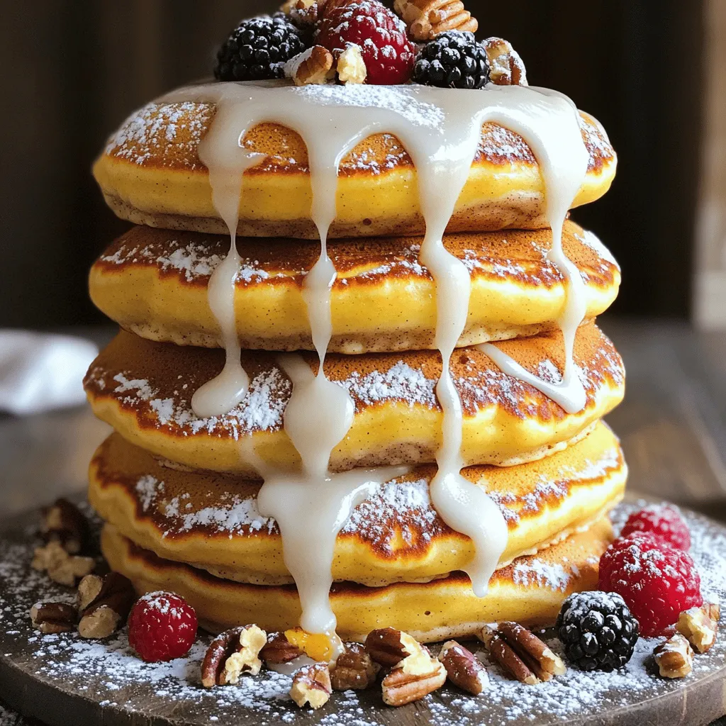 To create the magic of cinnamon roll pancakes, gather these key ingredients: - 1 cup all-purpose flour - 2 tablespoons granulated sugar - 1 tablespoon baking powder - 1/2 teaspoon salt - 1 cup milk (or substitute with almond milk) - 1 large egg - 2 tablespoons melted butter - 1 teaspoon vanilla extract These ingredients form the base of your pancake batter. Each one plays an important role to create a fluffy and delightful pancake experience. Next, let's prepare the sweet cinnamon swirl. You will need: - 2 tablespoons brown sugar - 1 tablespoon ground cinnamon - 2 tablespoons softened butter This mixture adds the classic cinnamon flavor we love. It creates a beautiful swirl that makes each bite special. To finish off these pancakes, we need a creamy glaze. Gather these items: - 4 oz cream cheese, softened - 1/2 cup powdered sugar - 2 tablespoons milk - 1/2 teaspoon vanilla extract This glaze brings richness and sweetness. It ties together the flavors and makes the pancakes extra special. For the complete recipe, feel free to check out the full recipe. Enjoy every bite of your delicious creation! To start, grab a small bowl. In this bowl, mix together the brown sugar, ground cinnamon, and softened butter. Use a fork or spoon to blend them until creamy. This cinnamon swirl mixture adds flavor to your pancakes. Once mixed, transfer it to a piping bag or a small zip-lock bag. Cut off one corner for easy piping later. Next, take a large mixing bowl. In this bowl, whisk the all-purpose flour, granulated sugar, baking powder, and salt. In another bowl, whisk the milk, egg, melted butter, and vanilla extract together. Pour the wet ingredients into the dry ones. Stir gently until they just combine. Remember, it’s okay to have some lumps in the batter. Heat a non-stick skillet or griddle over medium heat. Lightly grease the surface with cooking spray or butter. Pour about 1/4 cup of pancake batter onto the skillet. As it cooks, use your piping bag to spiral the cinnamon mixture on top. Cook for 3-4 minutes until bubbles form on the surface. Flip the pancake and cook for another 2-3 minutes until golden brown. While the pancakes cook, prepare the cream cheese glaze. In a medium bowl, mix the softened cream cheese and powdered sugar using an electric mixer. Blend until smooth. Add milk and vanilla extract, whisking until it’s pourable. If it’s too thick, add a bit more milk to get the right thickness. Once cooked, stack the pancakes on a plate. Drizzle each layer with the cream cheese glaze. You can add more cinnamon or chopped nuts on top for texture. Presentation is key! Serve on a large platter, dusting with powdered sugar and garnishing with fresh berries or chopped pecans. Enjoy your delicious stack! For the full recipe, check the previous sections. To get fluffy pancakes, use fresh baking powder. This makes a big difference. Mix the dry and wet ingredients gently. Overmixing makes pancakes tough. Leave some lumps in the batter. Let the batter rest for about 5 minutes before cooking. This helps the pancakes rise better. Serve your pancakes warm with the cream cheese glaze on top. Add a sprinkle of cinnamon for extra flavor. Fresh berries make a great topping too. You can also add chopped nuts for crunch. If you like a little sweetness, drizzle maple syrup over the stack. Avoid using cold ingredients. Cold milk and eggs can lead to flat pancakes. Don’t cook the pancakes on high heat. This can burn the outside while leaving the inside raw. Lastly, don’t skip the resting time. It’s key for fluffy pancakes. For the full recipe, check out the steps above and enjoy your delicious breakfast! {{image_2}} You can mix up the flavor of your cinnamon roll pancakes by adding fun ingredients. Try adding chocolate chips to the batter for a sweet twist. You can also include vanilla or almond extract for a unique taste. Another great option is to use pumpkin puree in the batter during fall. It adds a lovely flavor and pairs well with cinnamon. The glaze is key, but don’t stop there! Top your pancakes with whipped cream for extra fluffiness. You can also drizzle maple syrup for a classic touch. Fresh fruits like strawberries or blueberries add color and flavor. For a crunchy element, sprinkle chopped nuts like pecans or walnuts on top. These add a nice texture and a nutty taste. You can easily make these pancakes vegan by swapping a few ingredients. Use almond milk or any plant-based milk instead of regular milk. Replace the egg with a flax egg or applesauce. For gluten-free options, substitute all-purpose flour with a gluten-free flour blend. Just be sure to check the blend for good results. These changes keep the pancakes delicious and suitable for everyone! For the full recipe, check the details above. To store leftover pancakes, let them cool first. Place them in an airtight container. You can stack them with parchment paper in between to keep them from sticking. Seal the container tightly to keep out air. Store them in the fridge for up to three days. When you are ready to eat your pancakes, you can reheat them easily. Use a microwave for quick heating. Place a pancake on a plate and cover it with a damp paper towel. Heat for about 20-30 seconds. For a crispier texture, heat them in a pan on low heat for a few minutes. You can also freeze cinnamon roll pancakes for later. First, let them cool completely. Then, place them in a single layer on a baking sheet. Freeze them for about an hour. Once frozen, transfer them to a freezer-safe bag. They can last up to two months in the freezer. When you want to eat them, thaw in the fridge overnight before reheating. For the full recipe, check out the main article. To make a perfect cinnamon roll swirl, you need a smooth mixture. Blend brown sugar, ground cinnamon, and softened butter well. Use a piping bag to swirl it on the pancake batter while it cooks. This gives you that classic swirl design. Practice makes perfect, so don’t worry if it’s not perfect on the first try! Yes, you can substitute some ingredients in this recipe. For the flour, you can use whole wheat flour or gluten-free flour. Instead of regular milk, almond milk works well too. You can swap out the egg for a flax egg for a vegan option. Just keep in mind that these changes may slightly alter the taste and texture. The best toppings are the cream cheese glaze, of course! You can also add fresh berries like strawberries or blueberries for some sweetness. Chopped nuts, like pecans or walnuts, add crunch. A drizzle of maple syrup or even a sprinkle of powdered sugar can enhance the flavor too. To make these pancakes ahead of time, cook them as usual and let them cool. Once cooled, stack them with parchment paper between each pancake. Place the stack in an airtight container and store in the fridge. You can reheat them in the microwave or on a skillet when you are ready to serve. Cinnamon roll pancakes pair well with crispy bacon or sausage for a savory touch. Fresh fruit, like bananas or berries, adds a nice balance. A hot cup of coffee or a refreshing glass of orange juice completes the meal perfectly. For a special treat, consider serving them with whipped cream on top! These cinnamon roll pancakes are easy and fun to make. We covered the main ingredients, swirl mixture, and cream cheese glaze. I shared step-by-step instructions to guide you, plus tips to ensure fluffy pancakes. You can try different flavors or toppings to make them your own. Store leftovers properly to keep them fresh. I hope these tips help you create delicious pancakes that bring joy to your breakfast table. Enjoy every fluffy bite!