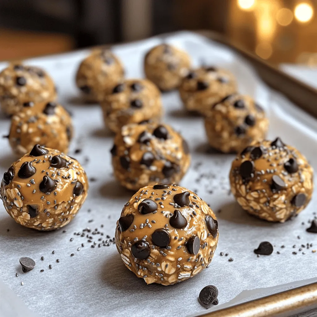 - 1 cup rolled oats - 1/2 cup creamy peanut butter - 1/4 cup honey or maple syrup - 1/2 cup dark chocolate chips - 1/4 cup chia seeds - 1/2 teaspoon vanilla extract - A pinch of sea salt Let’s dive right into the ingredients that make these Peanut Butter Chocolate Chip Energy Bites a hit. Rolled oats are the base of this recipe. They give your bites a chewy texture and provide fiber. Fiber helps with digestion, keeping you full longer. Next, we use creamy peanut butter. It adds rich flavor and healthy fats. You can also use crunchy peanut butter if you like some texture. For sweetness, you can choose between honey or maple syrup. Both work well, but honey is thicker, while maple syrup has a lighter taste. Now, let’s talk about dark chocolate chips. They bring a sweet touch and some antioxidants. I like to use dark chocolate for a richer flavor. Adding chia seeds is a great way to boost nutrition. They are high in omega-3 fatty acids and fiber. These tiny seeds absorb water, helping you feel full. We also need vanilla extract. This small amount adds a warm, sweet flavor that enhances all ingredients. Finally, we add a pinch of sea salt. Salt balances the sweetness and brings out the flavors. - Calories per serving: About 100 calories - Macronutrient breakdown: - Carbs: 12 grams - Protein: 3 grams - Fat: 5 grams The energy bites are packed with nutrients. Each serving gives you a good mix of carbs, protein, and healthy fats. This mix keeps your energy up. Health benefits of ingredients: - Rolled oats help with digestion and heart health. - Peanut butter provides healthy fats and protein. - Dark chocolate offers antioxidants that may improve heart health. - Chia seeds boost your omega-3 intake. These bites are a smart choice for a quick snack or a pre-workout boost. For the full recipe, check out the instructions above! 1. In a mixing bowl, combine the rolled oats, creamy peanut butter, and honey (or maple syrup). Stir until well mixed. This base gives the bites a great texture and taste. 2. Next, add the dark chocolate chips, chia seeds, vanilla extract, and a pinch of sea salt. Mix thoroughly until every bit is combined. The chocolate and chia seeds add flavor and nutrition. 3. Once everything is mixed, use your hands to form small balls, about 1 inch wide. If the mixture feels sticky, wet your hands a little. This makes rolling much easier. 4. Place the energy bites on a parchment-lined baking sheet. Spread them out in a single layer, so they don't stick together. 1. Put the baking sheet in the fridge for about 30 minutes. This helps the bites firm up nicely. 2. After chilling, store the bites in an airtight container. Keep them in the fridge for up to 1 week. If you enjoy them like I do, they may not last long! Enjoy them as a snack or before a workout. For the complete recipe, check [Full Recipe]. To make your peanut butter chocolate chip energy bites just right, you can adjust the sweetness. If you like things sweeter, add a bit more honey or maple syrup. For a less sweet bite, reduce the amount of sweetener. Taste the mixture before you roll them into balls. This way, you can find the taste you love. Texture matters too. You want your energy bites to be firm but still soft. If they feel too loose, add a little more oats or chia seeds. If they are too dry, a splash of water or more peanut butter can help. The right texture makes them fun to eat. One common mistake is overmixing. Once you combine the ingredients, stop mixing when they just come together. If you mix too long, the bites can become tough. Another mistake is using the wrong amounts of ingredients. Always measure carefully. If you add too much peanut butter, the bites may be too sticky. If you use too many oats, they can dry out. Stick to the recipe for the best results. For the full recipe, check the earlier section. {{image_2}} You can easily change the flavor of your peanut butter chocolate chip energy bites. Here are some fun ways to mix it up: - Adding nuts or seeds: Try adding chopped nuts like almonds or walnuts. You can also use seeds like sunflower or pumpkin seeds. This adds crunch and extra nutrition. - Using different nut butters: If you want a twist, swap the peanut butter for almond, cashew, or sunflower seed butter. Each nut butter brings its own taste and texture. You can adapt these energy bites to fit different diets. Here are two popular options: - Vegan options: To make them vegan, just use maple syrup instead of honey. This keeps them sweet and ensures they are plant-based. - Gluten-free variations: The rolled oats are usually gluten-free, but check the label to be sure. If you need more gluten-free options, try using gluten-free oats. These simple changes can help you enjoy the energy bites in new ways while sticking to your dietary needs. Don't forget to check the Full Recipe for all the details! To keep your peanut butter chocolate chip energy bites fresh, use an airtight container. This helps prevent moisture and keeps them tasty. You can store them in the fridge or freezer. In the fridge, they stay firm and cool. If you want them for a longer time, freezing works well too. Just make sure to label the container with the date. When stored in the fridge, energy bites last about one week. If you freeze them, they can last for up to three months. Look for signs of spoilage. If they smell funny or feel dry, it’s time to toss them. Enjoy your bites, and check out the Full Recipe for more tips! You can replace honey with maple syrup or agave syrup. Both options add sweetness. You can also use mashed bananas for a different flavor. Adjust the amount to your taste. Yes, you can use crunchy peanut butter. It adds a nice texture and flavor. Just keep in mind that it may change the bite's consistency a bit. If you like a bit of crunch, go for it! Energy bites are great for snacks, workouts, or quick breakfast options. They are easy to grab on the go. You can also pack them for school lunches or take them on hikes for a quick energy boost. To boost protein, add protein powder or use a nut butter with more protein. You can also mix in seeds like pumpkin or hemp seeds. These changes keep energy bites tasty while adding more protein. You can create delicious Peanut Butter Chocolate Chip Energy Bites with simple ingredients. Remember to adjust sweetness and texture to your liking. Store them properly in an airtight container, and enjoy them over time. Explore flavor variations to keep things exciting. If you run into any questions, refer back to the FAQs for guidance. Enjoy your healthy snacks!