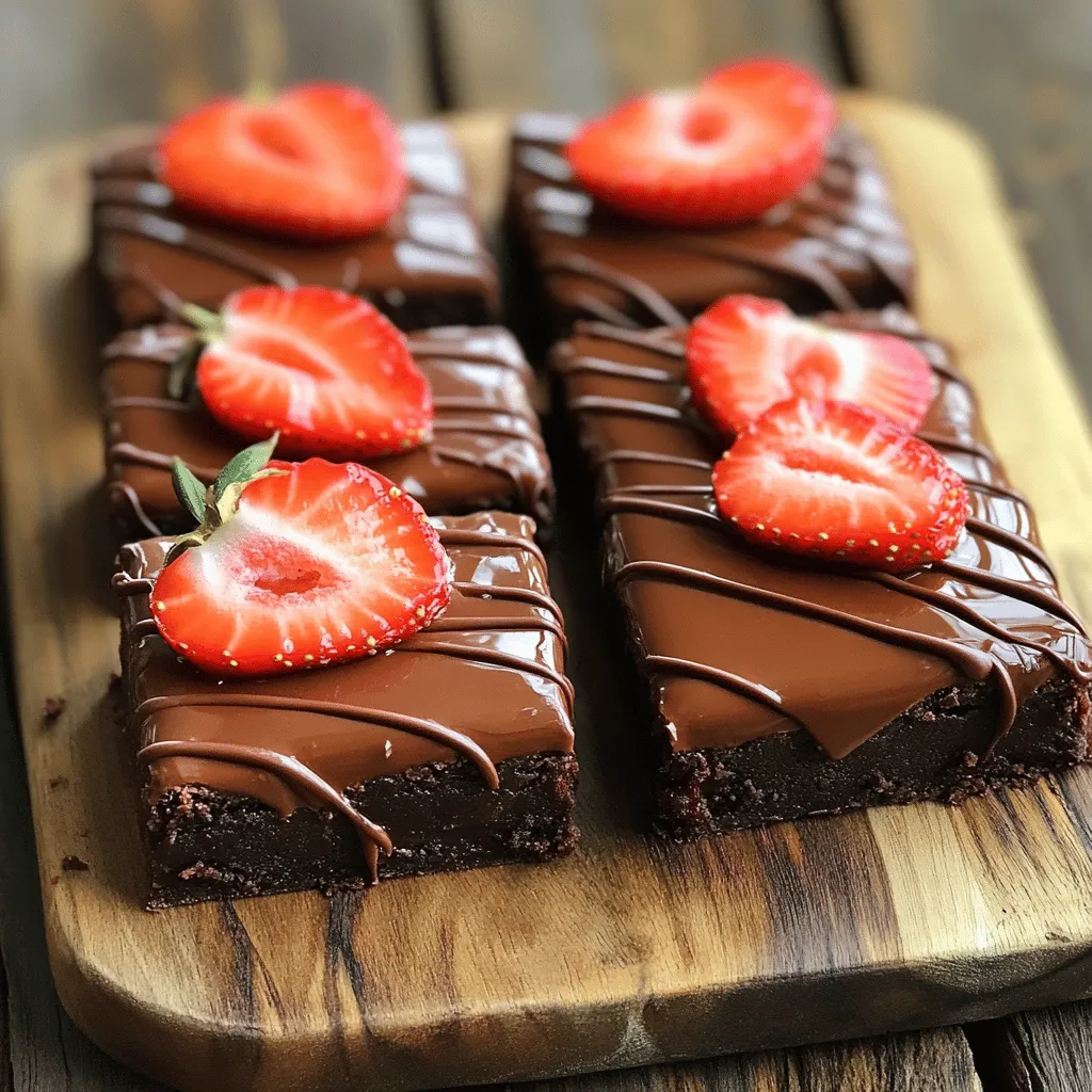 To create chocolate covered strawberry brownies, gather the following key ingredients: - 1 cup unsalted butter, melted - 2 cups granulated sugar - 4 large eggs - 1 teaspoon vanilla extract - 2/3 cup unsweetened cocoa powder - 1 1/2 cups all-purpose flour - 1/2 teaspoon salt - 1/2 teaspoon baking powder - 1 cup semi-sweet chocolate chips - 1 cup fresh strawberries, hulled and sliced - 1 cup milk chocolate for melting (for the topping) - 1 tablespoon coconut oil (for the melted chocolate) Using high-quality chocolate and fresh strawberries is crucial. Good chocolate adds rich flavor. Fresh strawberries provide a juicy burst of taste. Their sweetness balances the brownies' deep chocolate. If you have dietary restrictions, there are alternatives. Use vegan butter to replace unsalted butter. You can swap eggs with flaxseed meal mixed with water. For gluten-free brownies, substitute all-purpose flour with almond flour or a gluten-free blend. These swaps keep the brownies delicious and satisfying for everyone. For the full recipe, check the details before you start baking. To make chocolate covered strawberry brownies, let's dive into the detailed steps. 1. Preheat your oven. Set it to 350°F (175°C). Greasing a 9x13 inch pan helps the brownies lift out easily. Line it with parchment paper, leaving some overhang. 2. Mix the wet ingredients. In a large bowl, combine 1 cup of melted butter and 2 cups of granulated sugar. Whisk them until they blend smoothly. 3. Add the eggs. Crack in 4 large eggs, one at a time. Whisk well after each addition. Stir in 1 teaspoon of vanilla extract. 4. Sift the dry ingredients. Now, add 2/3 cup of cocoa powder, 1 1/2 cups of flour, 1/2 teaspoon of salt, and 1/2 teaspoon of baking powder. Gently fold these into the wet mix. Be careful not to overmix; it's okay if some flour shows. 5. Fold in chocolate chips. Add 1 cup of semi-sweet chocolate chips to the batter, folding them in evenly. 6. Bake the brownies. Pour the batter into your prepared pan. Smooth the top with a spatula. Bake for 25-30 minutes. A toothpick should come out with a few moist crumbs. 7. Cool the brownies. After baking, let them cool in the pan for about 15 minutes. Use the parchment paper to lift them out. Transfer them to a wire rack to cool completely. 8. Prepare the chocolate coating. In a microwave-safe bowl, mix 1 cup of milk chocolate and 1 tablespoon of coconut oil. Heat in 15-30 second bursts, stirring often, until melted and smooth. 9. Cut the brownies. Once cooled, cut the brownies into squares. 10. Dip each brownie. Dip the top of each brownie into the melted chocolate. Let any excess chocolate drip off. 11. Add strawberries. Place each dipped brownie on a tray lined with parchment paper. Top each with a sliced strawberry, gently pressing it into the chocolate. 12. Set the chocolate. Let the chocolate set at room temperature. You can speed things up by placing the tray in the fridge for about 15 minutes. These steps will give you delicious chocolate covered strawberry brownies! For the complete recipe, check out the [Full Recipe]. To test brownies for doneness, insert a toothpick into the center. It should come out with a few moist crumbs, not wet batter. If you find wet batter, bake a little longer. Each oven is different. So, adjust the baking time as needed. A good rule is to check them a few minutes before the time is up. For a fudgy brownie, use more butter and less flour. This will give you a rich, soft texture. If you prefer a cakey brownie, add an extra egg and a bit more flour. This changes the structure and makes them light. Presenting chocolate covered strawberry brownies can be fun and creative. Try arranging them on a large platter for a beautiful display. Drizzling leftover melted chocolate over the brownies adds a nice touch. Garnish with whole strawberries or mint leaves for color. This makes your dish pop, especially at parties. For special occasions, serve on pretty plates or tiered stands. It adds elegance to any dessert table. For the full recipe, check out the detailed instructions above. {{image_2}} You can have fun with chocolate covered strawberry brownies by adding different flavors. Here are some ideas to get you started: - Adding nuts or other fruits for flavor variations: Chopped nuts like walnuts or pecans can add a nice crunch. You can also mix in dried fruits like cherries or cranberries for a fruity twist. - Using different types of chocolate for coating: Try using dark chocolate or white chocolate instead of milk chocolate. Each type adds its own taste and richness to your brownies. You can even mix chocolates for a layered effect. - Gluten-free or vegan versions of the recipe: To make these brownies gluten-free, use almond flour or a gluten-free flour blend. For a vegan version, swap eggs for flax eggs and use dairy-free chocolate. Both options taste great and allow everyone to enjoy this treat. These variations keep the recipe fresh and exciting. You can enjoy a new flavor every time you make them! For the full recipe, check out the details above. To keep your chocolate covered strawberry brownies fresh, store them in an airtight container. This prevents them from drying out. You can keep them at room temperature for up to three days. If you want them to last longer, try the fridge. They stay good for about a week there. If you need to freeze your brownies, wrap them well in plastic wrap. Then place them in a freezer bag. They can be frozen for up to three months. When you're ready to enjoy them, simply thaw them in the fridge overnight. Remember, the chocolate may lose some shine after freezing, but the taste will still be great. Enjoy your brownies at room temperature for the best flavor. This way, the chocolate and strawberries shine! You can use applesauce as an egg substitute. Use 1/4 cup of applesauce for each egg. Another option is to use flaxseed meal. Mix 1 tablespoon of flaxseed meal with 2.5 tablespoons of water. Let it sit for a few minutes until it thickens. This will help bind the brownies. Yes, you can make these brownies a day or two in advance. Just store them in an airtight container. This will keep them fresh and moist. You can also freeze them for longer storage. Wrap them well, and they will last up to three months in the freezer. Look for strawberries that are bright red and firm to the touch. Avoid any with dark spots or bruises. The green leaves should be fresh and vibrant. If the strawberries smell sweet, they are likely ripe and tasty. I recommend using high-quality milk chocolate or semi-sweet chocolate. These types melt well and provide a great flavor. You can also use dark chocolate if you prefer a richer taste. Always mix in a little coconut oil to help it melt smoothly. In this post, we covered key ingredients for chocolate-covered strawberry brownies, focusing on quality and alternatives. I shared step-by-step instructions to ensure perfect brownies and tips for checking doneness. Presentation ideas can make your treats special, while variations allow for creativity. Lastly, I highlighted storage best practices to keep your brownies fresh. Enjoy making and sharing these delicious brownies! They'll impress your friends and family every time.