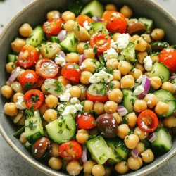 To make a great Mediterranean chickpea salad, you need fresh, vibrant items. Here’s what you’ll use: - 2 cans (15 oz each) of chickpeas, drained and rinsed - 1 red bell pepper, diced - 1 cucumber, diced - 1 small red onion, finely chopped - 1 cup cherry tomatoes, halved - 1/2 cup Kalamata olives, pitted and sliced - 1/2 cup feta cheese, crumbled - 1/4 cup fresh parsley, chopped These pantry staples are key to the flavor of your salad: - 3 tablespoons olive oil - 2 tablespoons lemon juice - 1 clove garlic, minced - 1 teaspoon dried oregano - Salt and pepper to taste Choose high-quality ingredients for the best taste. Here are my tips: - Use fresh vegetables. They add crunch and color. - Pick ripe cherry tomatoes. They should be sweet and juicy. - Select good-quality feta cheese. It enhances the creamy texture. - Go for Kalamata olives. They bring a rich, briny flavor. - Opt for extra virgin olive oil. It adds depth to your dressing. For the full recipe, check out Mediterranean Chickpea Delight 🥗. Start by gathering all your fresh veggies. You need two cans of chickpeas. Drain and rinse them well. Next, take a red bell pepper and dice it into small pieces. Then, grab a cucumber and do the same. Chop a small red onion finely. Slice your cherry tomatoes in half. For a nice salty kick, pit and slice the Kalamata olives. Finally, chop fresh parsley for a burst of color and flavor. Now, let’s make the dressing. In a small bowl, add three tablespoons of olive oil. Pour in two tablespoons of fresh lemon juice. Next, add one minced garlic clove. Sprinkle in one teaspoon of dried oregano. Season with salt and pepper to taste. Whisk everything together until it blends smoothly. This dressing brings the salad to life! In a large mixing bowl, combine all your prepared vegetables. Pour the dressing over the mixture. Gently toss everything together to coat the veggies well. Add half a cup of crumbled feta cheese. Be careful not to break the cheese too much. Let the salad sit for about 15 to 20 minutes. This rest time lets the flavors mix and grow. For the full recipe, check the section above! To make your Mediterranean chickpea salad shine, focus on fresh ingredients. Use ripe tomatoes and crisp cucumbers for the best taste. The right balance of flavors makes a big difference. The salty feta pairs well with sweet bell peppers. Adding lemon juice brightens the dish. Taste your salad before serving. Adjust salt and pepper for a perfect flavor. Feel free to make your salad unique. You can add grilled chicken or shrimp for protein. For a twist, try adding avocado or artichokes. If you like a kick, toss in some jalapeños. Change the herbs too; basil or mint work great. Make it your own by mixing and matching ingredients that you enjoy. Serving your salad well makes it more inviting. Use a large shallow bowl for a beautiful look. Garnish with extra parsley and a drizzle of olive oil. You can also sprinkle more feta on top for a nice touch. Serve it with warm pita bread or over greens for added flair. These small details make your meal more appealing and tasty. Check out the Full Recipe for more ideas! {{image_2}} You can easily add protein to your Mediterranean chickpea salad. Try adding grilled chicken, tuna, or shrimp for a heartier meal. Tofu or tempeh also work well for a plant-based option. These proteins boost the salad's nutrition and flavor. I love adding a simple grilled chicken breast sliced on top. It pairs nicely with the fresh veggies and tangy dressing. While the classic dressing is tasty, you can change it up. Try a tahini dressing for a creamy twist. Mix tahini, lemon juice, garlic, and water for a smooth blend. Or, go for a balsamic vinaigrette for a sweet touch. Experimenting with different dressings keeps the salad exciting. You can even add spices like cumin or smoked paprika for depth. Seasonal swaps can make your salad even more vibrant. In summer, add fresh corn or ripe avocado for creaminess. In fall, try roasted sweet potatoes or butternut squash. Winter brings great options like roasted beets or Brussels sprouts. Using what's in season ensures fresh flavors year-round. You can create variations based on the time of year. This keeps your Mediterranean chickpea salad fresh and fun! For the detailed steps, check out the Full Recipe. To keep your Mediterranean chickpea salad fresh, use an airtight container. Place the salad in the container right after serving. This helps lock in flavors and keeps it cool. If you have leftovers, store them in the fridge. Avoid adding the dressing until you are ready to eat. The dressing can make the salad soggy if it sits too long. Keep the feta cheese separate if you plan to store leftovers. This way, the cheese stays fresh and tasty. You can enjoy the salad for up to three days in the fridge. After three days, the vegetables may lose their crispness. If you notice any off smells or changes in color, it's best to toss it. For the best taste, eat it within two days. For the full recipe, check out the Mediterranean Chickpea Delight section. Yes, you can make this salad ahead of time. It tastes great cold and keeps well. I suggest making it a few hours before serving. Letting it sit helps the flavors mix. If you make it the night before, the taste will be even better! Absolutely! This salad is perfect for meal prep. It holds up well in the fridge. You can pack individual portions in containers. Just keep the feta cheese separate until you’re ready to eat. This keeps it fresh and delicious. Chickpeas are very healthy and packed with nutrients. They are high in protein and fiber. This helps you feel full longer. They also contain vitamins and minerals like iron and magnesium. Eating chickpeas can support heart health and help with digestion. They are a great addition to any meal. This blog post covered how to make a tasty Mediterranean chickpea salad. We discussed fresh ingredients and pantry items, plus ways to store leftovers. I shared tips for the best flavor and some fun variations. You can enjoy this salad anytime, whether as a meal prep option or a side dish. Keep it fresh and customize it as you like. The chickpeas offer great nutrition, making this salad a smart choice. Enjoy experimenting with flavors and sharing your creation!