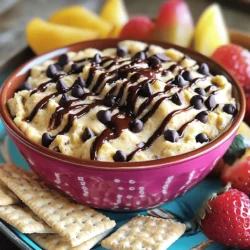 - 1 cup of heat-treated all-purpose flour - ½ cup of packed brown sugar - ½ cup of granulated sugar - ½ cup of softened unsalted butter - 1 teaspoon of vanilla extract - ½ teaspoon of salt - 1 cup of mini chocolate chips - 1 cup of softened cream cheese - ¼ cup of powdered sugar - 1 tablespoon of milk (optional for consistency) Chocolate Chip Cookie Dough Dip is a fun treat. You can make it quickly with simple ingredients. First, we need heat-treated flour. This step keeps your dip safe to eat. You can heat the flour in the oven for about five minutes. The next key ingredients are the sugars. I use both brown and granulated sugars for sweetness. The brown sugar adds a nice caramel flavor. The butter, when softened, helps everything mix well. Don’t forget the cream cheese; it gives the dip a rich and creamy texture. Vanilla extract adds a warm flavor that ties it all together. And a pinch of salt balances the sweetness. The mini chocolate chips bring joy to each bite. Finally, powdered sugar makes the dip extra sweet. If you want a smoother dip, use milk. Just add a little at a time until you get the right consistency. This mix of ingredients creates a delightful dip perfect for sharing. For the full recipe, check the instructions above. 1. Preheat your oven to 350°F (175°C). This step is key. 2. Spread the flour on a baking sheet. This helps kill any germs. 3. Toast the flour for 5 minutes in the oven. Let it cool completely before you use it. 1. In a large bowl, cream together the softened butter, brown sugar, and granulated sugar. 2. Use an electric mixer for about 2-3 minutes. The mix should be light and fluffy. 3. Next, add the softened cream cheese and vanilla extract. Beat until smooth and well mixed. 1. Gradually add the cooled, toasted flour and salt into the bowl. Mix on low speed. 2. Fold in the mini chocolate chips with a spatula. Make sure they are evenly spread. 3. If the dip feels too thick, add 1 tablespoon of milk at a time. Keep mixing until you reach your desired consistency. 4. Transfer the dip to a serving bowl. Chill it in the fridge for at least 30 minutes. This lets the flavors blend well. For the complete recipe, check the Full Recipe. Enjoy your tasty treat with graham crackers or fruit! To get the right texture for your dip, focus on the base. You want it creamy but not runny. If it's too thick, add milk slowly. Start with one tablespoon and mix. Keep adding until it's just right for you. Adjusting sweetness is also key. Taste the dip after mixing. If you like it sweeter, add a bit more brown sugar or powdered sugar. Mix well and taste again. For the best dippers, I love graham crackers, pretzels, and fresh fruits. The sweet dip pairs well with salty snacks. It makes every bite fun! When presenting at a party, use a bright bowl. A drizzle of chocolate sauce on top adds flair. Lay out your dippers around the bowl. This makes it easy for guests to dig in. You can find the full recipe above to create this tasty treat! {{image_2}} You can make this dip even more fun by adding mix-ins. Try nuts like walnuts or pecans for crunch. Dried fruit like cranberries or raisins adds a sweet twist. You can also use different chocolate chips. Dark chocolate chips give a rich taste. Milk chocolate chips are sweeter and creamier. White chocolate chips can make it extra sweet and fun. Want a gluten-free dip? Use gluten-free flour instead of regular flour. This swap keeps all the flavors intact. If you're looking for vegan options, switch to a plant-based butter and cream cheese. You can also replace milk with a plant-based milk. These changes make the dip both vegan and delicious. Feel free to mix and match to suit your taste and needs. For the full recipe, check out the original version. To keep your Chocolate Chip Cookie Dough Dip fresh, store it in an airtight container. This helps maintain its creamy texture and flavor. I recommend using a glass or plastic container with a tight-fitting lid. You can also line the container with plastic wrap for an extra layer of protection. You can keep your dip in the fridge for up to five days. Make sure to check for any signs of spoilage before serving. If you want to save it for later, you can freeze the dip. It will last for about three months in the freezer. To thaw, place it in the fridge overnight. If it seems too thick after thawing, add a little milk to adjust the consistency. Can I eat cookie dough dip raw? Yes, you can eat cookie dough dip raw. We use heat-treated flour to make it safe. This process kills any harmful bacteria in the flour. So, enjoy your dip without worry! How long can I keep Chocolate Chip Cookie Dough Dip? You can keep it in the fridge for about 5 days. Store it in an airtight container. This keeps it fresh and tasty. If it lasts longer, it may lose its flavor and texture. What can I replace the cream cheese with for a lighter version? You can use Greek yogurt instead of cream cheese. This swap cuts down on fat. It also adds protein. The dip may taste a bit tangy, but it will still be yummy! How do I make it healthier? To make it healthier, use less sugar. You can also add mashed bananas or applesauce for sweetness. That way, you still get a tasty dip but with fewer calories. Can I use regular flour instead of heat-treated? No, do not use regular flour. It may contain bacteria that can make you sick. Always heat-treat your flour before using it in this dip. What can I serve with Chocolate Chip Cookie Dough Dip? You can serve it with graham crackers, pretzels, or fresh fruit. These dippers add fun and flavor. You may also drizzle some chocolate sauce on top for extra delight! This blog post covered how to make Chocolate Chip Cookie Dough Dip. We started with the key ingredients, then walked through step-by-step instructions. I shared tips for the best texture and serving ideas. We even explored variations and storage practices. In the end, this dip is fun and easy to make. You can tweak it to fit your tastes. Enjoy this treat with friends or at your next party!