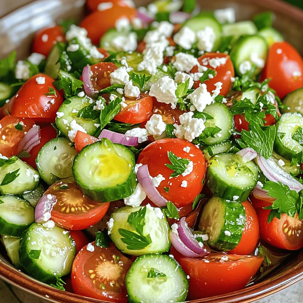 To make a refreshing cucumber tomato salad, gather these ingredients: - 2 large cucumbers, diced - 3 medium tomatoes, diced - 1 cup feta cheese, crumbled - 1/4 red onion, thinly sliced - 1/4 cup fresh parsley, chopped - 3 tablespoons olive oil - 2 tablespoons balsamic vinegar - Salt and pepper to taste - 1 teaspoon dried oregano When picking cucumbers, look for firm ones with smooth skin. They should feel heavy for their size. Choose tomatoes that are ripe and slightly soft. This shows they are juicy and full of flavor. For onions, select ones that are firm and have a dry, papery skin. Fresh parsley should be bright green and not wilted. Quality ingredients make a big difference in taste. When choosing feta cheese, opt for one made from sheep's milk or a blend. This type has a rich flavor and a creamy texture. Crumbled feta should be moist but not too wet. Avoid pre-crumbled feta in plastic packs as it often lacks flavor. Look for feta in brine or vacuum-sealed packages. This ensures freshness and taste. For the best flavor, try to use feta within a week of opening. Start by rinsing your cucumbers and tomatoes under cold water. This step ensures they are clean and fresh. After washing, pat them dry with a paper towel. Next, dice the cucumbers and tomatoes into bite-sized pieces. Aim for uniform sizes so they mix well. Place them into a large mixing bowl. Then, thinly slice the red onion. Add the onion to the bowl with the cucumbers and tomatoes. The onion adds a nice crunch and flavor. Now it's time to add the feta cheese. Crumble it over the salad mixture. This cheese brings a creamy texture and salty flavor that makes this salad pop. In a small bowl, whisk together the olive oil, balsamic vinegar, dried oregano, salt, and pepper. Mix until everything is well combined. This dressing is simple yet brightens up the salad. Drizzle the dressing over the salad ingredients in the large bowl. Gently toss everything together. Make sure all the ingredients are coated with the dressing. This step is key for great flavor. Once mixed, sprinkle the fresh parsley on top. Give it a light toss to incorporate the parsley. For serving, use a large, shallow bowl for a family-style approach. You can also serve it in individual plates. Garnish with extra feta and a sprig of parsley for a vibrant touch. Enjoy your refreshing cucumber tomato salad with feta! For a complete guide, check out the Full Recipe. To make the best cucumber tomato salad with feta, focus on freshness. Choose ripe, colorful tomatoes and firm cucumbers. Wash them well before you chop. Dice all the veggies into similar sizes. This way, they blend well in every bite. The salad dressing is key, too. Whisk together olive oil and balsamic vinegar for a tasty blend. This adds flavor to your salad without overpowering the veggies. Finally, serve it right away for the best crunch! You can easily adapt this salad for different diets. For a vegan option, skip the feta cheese. Try using avocado for creaminess instead. If you're avoiding gluten, this salad is already safe! You can also swap balsamic vinegar with lemon juice for a fresh twist. If you want more protein, add chickpeas or grilled chicken. These swaps keep the salad tasty while fitting your needs. To boost the flavor of your cucumber tomato salad, think about fresh herbs. Basil and mint pair well with the main ingredients. You can also try adding a pinch of red pepper flakes for some heat. For a Mediterranean touch, include capers or olives. Experiment with various herbs until you find a mix that you love. These simple additions can transform your salad into something special. {{image_2}} To give your cucumber tomato salad a Mediterranean twist, add some olives. Kalamata or green olives work great. They bring a briny flavor that pairs well with feta. You can also toss in artichoke hearts for a unique taste. Try adding roasted red peppers for a sweet touch. Fresh herbs like basil or mint can really brighten up the salad. Just chop them finely and mix them in before serving. In summer, use juicy heirloom tomatoes. Their colors add beauty and taste. In fall, consider adding diced bell peppers for crunch. You can also switch to a citrus dressing with lemon juice instead of balsamic vinegar. In winter, pomegranate seeds add a pop of color and sweetness. They also give a nice crunch and are full of nutrients. Use whatever is fresh and local for the best flavor. Serve your salad in a big bowl for family gatherings. For picnics, put it in mason jars for easy transport. You can layer ingredients in jars for a fun look. At a party, serve it in individual cups for guests. This makes it easy to grab and enjoy. If you want to impress, garnish with extra feta and parsley. You can find the full recipe and see how easy it is to create this dish! To keep your cucumber tomato salad fresh, store it in an airtight container. This helps prevent moisture loss. If you want, keep the dressing separate. This way, the salad stays crunchy. You can enjoy leftovers for up to three days. After that, the veggies may become mushy. To keep your ingredients fresh, start by selecting high-quality produce. Look for firm cucumbers and bright tomatoes. Store cucumbers in the fridge. Wrap them in a paper towel to absorb moisture. Tomatoes stay best on the counter, away from sunlight. For feta cheese, keep it in its brine if possible. This helps maintain its texture and flavor. This salad is best served cold, so no reheating is needed. If you want a warm dish, try roasting the tomatoes. This adds a nice twist. Serve the salad in a large bowl or individual plates. Garnish with extra feta and parsley for a beautiful look. For a fun twist, pair it with grilled chicken or fish. Enjoy your crisp delight from the Full Recipe! Yes, you can prepare this salad ahead of time. I suggest you make it a few hours in advance. This gives the flavors time to mix. Just keep it covered in the fridge. However, avoid adding the dressing until you are ready to serve. This keeps the salad fresh and crunchy. This salad is packed with nutrients. Cucumbers are low in calories and high in water. They keep you hydrated. Tomatoes are rich in vitamins and antioxidants. Feta cheese adds protein and calcium. The olive oil provides healthy fats. Together, they make a balanced dish that supports your health. Absolutely! If you want a different taste, try using goat cheese or mozzarella. Both add a creamy texture. You can also use a vegan cheese if you prefer. Each cheese will change the flavor, so feel free to experiment. Just remember to adjust the amount based on the cheese's saltiness. For the full recipe, check out the [Full Recipe]. Cucumber tomato salad with feta is easy to make and full of flavor. We discussed fresh ingredients, tasty dressings, and serving ideas. Remember, you can switch up ingredients based on your diet and taste preferences. Whether you aim for a classic look or a new variation, this salad suits any occasion. Store leftovers properly so you can enjoy them later. Making this salad a day ahead adds more flavor too. Dive into your culinary adventure with confidence, and let your creativity shine!