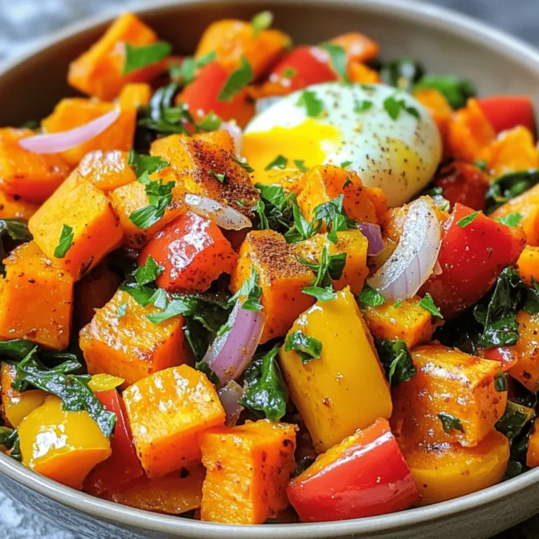 - 2 medium sweet potatoes, peeled and diced - 1 bell pepper (red or yellow), diced - 1 small red onion, diced - 2 cloves garlic, minced - 1 cup spinach or kale, chopped - 1 teaspoon smoked paprika - 1 teaspoon ground cumin - Salt and pepper to taste - 3 tablespoons olive oil - 2 large eggs (optional, for topping) - Fresh parsley, chopped (for garnish) Each ingredient in this savory sweet potato hash plays a vital role. Sweet potatoes are the star. They bring sweetness and creaminess. Bell peppers add crunch and color. Red onion gives a mild bite, while garlic adds depth. Spinach or kale offers a healthy green touch. Using smoked paprika and ground cumin gives a warm, smoky flavor. Salt and pepper enhance all the tastes. Olive oil is essential for cooking and adds richness. Eggs can be a delicious topping, providing extra protein. Finally, parsley brightens the dish and makes it look nice. This list is perfect for a healthy, filling meal. You can find the full recipe to guide you through making this dish. First, you need to prep your ingredients well. Dicing them into small, even pieces helps them cook evenly. This makes your sweet potato hash more delicious. Start with the sweet potatoes. Peel and dice two medium sweet potatoes into small cubes. This size ensures they cook through and get nice and tender. Next, gather your other veggies. Dice one bell pepper and one small red onion. Mince two cloves of garlic. Lastly, chop one cup of spinach or kale. All these steps set you up for a great cooking experience. When cooking sweet potatoes, achieving the perfect texture is key. You want them soft on the inside but slightly crispy on the outside. This balance creates a great bite in your hash, making it satisfying. Now, let’s sauté those veggies. Heat three tablespoons of olive oil in a large skillet over medium heat. Once hot, add the diced sweet potatoes. Sprinkle with salt, pepper, smoked paprika, and ground cumin. Stir them well and cook for about five minutes. This gives them time to soften. After that, add the diced bell pepper and red onion to the skillet. Continue cooking for another 8-10 minutes. Keep stirring occasionally to prevent sticking and ensure even cooking. You want the veggies tender and the sweet potatoes a bit crispy. Now it's time to add the garlic and greens. Stir in the minced garlic and chopped spinach or kale. Cook for another 2-3 minutes. You want the greens to wilt and the garlic to smell amazing. Adjust the seasoning with extra salt and pepper if needed. If you want to add eggs, this is the time. Create two small wells in the hash. Crack an egg into each well. Cover the skillet with a lid and cook for 3-5 minutes. This lets the eggs cook to your liking. You can have them runny or firm, just how you like. Before serving, take a moment to adjust the seasoning. Taste the hash and add more salt or pepper as needed. Serve it hot, and don’t forget to garnish with fresh parsley. This adds a pop of color and flavor. Enjoy your savory sweet potato hash with pride! You can find the full recipe [here](#). To get crispy sweet potatoes, cut them into small, even pieces. This helps them cook faster. Use medium heat and don’t overcrowd the pan. If the pan is too full, the sweet potatoes will steam instead of crisp. Cook them until golden brown on the edges. To avoid mushy vegetables, add them to the pan in stages. Start with sweet potatoes, then add bell peppers and onions. Garlic and greens go in last. This way, each veggie keeps its texture and flavor. Savory sweet potato hash pairs well with eggs, avocado, or hot sauce. For a fun twist, serve it with a dollop of Greek yogurt or salsa. A sprinkle of feta cheese adds a nice touch too. For presentation, use a deep bowl or plate. Make it look pretty by adding fresh parsley on top. A drizzle of olive oil can also make the dish shine. Sweet potatoes are packed with vitamins A and C. They are high in fiber, which is great for digestion. The greens add iron and nutrients, making this dish a healthy choice. Eating this hash supports a balanced diet. It offers carbs, protein, and healthy fats. This dish can fit into many meal plans, helping you stay healthy while enjoying good food. {{image_2}} You can change up the veggies in your savory sweet potato hash. Try using zucchini, mushrooms, or even broccoli. Each option adds its own taste and texture. You can also mix herbs and spices for a twist. Basil and oregano can bring a fresh flavor. For a spicy kick, add chili powder or crushed red pepper. If you want a vegan version, skip the eggs and use olive oil instead of butter. Substitute sweet potatoes with butternut squash for a similar texture. For gluten-free options, this recipe is already safe. Just ensure your spices are gluten-free. You can also add protein by including chickpeas or black beans. These will make your hash heartier. You can make this hash with seasonal ingredients. In spring, add asparagus or peas. In summer, bell peppers and corn shine. Fall brings great options like Brussels sprouts or carrots. In winter, root vegetables like parsnips work well. This way, you can enjoy fresh tastes all year round. Each season brings new flavors to your savory sweet potato hash. For the full recipe, check out the details above. To store leftovers, place the hash in an airtight container. Let it cool before sealing. It keeps well in the fridge for about 3 to 5 days. When reheating, use a skillet over medium heat. Stir occasionally to warm it evenly. You can also use the microwave, but cover it to prevent drying out. Heat until hot, about 1-2 minutes. You can freeze savory sweet potato hash for longer storage. Place the cooled hash in a freezer-safe bag. Remove as much air as possible before sealing. It can stay fresh for up to 3 months. To thaw, place it in the fridge overnight. Reheat it in a skillet or microwave until hot, stirring occasionally. Understanding the shelf life helps avoid waste. The hash stays fresh in the fridge for up to 5 days. If frozen, it’s best used within 3 months. Always check for off smells or changes in texture before eating. Proper storage ensures you enjoy this dish at its best. How can I make savory sweet potato hash ahead of time? You can prep your sweet potato hash in advance. Chop all your vegetables and store them in the fridge. This way, you save time during cooking. When ready to cook, just follow the steps in the Full Recipe. You can even cook the hash and store leftovers in the fridge. It stays fresh for up to three days. Can I use frozen sweet potatoes instead? Yes, you can use frozen sweet potatoes. Just make sure to thaw them first. This helps them cook evenly. If they are too watery, pat them dry with a paper towel. Then, you can sauté them just like fresh sweet potatoes. Can I cook sweet potato hash in the oven? Absolutely! You can roast sweet potato hash in the oven. Preheat your oven to 400°F (200°C). Toss the chopped sweet potatoes and veggies with oil and seasonings. Spread them out on a baking sheet. Roast for 25-30 minutes, stirring halfway. This method gives a nice crispy texture. Is savory sweet potato hash suitable for a low-carb diet? Savory sweet potato hash is not low-carb. Sweet potatoes are rich in carbohydrates. If you are on a low-carb diet, consider using cauliflower or zucchini. These vegetables have fewer carbs and work well in the recipe. You can still enjoy a tasty hash while keeping your carb count low. This blog post covered how to make savory sweet potato hash. You learned about key ingredients and preparation steps. I shared tips for cooking and serving, along with health benefits. We discussed variations to suit your diet and how to store leftovers. In conclusion, this dish is not just tasty; it's also healthy. Use the tips and steps provided to create your own delicious hash. Enjoy making it your way!