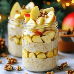 To make delicious apple cinnamon overnight oats, you need some basic ingredients. Here’s what you need: - 1 cup rolled oats - 1 cup almond milk (or milk of choice) - 1 medium apple, diced (a sweet variety like Honeycrisp works best) - 1/2 teaspoon ground cinnamon - 1 tablespoon maple syrup (or honey) - 2 tablespoons chopped walnuts (optional) - 1 tablespoon chia seeds - A pinch of salt - Extra apple slices and cinnamon for topping These ingredients give your oats a creamy texture and sweet flavor. The oats soak up the milk overnight, making them soft and tasty. Feel free to get creative with your overnight oats! Here are some optional ingredients you might consider adding: - Greek yogurt for extra creaminess - Dried fruit like raisins or cranberries - Nut butter for a richer flavor - Seeds like pumpkin or sunflower for crunch - Fresh herbs like mint for a fresh twist Adding these can enhance the taste and texture, making your oats even more enjoyable. You don’t have to stick to the exact ingredients. Here are some easy swaps: - Use any milk you like, such as soy or oat milk. - Try different fruits, like pears or bananas, for variety. - Swap maple syrup with agave or a sugar substitute. - Use pecans instead of walnuts for a different nutty flavor. These substitutions can make your recipe fit your taste and dietary needs while still being delicious. For the full recipe, check the details above. To make your Apple Cinnamon Overnight Oats, start with a mixing bowl. Add 1 cup of rolled oats. Next, pour in 1 cup of almond milk or your choice of milk. Then, take 1 medium apple, diced, and toss it into the bowl. I suggest using a sweet apple like Honeycrisp for the best taste. Now, sprinkle in 1/2 teaspoon of ground cinnamon for that warm flavor. Add 1 tablespoon of maple syrup, or honey if you prefer. This sweetens the oats nicely. Next, include 1 tablespoon of chia seeds. These seeds add texture and nutrition. Finally, add a pinch of salt to enhance all the flavors. Mix everything well, making sure the oats soak up the liquid and flavors blend well. If you want a crunch, fold in 2 tablespoons of chopped walnuts at this point. Now it’s time to portion out your mixture. Divide the oat mix into two jars or airtight containers. Seal them tightly to keep air out. Place the jars in the refrigerator. Let them sit overnight, or for at least 4 hours. This time allows the oats to soak up the milk and flavors, making them soft and tasty. In the morning, take your jars out of the fridge. Give the oats a good stir. If you like a thinner texture, add a splash of almond milk. Now, it’s time to make it look great! Top your oats with extra apple slices for freshness. A sprinkle of cinnamon adds a nice touch, too. If you want more crunch, add extra walnuts. Enjoy your tasty Apple Cinnamon Overnight Oats! For the complete recipe, check the Full Recipe. To make your apple cinnamon overnight oats just right, focus on the texture. Use rolled oats for a great chew. Instant oats can turn mushy, so avoid them. You want creamy and thick oats. If you prefer a thinner mix, add more almond milk. For sweetness, adjust the maple syrup to your taste. You can also mix in a pinch of vanilla extract for extra flavor. Meal prep is key for busy mornings. Make a big batch at once. This recipe serves two, but you can double it. Use jars or airtight containers for storage. Portion them out and store in the fridge for up to five days. This way, you can grab a jar each morning. Just stir before eating, and top with fresh apple slices and cinnamon. To elevate your oats, try adding nuts or seeds. Walnuts give a great crunch. Chia seeds boost nutrition and add thickness. You can also experiment with spices. Nutmeg or ginger can bring a new twist. For a fun change, swap the apple for ripe bananas or berries. Each option gives a fresh flavor while keeping the recipe healthy. {{image_2}} You can easily make your apple cinnamon overnight oats dairy-free and vegan. Just swap regular milk for almond milk, oat milk, or coconut milk. These alternatives give a nice flavor and creaminess. You can also use maple syrup instead of honey for sweetness. This keeps the recipe completely plant-based. If you need gluten-free options, check your oats. Look for certified gluten-free rolled oats. Many brands offer this. The rest of the recipe is already gluten-free. Enjoy it without worry! There are many ways to make your oats even better. Try adding a scoop of nut butter for creaminess and more protein. A spoonful of yogurt can also boost the texture. Want more spice? Add a pinch of nutmeg or ginger. You can even mix in dried fruits like raisins or cranberries for a chewy touch. For crunch, sprinkle extra walnuts or pecans on top. Explore these options to find your favorite twist on the classic recipe! To keep your apple cinnamon overnight oats fresh, use airtight containers. Glass jars work great. Make sure to seal them tightly. This keeps out air and moisture. Always store them in the fridge. If you packed them right, they should stay fresh. Your overnight oats can last up to five days in the fridge. The oats will soak in the liquid and flavors. For the best taste, eat them within three days. The apples might get soft after that. If you want to keep them longer, avoid adding apples until you are ready to eat. You can enjoy your overnight oats cold, straight from the fridge. If you prefer them warm, heat them in the microwave. Just add a splash of almond milk to help them heat evenly. Warm them for about 30 seconds to one minute. Stir well before eating. Add fresh apple slices and a sprinkle of cinnamon for a tasty touch. For overnight oats, rolled oats work best. They soak up liquid well. Steel-cut oats can be too firm. Instant oats may become mushy. Rolled oats give the right texture and taste. You want the oats to be creamy and soft. They should still hold some shape after soaking. Yes, you can use many fruits! Bananas, berries, or peaches are great choices. Just chop them into small pieces. You can also mix and match. Each fruit adds its own flavor and sweetness. This keeps breakfast exciting and fresh. Try adding a bit of lemon juice to prevent browning. You can store overnight oats for up to five days. They stay fresh in an airtight container. Just make sure to stir before eating. Add extra milk if needed to adjust the texture. The flavors will blend and get better over time. Enjoy them cold or warm them up if you prefer! Apple cinnamon overnight oats are tasty and easy to make. You learned about key ingredients, options for custom flavors, and helpful substitutions. We explored step-by-step instructions to get the base mixture ready, package, and serve. Tips and tricks helped perfect your creation, while variations showed how to cater to different diets. Lastly, we covered storage and answered common questions. Enjoy experimenting with your oats. This recipe is fun, healthy, and simple.