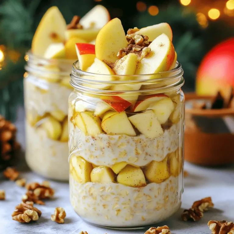 To make delicious apple cinnamon overnight oats, you need some basic ingredients. Here’s what you need: - 1 cup rolled oats - 1 cup almond milk (or milk of choice) - 1 medium apple, diced (a sweet variety like Honeycrisp works best) - 1/2 teaspoon ground cinnamon - 1 tablespoon maple syrup (or honey) - 2 tablespoons chopped walnuts (optional) - 1 tablespoon chia seeds - A pinch of salt - Extra apple slices and cinnamon for topping These ingredients give your oats a creamy texture and sweet flavor. The oats soak up the milk overnight, making them soft and tasty. Feel free to get creative with your overnight oats! Here are some optional ingredients you might consider adding: - Greek yogurt for extra creaminess - Dried fruit like raisins or cranberries - Nut butter for a richer flavor - Seeds like pumpkin or sunflower for crunch - Fresh herbs like mint for a fresh twist Adding these can enhance the taste and texture, making your oats even more enjoyable. You don’t have to stick to the exact ingredients. Here are some easy swaps: - Use any milk you like, such as soy or oat milk. - Try different fruits, like pears or bananas, for variety. - Swap maple syrup with agave or a sugar substitute. - Use pecans instead of walnuts for a different nutty flavor. These substitutions can make your recipe fit your taste and dietary needs while still being delicious. For the full recipe, check the details above. To make your Apple Cinnamon Overnight Oats, start with a mixing bowl. Add 1 cup of rolled oats. Next, pour in 1 cup of almond milk or your choice of milk. Then, take 1 medium apple, diced, and toss it into the bowl. I suggest using a sweet apple like Honeycrisp for the best taste. Now, sprinkle in 1/2 teaspoon of ground cinnamon for that warm flavor. Add 1 tablespoon of maple syrup, or honey if you prefer. This sweetens the oats nicely. Next, include 1 tablespoon of chia seeds. These seeds add texture and nutrition. Finally, add a pinch of salt to enhance all the flavors. Mix everything well, making sure the oats soak up the liquid and flavors blend well. If you want a crunch, fold in 2 tablespoons of chopped walnuts at this point. Now it’s time to portion out your mixture. Divide the oat mix into two jars or airtight containers. Seal them tightly to keep air out. Place the jars in the refrigerator. Let them sit overnight, or for at least 4 hours. This time allows the oats to soak up the milk and flavors, making them soft and tasty. In the morning, take your jars out of the fridge. Give the oats a good stir. If you like a thinner texture, add a splash of almond milk. Now, it’s time to make it look great! Top your oats with extra apple slices for freshness. A sprinkle of cinnamon adds a nice touch, too. If you want more crunch, add extra walnuts. Enjoy your tasty Apple Cinnamon Overnight Oats! For the complete recipe, check the Full Recipe. To make your apple cinnamon overnight oats just right, focus on the texture. Use rolled oats for a great chew. Instant oats can turn mushy, so avoid them. You want creamy and thick oats. If you prefer a thinner mix, add more almond milk. For sweetness, adjust the maple syrup to your taste. You can also mix in a pinch of vanilla extract for extra flavor. Meal prep is key for busy mornings. Make a big batch at once. This recipe serves two, but you can double it. Use jars or airtight containers for storage. Portion them out and store in the fridge for up to five days. This way, you can grab a jar each morning. Just stir before eating, and top with fresh apple slices and cinnamon. To elevate your oats, try adding nuts or seeds. Walnuts give a great crunch. Chia seeds boost nutrition and add thickness. You can also experiment with spices. Nutmeg or ginger can bring a new twist. For a fun change, swap the apple for ripe bananas or berries. Each option gives a fresh flavor while keeping the recipe healthy. {{image_2}} You can easily make your apple cinnamon overnight oats dairy-free and vegan. Just swap regular milk for almond milk, oat milk, or coconut milk. These alternatives give a nice flavor and creaminess. You can also use maple syrup instead of honey for sweetness. This keeps the recipe completely plant-based. If you need gluten-free options, check your oats. Look for certified gluten-free rolled oats. Many brands offer this. The rest of the recipe is already gluten-free. Enjoy it without worry! There are many ways to make your oats even better. Try adding a scoop of nut butter for creaminess and more protein. A spoonful of yogurt can also boost the texture. Want more spice? Add a pinch of nutmeg or ginger. You can even mix in dried fruits like raisins or cranberries for a chewy touch. For crunch, sprinkle extra walnuts or pecans on top. Explore these options to find your favorite twist on the classic recipe! To keep your apple cinnamon overnight oats fresh, use airtight containers. Glass jars work great. Make sure to seal them tightly. This keeps out air and moisture. Always store them in the fridge. If you packed them right, they should stay fresh. Your overnight oats can last up to five days in the fridge. The oats will soak in the liquid and flavors. For the best taste, eat them within three days. The apples might get soft after that. If you want to keep them longer, avoid adding apples until you are ready to eat. You can enjoy your overnight oats cold, straight from the fridge. If you prefer them warm, heat them in the microwave. Just add a splash of almond milk to help them heat evenly. Warm them for about 30 seconds to one minute. Stir well before eating. Add fresh apple slices and a sprinkle of cinnamon for a tasty touch. For overnight oats, rolled oats work best. They soak up liquid well. Steel-cut oats can be too firm. Instant oats may become mushy. Rolled oats give the right texture and taste. You want the oats to be creamy and soft. They should still hold some shape after soaking. Yes, you can use many fruits! Bananas, berries, or peaches are great choices. Just chop them into small pieces. You can also mix and match. Each fruit adds its own flavor and sweetness. This keeps breakfast exciting and fresh. Try adding a bit of lemon juice to prevent browning. You can store overnight oats for up to five days. They stay fresh in an airtight container. Just make sure to stir before eating. Add extra milk if needed to adjust the texture. The flavors will blend and get better over time. Enjoy them cold or warm them up if you prefer! Apple cinnamon overnight oats are tasty and easy to make. You learned about key ingredients, options for custom flavors, and helpful substitutions. We explored step-by-step instructions to get the base mixture ready, package, and serve. Tips and tricks helped perfect your creation, while variations showed how to cater to different diets. Lastly, we covered storage and answered common questions. Enjoy experimenting with your oats. This recipe is fun, healthy, and simple.
