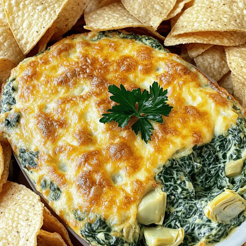 To create the perfect creamy spinach and artichoke dip, you’ll need the following ingredients: - 1 cup fresh spinach, chopped - 1 cup canned artichoke hearts, drained and chopped - 1 cup cream cheese, softened - 1/2 cup sour cream - 1/2 cup mayonnaise - 1 cup shredded mozzarella cheese - 1/2 cup grated Parmesan cheese - 2 cloves garlic, minced - 1 teaspoon onion powder - 1/2 teaspoon red pepper flakes (optional) - Salt and pepper to taste - Tortilla chips or sliced baguette for serving For those who want alternatives, consider using frozen spinach. Just make sure it's thawed and drained well. You can swap the cream cheese for a vegan version if needed. For a homemade option, try making your own mayonnaise. It adds a nice touch. Choosing organic ingredients can enhance flavor and quality. Look for organic spinach and artichokes if you can. These small changes can elevate your dish while keeping it simple and delicious. For the full recipe, check out the linked section. 1. Preheat your oven to 350°F (175°C). This step is key for even cooking. 2. In a large bowl, mix the softened cream cheese, sour cream, and mayonnaise. Blend until smooth. 3. Add the chopped spinach and artichoke hearts to the mix. These ingredients give it a fresh taste. 4. Stir in the minced garlic and both cheeses: mozzarella and Parmesan. This adds rich flavor. 5. Sprinkle in the onion powder, red pepper flakes, and season with salt and pepper. Blend well. 6. Spread the mixture into a baking dish evenly. This ensures all parts cook the same. 7. Bake it for about 25-30 minutes. Check for bubbly and golden cheese on top. Bake at 350°F for 25-30 minutes. You’ll know it’s ready when the top bubbles. A golden crust means it’s perfect. Let it cool for a few minutes before serving. Serve the dip warm in the baking dish. Surround it with tortilla chips or sliced baguette. For a touch of color, sprinkle fresh parsley on top. This makes it look great and taste even better. Enjoy dipping! To make the creamiest spinach and artichoke dip, start with softened cream cheese. This helps mix all ingredients evenly. Another tip is to blend the dip until smooth. A few lumps can make the dip less creamy. Avoid overcooking your dip. Baking it too long can dry it out. Watch for a bubbly surface and a golden top. Also, don’t skip the garlic. It adds a rich flavor that enhances the dish. You can boost the flavor of your dip with a few simple tweaks. Add some lemon juice for brightness. Fresh herbs like basil or thyme can also add a lovely touch. If you like spice, toss in some chopped jalapeños or more red pepper flakes. For a cheesier dip, add more mozzarella or try a mix of cheeses. You can also play with different cheese types like cheddar or gouda. Each adds a unique flavor twist. For the full recipe, check the details above. {{image_2}} You can make this creamy spinach and artichoke dip fit your needs. If you want a vegan dip, swap the cream cheese and mayonnaise for plant-based versions. Look for vegan cream cheese made from nuts or soy. For mayonnaise, use a vegan mayo that suits your taste. If you need a gluten-free option, serve the dip with gluten-free tortilla chips or veggie sticks. You can also use rice crackers or gluten-free bread. These swaps keep the dip tasty while fitting your diet. Adding herbs or spices can take this dip to the next level. Try adding fresh basil or dill for a new twist. A pinch of smoked paprika can give it a nice smokey flavor. You can also mix in other vegetables. Chopped bell peppers or jalapeños can add crunch and heat. You could even throw in some sautéed mushrooms for a savory touch. For cheese lovers, consider using a mix of cheeses. Swap out some mozzarella for cheddar or gouda. Each cheese brings a new taste, making your dip unique every time. These variations make your creamy spinach and artichoke dip fun and exciting. Check out the Full Recipe for more ideas! To keep your creamy spinach and artichoke dip fresh, place leftovers in a sealed container. Refrigerate it right away. It stays good for about three days. If you want to save it longer, you can freeze it. Use a freezer-safe container. Wrap it tightly to avoid freezer burn. It can last up to three months in the freezer. When it’s time to enjoy your dip again, focus on keeping its creamy texture. The best way to reheat is in the oven. Preheat your oven to 350°F (175°C). Place the dip in an oven-safe dish. Heat it for about 15-20 minutes. Stir it halfway through to ensure even warming. You can also use a microwave. Heat it in short bursts of 30 seconds, stirring in between. This way, it warms up gently without drying out. Creamy Spinach and Artichoke Dip can last about three to four days in the fridge. Just store it in an airtight container. Make sure it cools down before sealing. This helps keep it fresh and tasty. Yes, you can make this dip ahead of time. Prepare it, cover it, and store it in the fridge. You can bake it right before your guests arrive. This saves you time and lets you enjoy the party. You can use Greek yogurt as a great substitute for mayonnaise. It adds creaminess and a bit of tang. You can also try sour cream or even silken tofu for a vegan option. Each choice gives a nice twist to the flavor. Yes, this dip can be frozen. Just make sure to cool it completely before placing it in a freezer-safe container. It can last up to three months in the freezer. Thaw it in the fridge overnight before baking it again. For the full recipe, check out the detailed steps I shared earlier! This blog post provided a complete guide to making the best Creamy Spinach and Artichoke Dip. We covered ingredients, preparation steps, baking tips, and ways to serve. I shared tricks to enhance flavor and texture. You learned how to store and reheat leftovers for later enjoyment. Remember, you can customize the dip to your taste. Enjoy experimenting with different flavors and serving ideas. Keep this guide handy for your next gathering. Your stellar dip will impress everyone!