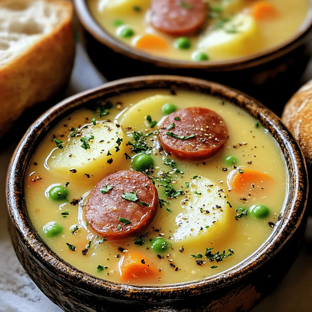 To make Kielbasa Potato Soup, gather these ingredients: - 1 lb kielbasa sausage, sliced - 4 medium potatoes, peeled and diced - 1 medium onion, chopped - 3 cloves garlic, minced - 4 cups chicken broth - 1 cup heavy cream - 1 cup frozen peas - 2 carrots, diced - 1 teaspoon dried thyme - 1 teaspoon smoked paprika - Salt and pepper to taste - 2 tablespoons olive oil - Fresh parsley, chopped (for garnish) You will need some basic tools to cook this soup: - A large pot for cooking - A cutting board for chopping - A sharp knife for slicing - A measuring cup for liquids - A wooden spoon for stirring Feel free to customize your soup with these options: - Add corn for sweetness - Use kale or spinach for greens - Include bell peppers for extra flavor These ingredients and tools will help you create a warm and tasty bowl of Kielbasa Potato Soup. Enjoy the process of cooking and feel free to explore the Full Recipe for detailed steps! Start by gathering your ingredients. You need: - 1 lb kielbasa sausage, sliced - 4 medium potatoes, peeled and diced - 1 medium onion, chopped - 3 cloves garlic, minced - 4 cups chicken broth - 1 cup heavy cream - 1 cup frozen peas - 2 carrots, diced - 1 teaspoon dried thyme - 1 teaspoon smoked paprika - Salt and pepper to taste - 2 tablespoons olive oil - Fresh parsley, chopped (for garnish) Next, prepare the veggies. Peel and chop the potatoes and carrots. Mince the garlic and chop the onion. Slice the kielbasa into bite-sized pieces. This makes cooking easier. In a large pot, heat the olive oil over medium heat. Add the chopped onion and cook until it looks clear, about 4-5 minutes. Stir in the minced garlic and cook for one more minute. You will love the smell! Now, add the sliced kielbasa to the pot. Cook it until it turns brown, about 5 minutes. Stir often to avoid burning. This step adds great flavor to your soup. Next, add the diced potatoes, carrots, chicken broth, thyme, and smoked paprika. Bring the mix to a boil. Once it boils, lower the heat. Let it simmer for about 15 minutes or until the potatoes and carrots are soft. Finally, stir in the heavy cream and frozen peas. Cook it for another 5 minutes. Season with salt and pepper. If you want a thicker soup, mash some potatoes against the pot's side with a fork. This helps thicken the soup. Remove the pot from heat and let it cool a bit. Ladle the soup into bowls. Garnish with fresh parsley for a nice touch. Serve with crusty bread on the side for dipping. This recipe is sure to make everyone smile. For the full recipe, check the details above! To make a great Kielbasa Potato Soup, follow these tips. Use fresh ingredients. They boost flavor and texture. Cut the potatoes into even pieces. This helps them cook evenly. When sautéing, let the onions get soft. This builds a strong base flavor. Stir the soup gently while it cooks. This prevents sticking. If you want a thicker soup, mash some potato pieces. This adds creaminess without extra ingredients. Lastly, taste as you go. Adjust salt and pepper for your perfect flavor. Serve your soup hot for the best experience. Ladle it into bowls and garnish with fresh parsley. This adds color and freshness. Pair it with crusty bread for dipping. You can also try a side salad for some crunch. A light green salad with a tangy dressing works well. This makes a balanced meal that warms the heart. Avoid overcooking the vegetables. They should be tender but not mushy. Cooking too long can make them lose texture. Don't skip the seasoning. It’s key to a tasty soup. If you forget, the soup may taste bland. Use a good quality broth. It impacts the soup's flavor a lot. Lastly, be careful with cream. Add it at the end, and don’t boil after. This keeps it creamy and smooth. Following these tips ensures a delicious bowl of Kielbasa Potato Soup. {{image_2}} You can change the soup by swapping some ingredients. Use smoked sausage instead of kielbasa. This gives the soup a different taste. You can also try turkey kielbasa for a leaner option. Instead of heavy cream, use half-and-half for a lighter base. If you want more veggies, add bell peppers or corn. These swaps keep the soup fun and fresh. Want a vegetarian twist? Skip the kielbasa and use veggie broth. You can add mushrooms for a savory flavor. They give the soup a great texture. Include more hearty vegetables like zucchini or spinach. This makes the soup just as filling and tasty. You can also use plant-based cream as a substitute for heavy cream. To boost flavors, add fresh herbs like thyme or dill. They brighten up the dish. A splash of lemon juice can add a nice zing. For some heat, toss in a pinch of red pepper flakes. If you love cheese, sprinkle some cheddar on top before serving. These enhancements keep the soup exciting with every bowl. Check out the Full Recipe for all the details! To store your soup, let it cool down first. Use an airtight container. Place it in the fridge for up to three days. Make sure it is sealed well to keep it fresh. If you want to store it longer, consider freezing it. When you are ready to eat, take the soup out of the fridge. Pour it into a pot. Heat it over medium heat. Stir often to warm it evenly. You can add a splash of water or broth if it’s too thick. Heat until it is hot but not boiling. If you freeze the soup, use a freezer-safe container. Leave some space at the top for expansion. It will stay good for about three months in the freezer. To thaw, place it in the fridge overnight. Reheat as mentioned above. Enjoy your hearty bowl of comfort whenever you want! For the full recipe, check out the Kielbasa Delight Potato Soup. Yes, you can swap kielbasa for other sausages. Try smoked sausage, chorizo, or turkey sausage. Each option adds its own flavor. Just keep in mind that cooking times may change. Make sure to adjust your cooking to ensure the sausage is fully cooked. To add heat, use spicy sausage instead of mild kielbasa. You can also add red pepper flakes or diced jalapeños. If you want a smoky kick, add a bit more smoked paprika. Start with a small amount and taste as you go. This way, you can control how spicy you want your soup to be. This soup pairs well with crusty bread, biscuits, or a fresh salad. You can also serve it with pickles for a tangy contrast. For a complete meal, add a side of roasted vegetables. Each option complements the hearty flavors of the soup. Enjoy experimenting with sides to find your favorite! In this blog post, I covered making Kielbasa Potato Soup, from ingredients to storage. I shared various tips to ensure your soup turns out great every time. Remember, you can customize it to suit your taste. Use different ingredients or try vegetarian options for variety. Keep it fun and explore flavors that excite you. With the right steps and methods, you can create a comforting dish that warms the soul. Enjoy your cooking journey and make delicious memories.