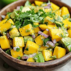 - Ripe mango - Ripe avocados - Small red onion - Jalapeño - Fresh cilantro - Lime juice - Salt Choosing ripe fruit is key. Look for mangoes that feel soft to the touch. They should have a sweet smell at the stem. For avocados, gently squeeze them. They should yield slightly to pressure. Freshness of herbs makes a big difference. Always use fresh cilantro, not dried. This herb adds a bright taste to your salsa. Avoid wilted or yellowing leaves for best flavor. Adjusting spice level is easy. If you like heat, keep seeds in the jalapeño. If you want it milder, take out all the seeds. You can also use less jalapeño for less spice. Using these tips will help you make the best mango avocado salsa. For the full recipe, check the details above. 1. Start by taking a ripe mango and a ripe avocado. Cut both into small, even pieces. This creates a nice mix of textures. 2. In a medium bowl, combine the diced mango and avocado. This step is key for the base of your salsa. 3. Next, add a small red onion that you have finely chopped. The onion adds a nice crunch and flavor. 4. For some heat, take a jalapeño. Remove the seeds, then mince it. Add this to the bowl for a spicy kick. 5. Sprinkle in a 1/4 cup of fresh cilantro, chopped. This herb brightens the dish and ties all the flavors together. 6. Drizzle 2 tablespoons of lime juice over everything. This adds freshness and a bit of zing. 7. Now it’s time to mix. Gently toss all the ingredients together. Be careful not to mash the avocado. You want nice, chunky pieces. - To mix without mashing, use a spatula or wooden spoon. This keeps your avocado intact and creamy. - Avoid using too much pressure when mixing. Gentle movements help maintain the salsa's texture. 1. After mixing, let the salsa sit for about 10 minutes. This allows the flavors to meld and deepen. 2. For serving, you could use tortilla chips, tacos, or grilled meats. This salsa pairs well with many dishes. 3. You can serve it right away or chill it for up to 1 hour. This makes it cool and refreshing. For a full recipe, check out the details above! To boost the flavor of mango avocado salsa, consider adding a splash of orange juice. This adds a nice sweetness. You can also try diced tomatoes for extra color and texture. For a spicy kick, add more jalapeño or some chopped serrano peppers. Fresh herbs like mint can offer a fun twist. Pair this salsa with grilled chicken or fish. It also goes well with tortilla chips for a tasty snack. You can even serve it over tacos or in a burrito bowl for a fresh touch. Serve your salsa in a hollowed-out avocado or a colorful bowl. This makes it look appealing. You can also layer it in a clear glass to show off the vibrant colors. For garnishing, sprinkle some extra cilantro or a few lime wedges on top. This adds a pop of color and freshness. If you want to prepare the salsa ahead of time, store it in an airtight container. This helps keep it fresh. You can also layer plastic wrap directly on the salsa before sealing to reduce air exposure. This will help prevent browning. To keep your salsa fresh, eat it within one day. If it starts to change color, it's time to toss it. For a quick fix, stir in a bit more lime juice to brighten the flavor again. You can find the full recipe for this delicious salsa in the earlier section! {{image_2}} You can change the taste of mango avocado salsa by adding tropical fruits. Pineapple or papaya works well. These fruits bring sweetness and tang. You can also adjust the spice level. If you like heat, add more jalapeño or even some diced habanero. For a milder version, skip the jalapeño or use sweet bell peppers instead. Making this salsa vegan is easy. All the ingredients are plant-based. Just keep the recipe as is. For low-carb options, swap out the mango for diced cucumber. This keeps the freshness but cuts down on carbs. You can also use less avocado if you want to lower the fat content. For a Mexican twist, add some diced tomatoes and a touch of cumin. This adds depth and warmth to the salsa. If you want a Caribbean vibe, mix in some diced kiwi or even coconut flakes. These additions bring a unique flavor that brightens the dish. You can find the Full Recipe to explore these variations further. To keep your mango avocado salsa fresh, use an airtight container. Glass or plastic containers work well. Make sure the lid fits tightly to block air. Store the salsa in the fridge at a temperature below 40°F. Mango avocado salsa is best enjoyed fresh. It lasts about one day in the fridge. After that, the flavors change, and the ingredients may spoil. Look for signs of spoilage, like browning avocados or a sour smell. If you see these signs, it’s time to toss it. Don't let leftovers go to waste! You can use the salsa in many ways. Mix it into a salad for extra flavor. Spread it on tacos or grilled chicken for a tasty twist. You could even blend it into a smoothie for a fruity kick. Each option adds a burst of fresh taste to your meal. For the full recipe, check out the earlier section! To pick a ripe mango, look for a few signs: - The skin should have a deep color, like yellow or red. - Gently squeeze the mango; it should give a little. - Check for a fruity scent near the stem. These tips help you find the best fruit for your salsa. A ripe mango adds sweet flavor and juicy texture. You want it to be soft but not mushy. When you cut into it, it should feel firm yet tender. Yes, you can make mango avocado salsa ahead of time! Here are the best practices: - Chop the mango and avocado just before serving for freshness. - If you prep ahead, add lime juice to prevent browning. - Store in an airtight container in the fridge. This salsa tastes best when fresh, but it can last up to one hour in the fridge. Just remember to stir gently before serving to mix flavors again. Mango avocado salsa pairs well with many dishes. Here are some ideas: - Serve it with tortilla chips for a tasty snack. - Use it as a topping for grilled chicken or fish. - Add it to tacos for a fresh twist. These pairings enhance the flavors and make your meals shine. Don't be afraid to experiment and find what you enjoy most! For the complete recipe, check out the Full Recipe section. Mango avocado salsa combines fresh, bold flavors. We covered key ingredients, preparation steps, and storage tips. Choosing ripe fruit and fresh herbs makes a big difference. Think about different flavor profiles and cultural twists to be creative. In the end, this salsa is tasty and easy to make. You can enjoy it right away or save it for later. Feel free to experiment and find your favorite way to enjoy this dish.