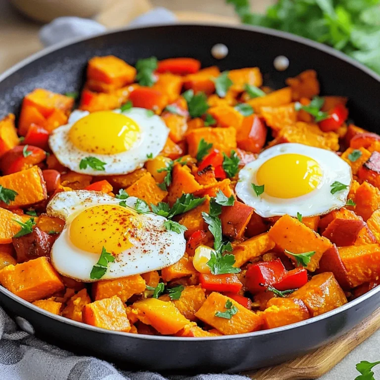 - 2 medium sweet potatoes, peeled and diced - 1 red bell pepper, chopped - 1 small red onion, diced - 2 tablespoons olive oil - 1 teaspoon smoked paprika - ½ teaspoon cumin - Salt and pepper to taste - 4 large eggs - 2 tablespoons fresh parsley, chopped for garnish Sweet potatoes are the star in this dish. They are sweet, soft, and full of nutrients. Red bell peppers add a nice crunch and color. Red onions give a sweet and mild flavor. Olive oil helps to cook the veggies and adds healthy fats. - Calories per serving: About 250 calories - Macronutrients breakdown: - Carbohydrates: 30g - Protein: 12g - Fat: 10g Sweet potatoes are rich in vitamins A and C. They also contain fiber, which helps digestion. The eggs add protein and healthy fats. This dish fuels your morning and keeps you full. Eating this hash is a great way to start your day. It’s tasty, healthy, and easy to make. You can find the full recipe in the Sweet Potato Sunrise Hash section. First, gather your ingredients. You need: - 2 medium sweet potatoes, peeled and diced - 1 red bell pepper, chopped - 1 small red onion, diced - 2 tablespoons olive oil - 1 teaspoon smoked paprika - ½ teaspoon cumin - Salt and pepper to taste - 4 large eggs - 2 tablespoons fresh parsley, chopped for garnish Next, peel the sweet potatoes. Dice them into small cubes. Chop the red bell pepper and dice the red onion. Make sure your pieces are even; this helps them cook well. For equipment, you will need: - A large skillet - A spatula - A knife and cutting board Start by heating the olive oil in your skillet over medium heat. Once hot, add the diced sweet potatoes. Cook for about 10 minutes, stirring often. You want them to soften but not mushy. After 10 minutes, add the diced red onion and chopped red bell pepper. Cook for another 5 to 7 minutes. You want the veggies soft and a little caramelized for great taste. Now, season the mixture! Sprinkle in the smoked paprika, cumin, salt, and pepper. Stir it well to mix. Let the spices toast for about a minute. This step adds a nice depth of flavor. Next, create four small wells in the veggie mix. Crack one egg into each well. Reduce the heat to low and cover the skillet. Let it cook until the eggs are set to your liking. This will take about 4 to 6 minutes for medium eggs. Once they are cooked, take the skillet off the heat. Serve your sweet potato hash right from the skillet. It looks great and is full of flavor. Top it with freshly chopped parsley for a pop of color. For a complete meal, pair it with toasted bread or creamy avocado. These sides add more texture and flavor. Enjoy your quick breakfast idea! For the full recipe, check out the detailed instructions above. To achieve perfectly cooked eggs, keep the heat low. This will help the whites set without overcooking the yolk. Crack your eggs into small wells in the hash. Cover the skillet to trap steam. This steam helps cook the eggs evenly. Seasoning is key to flavor. Use salt and pepper to enhance the taste. Smoked paprika adds a nice depth. Cumin gives warmth and earthiness. Always taste as you go. Adjust spices to your liking. One common mistake is overcooking sweet potatoes. They should be tender but not mushy. Stir occasionally to avoid sticking. Cook them until they are just soft enough to bite. Another mistake is not covering the skillet while cooking the eggs. Covering helps the eggs cook through properly. Without the cover, the tops may remain runny, while the bottoms cook too much. To boost flavor, consider adding more spices. A pinch of cayenne pepper adds heat. Fresh herbs like thyme or cilantro brighten the dish. For garnishing, fresh parsley works well. It adds color and freshness. You can also use avocado slices or crumbled feta cheese. These toppings can elevate your dish. Enjoy the mix of flavors! For a complete guide, check the Full Recipe. {{image_2}} You can switch up the vegetables in your sweet potato hash. Try using zucchini or spinach for a fresh twist. Zucchini adds a mild taste, while spinach boosts the dish with greens. If you want to change the potatoes, consider using Yukon gold or red potatoes. These variations can give your hash a new flavor and texture. If you want a vegan option, swap the eggs for tofu. Scramble firm tofu with the veggies for a tasty and protein-rich dish. This change makes the recipe plant-based, so everyone can enjoy it. For those avoiding gluten, this hash is naturally gluten-free. Just check your spices to ensure they are gluten-free too. Adding cheese can elevate the flavors in your hash. Try crumbled feta or shredded cheddar for a rich taste. Fresh herbs like cilantro or basil can also brighten your dish. If you enjoy meat, incorporate sausage or bacon for extra heartiness. These options can make the dish more filling and flavorful. You can mix and match these ideas to create your perfect sweet potato hash! To keep your sweet potato hash fresh, store it right. First, let it cool down to room temperature. Then, place it in an airtight container. Store it in the fridge for best results. If you need to keep it longer, you can freeze leftovers. Use a freezer-safe container and label it with the date. When it's time to eat, you want to reheat it well. The best method is to use a skillet. Heat it over medium-low heat. Stir gently to avoid burning. If you use a microwave, heat in short bursts. This helps maintain texture and flavor. Add a splash of water to keep it moist. In the fridge, the sweet potato hash lasts about 3 to 5 days. Look for signs of spoilage, like a sour smell or off color. If it looks or smells strange, it’s best to toss it. Enjoy your hash while it's fresh for the best taste! For the full recipe, check out the cooking details above. You can enjoy your sweet potato hash with many sides. Here are some tasty ideas: - Fresh fruit salad - Slices of avocado - Toast with butter or jam - A side of yogurt - Coffee or fresh juice These pairings add flavor and balance to your meal. Yes, you can prepare sweet potato hash in advance. Here are some best practices: - Cook the hash completely and let it cool. - Store it in an airtight container in the fridge. - You can keep it for up to three days. - Reheat it in a skillet or microwave before serving. Making it ahead saves time on busy mornings. You can check the doneness of eggs by looking for some signs: - The whites should be set and no longer clear. - The yolks should be slightly firm, not runny. - You can gently touch the yolk; it should feel firm but not hard. Cooking eggs for 4-6 minutes gives a nice medium. Sweet potato hash is a healthy choice for breakfast. Here’s why: - Sweet potatoes are rich in vitamins A and C. - They provide fiber, which helps digestion. - The dish has protein from eggs, which keeps you full. - Olive oil adds healthy fats to your meal. Overall, it’s a nutritious and tasty option that fuels your day. Sweet potato hash with eggs is a tasty and healthy choice. We covered the main ingredients, nutrition facts, and step-by-step cooking instructions. Remember to avoid common mistakes like overcooking sweet potatoes and under-seasoning your dish. You have many ways to adapt it, whether you're vegan or looking for new flavor combinations. Store leftovers properly to enjoy this meal later. With these tips and tricks, you can make a delicious hash that shines. Enjoy trying this fun recipe in your kitchen!