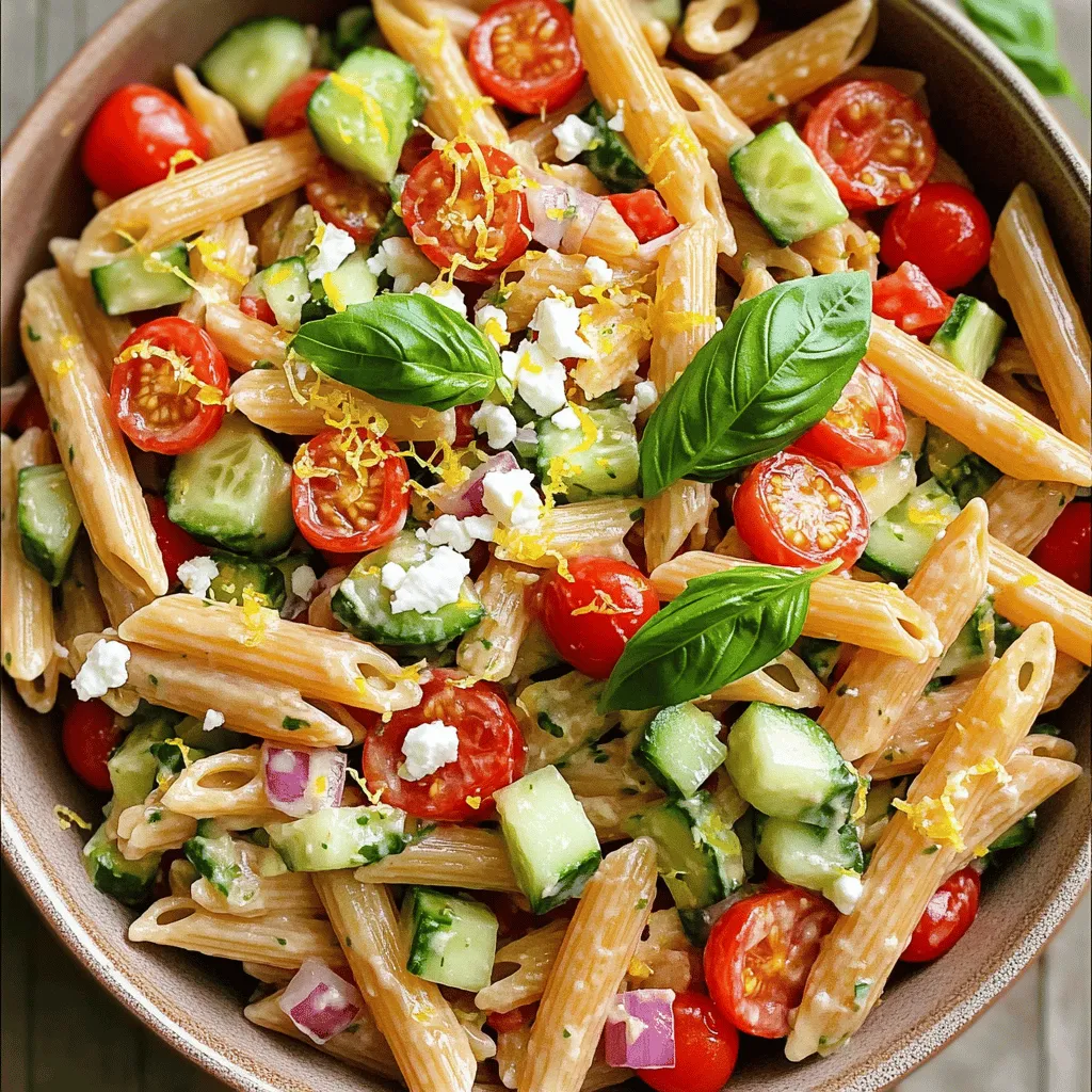 - 8 oz whole wheat penne pasta - 1 cup cherry tomatoes, halved - 1 cup cucumber, diced - ½ cup red bell pepper, diced - ½ cup red onion, finely chopped - 1 cup fresh basil leaves, torn - ½ cup feta cheese, crumbled - ¼ cup extra virgin olive oil - 3 tablespoons fresh lemon juice - 1 teaspoon lemon zest - Salt and black pepper to taste To make the best Lemon Basil Pasta Salad, you need fresh ingredients. Whole wheat penne pasta gives a nice base. The cherry tomatoes add sweetness, while the cucumber and bell pepper add crunch. Red onion gives a bit of sharpness. Fresh basil brings that classic taste. Feta cheese adds creaminess, while olive oil and lemon juice tie it all together. This salad is light but nutritious. Each serving has about 300 calories. You get good fiber from the whole wheat pasta and plenty of vitamins from the veggies. The healthy fats in olive oil are great for your heart. If you want to make it gluten-free, use gluten-free pasta. There are many options in stores today. If you need a dairy-free version, try using tofu or a dairy-free feta. This way, everyone can enjoy the salad. For the full recipe, check the complete instructions on how to prepare this delicious dish. To start, bring a large pot of salted water to a boil. Add 8 oz of whole wheat penne pasta. Cook it for 10-12 minutes until it is al dente. This means it should be firm but not hard. Once the pasta is ready, drain it in a colander. Rinse it under cold water. This step cools the pasta and stops it from cooking further. Set the cooled pasta aside. For the vegetables, wash and chop them carefully. Use a sharp knife for easy cutting. Cut 1 cup of cherry tomatoes in half. Dice 1 cup of cucumber and ½ cup of red bell pepper. Finely chop ½ cup of red onion. Put all the chopped veggies in a large mixing bowl. This keeps everything organized and ready for mixing. Now it’s time to combine everything. Add the cooled pasta to your bowl of veggies. Toss gently with your hands or a large spoon. This helps mix the flavors without breaking the pasta. Drizzle ¼ cup of extra virgin olive oil and 3 tablespoons of fresh lemon juice over the mix. Add 1 teaspoon of lemon zest for extra flavor. Season with salt and black pepper to taste. Toss again until every piece is coated well. Finally, gently fold in 1 cup of torn fresh basil leaves and ½ cup of crumbled feta cheese. This step adds color and freshness. For the best taste, let the salad chill in the fridge for at least 30 minutes. This allows all the flavors to blend nicely. For the full recipe, check the beginning of this article. You can prepare the Lemon Basil Pasta Salad a day in advance. This saves time and lets the flavors blend. To do this, follow the recipe and store the salad in the fridge. Wait to add the feta and basil until just before serving. This keeps them fresh and tasty. Want to boost the flavor? Try adding fresh herbs like parsley or dill. A pinch of red pepper flakes can add a nice kick. You can also mix in some chopped olives for a salty twist. These small changes can make your salad shine even more. This pasta salad pairs well with many dishes. Serve it with grilled chicken or fish for a complete meal. It also goes great with a light soup. For a picnic, pack it alongside fresh fruit or a cheese platter. The options are endless! {{image_2}} Lemon Basil Pasta Salad is fun to tweak! Here are some ways to make it your own. You can change the veggies based on the season. In summer, use ripe tomatoes. They are sweet and juicy. Try adding roasted red peppers in the fall for a smoky flavor. In winter, crunchy carrots or radishes can add a nice crunch. Always pick fresh, colorful veggies. They make the salad look good and taste great. Want to make the salad heartier? You can add some protein. Grilled chicken makes it filling and tasty. Shrimp is another great option. It cooks fast and adds a nice touch. For a plant-based option, toss in some chickpeas or black beans. They are good for you and add a creamy texture. If you're going vegan, swap the feta cheese with avocado. It gives a creamy feel without dairy. Use a vegan lemon dressing instead of olive oil for a lighter touch. You can also add nuts like walnuts or almonds for extra crunch. This way, you keep the salad fresh and delicious without any animal products. For the full recipe, check out the complete guide for all the details! To keep your Lemon Basil Pasta Salad fresh, place it in an airtight container. This helps lock in flavor and moisture. Make sure to cool the salad before sealing it. If you have leftovers, try to eat them within three days for the best taste. Always check for any signs of spoilage before consuming. I don't recommend freezing this salad. Freezing can change the texture of the pasta and vegetables. When you thaw it, the fresh basil and feta may not taste as good. If you do freeze it, expect a softer texture upon thawing. The salad stays fresh for about three days in the fridge. After that, the flavors may fade. If you notice any changes in smell or appearance, it’s safest to toss it. Enjoy the salad within this time for the best flavor experience. For the full recipe, check out the Lemon Basil Pasta Salad ! To make this salad, follow these simple steps: 1. Boil water and cook 8 oz of whole wheat penne pasta until al dente. 2. Drain and rinse the pasta in cold water. 3. In a bowl, mix 1 cup cherry tomatoes, 1 cup cucumber, ½ cup red bell pepper, and ½ cup red onion. 4. Add the cooled pasta to the veggies and mix gently. 5. Drizzle ¼ cup olive oil and 3 tablespoons lemon juice over the mix. 6. Add 1 teaspoon lemon zest, salt, and pepper. Toss well to coat. 7. Fold in 1 cup of torn basil and ½ cup of crumbled feta. 8. Chill for 30 minutes to let flavors blend. For the full recipe, check out the section above. You can use dried basil, but the flavor may change. Fresh basil gives a vibrant taste. Dried basil has a more concentrated flavor, which can be stronger. If you choose dried, use less, about 1 teaspoon. This keeps the taste balanced. This salad pairs well with many dishes. You can serve it with grilled chicken or fish. It also goes great with roasted veggies or garlic bread. For a light meal, add a simple green salad. These combinations create a fresh and tasty feast. The salad stays fresh for about 3 days in the fridge. Store it in an airtight container. It may lose some crunch over time, so enjoy it soon! If you want a quick snack, grab it right from the fridge for a refreshing bite. This blog post covered the key ingredients for Lemon Basil Pasta Salad, including whole wheat penne, fresh vegetables, and feta cheese. I shared cooking and chopping tips to help you create a perfect mix of flavors. Don’t forget the value of making this dish in advance and trying out various proteins or seasonal veggies. With the right storage, you’ll enjoy fresh salad for days. Now, get cooking and enjoy your delicious, healthy creation!