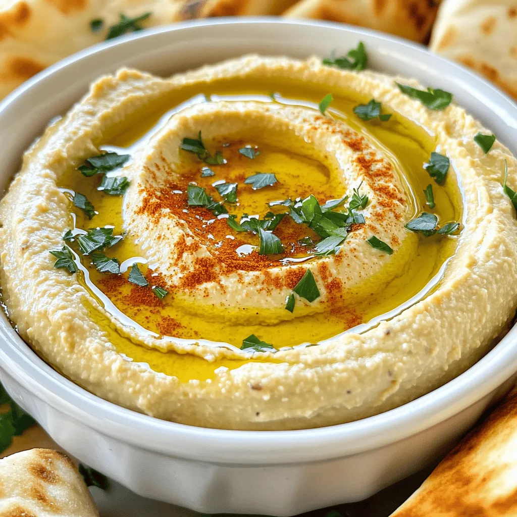 - 1 cup chickpeas, soaked overnight and cooked until tender - 1 head of garlic - 2 tablespoons tahini - 2 tablespoons extra virgin olive oil - 3 tablespoons lemon juice - 1 teaspoon ground cumin - Salt to taste - Water, as needed Roasted garlic hummus starts with simple yet tasty ingredients. Chickpeas are the base, giving the hummus a creamy texture. I use garlic for a rich flavor. Roasting garlic sweetens its taste, creating a perfect blend. Tahini adds a nutty touch, while olive oil makes it smooth. Lemon juice brings brightness, and cumin adds warmth. Salt enhances all these flavors. Water helps achieve your desired consistency. - Paprika - Fresh parsley Garnishing is a fun part of cooking! I love to sprinkle paprika on top for color and flavor. Fresh parsley adds a pop of green and freshness. Both options elevate the dish and make it more inviting. - Food processor - Aluminum foil - Baking sheet You’ll need a few tools to make this dish. A food processor blends everything into a silky hummus. Use aluminum foil to wrap the garlic while roasting. A baking sheet helps with roasting the garlic evenly. With these items, you’ll create a delicious dip that impresses everyone. For the full recipe, check out the instructions provided above. Preheating and Roasting Start by preheating your oven to 400°F (200°C). This heat brings out the sweet flavor of garlic. Slice the top off the head of garlic. This shows the cloves inside. Drizzle a bit of olive oil on top. This helps the garlic roast evenly. Wrapping and Timing Wrap the garlic in aluminum foil. This keeps it safe while it cooks. Place it directly on the oven rack for about 30-35 minutes. The garlic should be soft and caramelized when done. The smell will fill your kitchen with warmth. Combining Ingredients in the Food Processor While your garlic is roasting, prepare the hummus. In your food processor, combine 1 cup of cooked chickpeas, 2 tablespoons of tahini, 2 tablespoons of olive oil, 3 tablespoons of lemon juice, 1 teaspoon of ground cumin, and salt to taste. This mix forms the base of your hummus. Adding Roasted Garlic Once the garlic is ready, squeeze the roasted cloves into the food processor. Discard the skins. Blend this mixture until it becomes smooth. You may need to stop and scrape down the sides to ensure everything mixes well. Adjusting with Water If your hummus feels too thick, add water slowly. Use one tablespoon at a time. Blend again until you reach the smooth, creamy consistency you like. The right texture is key for a great dip. Final Taste Adjustments Taste your hummus. You can add more salt or lemon juice if needed. Adjusting the flavors makes a big difference. Transfer your hummus to a serving bowl. A drizzle of olive oil and a sprinkle of paprika and fresh parsley can make it look extra special. For the full recipe and more tips, check out the [Full Recipe]. - Choosing the Right Garlic When selecting garlic, look for heads that are firm and dry. Avoid any with soft spots or green shoots. Fresh garlic will give your hummus a strong, rich flavor. - Signs of Proper Roasting Roasted garlic should feel soft when you squeeze it. The color should be golden brown, not burnt. The sweet aroma means it is ready to blend into your hummus. - Additional Seasonings To elevate the flavor, consider adding a pinch of smoked paprika or cayenne pepper. These spices add depth and can give your hummus a unique twist. - Balancing Ingredients Taste your hummus as you blend. You may want to add more lemon juice for brightness or extra olive oil for richness. Finding the right balance makes all the difference. - Dips and Spreads Roasted garlic hummus is great as a dip with pita chips or crackers. You can also use it as a spread on sandwiches or wraps. It adds a creamy texture and a burst of flavor. - Pairing with Vegetables or Bread Serve hummus with fresh veggies like carrots, cucumbers, or bell peppers. You can also pair it with warm, crusty bread. This makes for a delightful snack or appetizer. For the full recipe, refer to the earlier section. {{image_2}} To make a spicy roasted garlic hummus, add some heat to your mix. You can use red pepper flakes or a dash of cayenne. Both will add a nice kick. You can also blend in jalapeños for a fresh, spicy flavor. - Suggested spices and ingredients: - 1 teaspoon red pepper flakes - 1 small jalapeño, seeds removed - 1 teaspoon cayenne pepper Mix these in after adding the roasted garlic. Taste as you go to find your perfect spice level. Herbs can bring bright flavors to your hummus. Fresh herbs like parsley, cilantro, or dill work well. You can also use dried herbs if fresh ones aren’t available. - Using fresh herbs: Add about ½ cup of fresh herbs to the food processor. This will enhance the flavor and freshness. - Flavor combinations: - Parsley and lemon for a zesty touch - Cilantro and lime for a refreshing twist - Dill and garlic for a rich, savory blend Experiment with different herbs to find your favorite mix. Nuts can add a wonderful crunch to hummus. They also boost the protein and healthy fat content. - Adding nuts for texture: Add about ¼ cup of nuts like almonds, walnuts, or pine nuts. Blend them into the hummus for a creamy texture. - Variations in nut types: - Almonds for a mild, sweet note - Walnuts for a rich, earthy flavor - Pine nuts for a buttery taste Feel free to mix and match to create your own nutty version. For the full recipe, check out the complete details above. Store your roasted garlic hummus in the fridge. Put it in an airtight container. This keeps it fresh for you. You can enjoy it for about a week. Make sure the hummus cools before sealing it. Hot food can create moisture inside the container. This moisture can spoil your hummus faster. Use glass or plastic containers with tight lids. These types help keep the hummus fresh. Avoid using containers that let air in. Freezing is a great way to save hummus for later. You can freeze it for about three months. Just follow some simple steps to keep it tasty. Scoop the hummus into small portions. Use ice cube trays or small containers. This makes it easy to thaw and use only what you need. To thaw, put the hummus in the fridge overnight. If you’re in a hurry, use the microwave for a few seconds. Stir well before serving. Check your hummus for freshness before eating. It should smell good and taste great. Fresh hummus is creamy and smooth. The color should be even, with no dark spots. If you see mold or a strange smell, it’s time to toss it out. Better safe than sorry when it comes to food! Yes, you can use canned chickpeas. Canned chickpeas save time and are convenient. They are already cooked, so you skip the soaking step. Just rinse and drain them well. However, fresh chickpeas have a firmer texture, which can add depth to your hummus. Canned chickpeas may lead to a creamier hummus but can also taste a bit bland. Always season your hummus to enhance flavor. This recipe is already vegan! It uses chickpeas, garlic, tahini, and olive oil. All these ingredients are plant-based. You don’t need to worry about adding any animal products. Ensure that your tahini does not have any added ingredients that are not vegan. With these ingredients, you get a tasty, creamy hummus that fits a vegan diet. Roasted garlic hummus pairs well with many snacks. Here are some great options: - Pita bread - Fresh vegetables like carrots, cucumbers, and bell peppers - Crackers - Grilled meats or fish - Spread on sandwiches or wraps These options enhance your meal and provide a fun way to enjoy the hummus. Roasted garlic hummus is a simple, tasty dish made with chickpeas, garlic, and spices. It’s easy to prepare with a food processor, and you can adjust it to your taste. Adding fresh herbs or spices gives it extra flavor. Remember to store it well to keep it fresh. Enjoy this healthy snack with veggies or bread. Whether for a party or a quiet night, this hummus brings joy to your table. Try different variations to find your favorite. You’ll love how versatile and delicious homemade hummus can be!