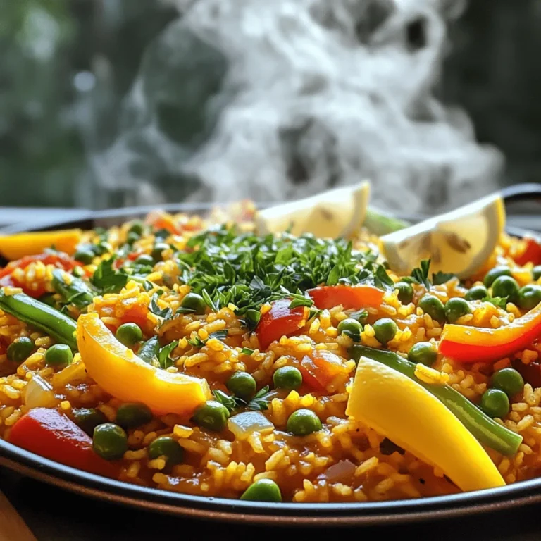To make a great vegetable paella, you need: - 2 cups Bomba or Arborio rice - 4 cups vegetable broth - 1 tablespoon olive oil - 1 red bell pepper, diced - 1 yellow bell pepper, diced - 1 small red onion, finely chopped - 2 cloves garlic, minced - 1 cup green beans, trimmed and chopped - 1 cup tomatoes, diced (fresh or canned) - 1 teaspoon smoked paprika - 1/2 teaspoon saffron threads (optional, for authenticity) - Salt and pepper to taste - 1 cup peas (fresh or frozen) - Fresh parsley, chopped (for garnish) - Lemon wedges (for serving) These ingredients create a colorful and tasty dish. The rice is the base, soaking up all the flavors. The fresh vegetables add crunch and nutrition. Smoked paprika gives it depth, while saffron adds a hint of luxury. You can swap out the rice for quinoa or even cauliflower rice for a low-carb option. If you don't have vegetable broth, use water with a bit of soy sauce or miso for flavor. Feel free to add other vegetables like zucchini, artichokes, or peas. These can boost the taste and texture. For more umami, try adding a splash of soy sauce or a sprinkle of nutritional yeast. Both give a savory punch without much effort. If you want more protein, chickpeas or tofu work great. They add heartiness to the dish. For the full recipe and detailed steps, check out the [Full Recipe]. To start, heat the olive oil in a large paella pan or deep skillet over medium heat. Add the chopped onion and minced garlic. Sauté them until they soften and smell great, about 3-4 minutes. This step builds a strong flavor base. Next, stir in the diced red and yellow bell peppers. Cook them for another 3-4 minutes until they start to soften. Then, add the chopped green beans and diced tomatoes. Let these cook for an additional 5 minutes until all the vegetables are tender. Now, it's time to incorporate the rice and seasoning. Stir in the smoked paprika and saffron if you're using it. Add the rice and mix well to coat it in the vegetable mixture. This ensures each grain absorbs the flavors. Pour in the vegetable broth and season with salt and pepper. Bring this to a boil, then lower the heat to let it simmer. Cook uncovered for about 20 minutes. Avoid stirring the rice during this time. It should absorb most of the liquid and become al dente. Once the rice is cooked, sprinkle the peas on top. Cover the pan with a clean kitchen towel or lid, and let it rest for 5-10 minutes off the heat. This resting period helps the flavors meld together. Finally, fluff the paella gently with a fork before serving. Garnish with chopped parsley and serve with lemon wedges on the side. Enjoy the beautiful colors and flavors of your vegetable paella! For the complete instructions, check the Full Recipe. To get great rice in your paella, let it rest after cooking. Resting gives the rice time to absorb flavors. This step makes the dish more delicious. To avoid mushy rice, do not stir while it cooks. Stirring can release starch and make the rice sticky. Instead, let the rice simmer gently. Use a good amount of broth, but not too much. Aim for the right balance. Using fresh herbs and spices makes your paella pop! Fresh parsley adds color and flavor. Smoked paprika gives a warm, smoky taste. For a true Spanish flavor, use saffron. It adds a unique touch. If you can, buy high-quality saffron. It makes a big difference. To enhance the smoky flavor, cook over an open flame if possible. If not, use a grill or broiler for a few minutes. This step adds depth to your dish. When serving, use a wide, shallow dish. A traditional paella pan works great. You want to show off the colorful veggies and rice. Garnish the paella with parsley and lemon wedges. This adds brightness and freshness. Serve right from the pan for a rustic feel. Guests will love the shared experience. Make sure everyone has a fork and a plate ready. Enjoy your Vegetable Paella with friends and family. For the full recipe, check out the detailed steps above. {{image_2}} You can easily boost the protein in your vegetable paella. Chickpeas are a great choice. They add a nutty flavor and texture that works well. Just toss in one can of rinsed chickpeas when you add the rice. Tofu is another fantastic option. Use firm tofu for the best results. Cut it into cubes and pan-fry it until golden. Add the tofu to the paella when you stir in the rice. If you want a meatier taste, try vegan sausage. Slice it up and cook it with the onions and garlic. This will infuse your dish with rich flavor and texture. Every region has its own spin on paella. In Valencia, you might find artichokes and green beans. In Andalusia, they add local spices like saffron and pimentón. Feel free to swap out vegetables based on what you have. Zucchini, spinach, or even mushrooms add great taste. Use what’s fresh and in season. It makes your dish even better! To keep your vegetable paella gluten-free, use Bomba or Arborio rice. Both are naturally gluten-free. Check your broth too. Some broths may contain gluten, so read the label. For dairy-free options, this recipe is already free of dairy. Just skip any cheese toppings. You can also use coconut milk for a creamy touch if you like. These tips ensure you can delight everyone at your table with this flavorful dish. Don't forget to check the Full Recipe for all the details! To keep your vegetable paella fresh, follow these steps: - Cool down: Allow the paella to cool to room temperature. - Use airtight containers: Transfer the paella to containers with tight lids. - Refrigerate promptly: Store in the fridge within two hours of cooking. If you want to freeze the paella: - Cool completely: Let it cool to room temperature first. - Use freezer-safe bags: Place portions in bags, removing as much air as possible. - Label and date: Mark the bags with the date for easy tracking. In the fridge, vegetable paella lasts about 3 to 4 days. In the freezer, it can last up to 3 months. To check for freshness: - Look for changes in color: If it appears dull or discolored, it may be spoiled. - Smell it: A sour or off smell is a clear sign to toss it. - Texture: If it feels slimy or overly dry, it’s best to discard it. Following these tips ensures your vegetable paella stays tasty and safe to eat! For the complete details on making this dish, check the full recipe. Paella is a special Spanish dish made with rice, saffron, and a mix of meats or vegetables. Other rice dishes, like risotto, use broth and are stirred while cooking. Traditional paella often includes seafood or meat, like chicken and rabbit. Vegetable paella, on the other hand, swaps these for colorful, fresh veggies. It keeps the same great flavors but caters to plant lovers. You still get that lovely texture and taste, just without the meat. Yes, you can make vegetable paella ahead of time. It's great for meal prep! Cook it as you normally would, let it cool, and store it in an airtight container. You can keep it in the fridge for up to three days. If you want to keep it longer, freeze it. Just remember to cool it fully before freezing. When ready to eat, reheat it gently on the stove or in the microwave. This keeps the rice from getting too mushy. Absolutely! Vegetable paella is packed with nutrients. It uses many vegetables, which are low in calories but high in vitamins and minerals. The dish is also rich in fiber, which helps your digestion. A typical serving has around 300 calories, depending on the ingredients. The rice provides energy, while the veggies add color and nutrition. This makes vegetable paella a wholesome choice for any meal. Plus, it's a fun way to enjoy a variety of flavors. You can find the full recipe in the earlier sections. Vegetable paella is a delicious and versatile dish full of flavor. Key ingredients like Bomba rice, fresh vegetables, and spices make it a standout. You can adjust the recipe with different veggies or add protein for variety. Remember to let the paella rest to get that perfect rice texture. Enjoy sharing this meal with friends or family. Whether you prefer a classic or regional twist, there's no wrong way to make it. Try it today!