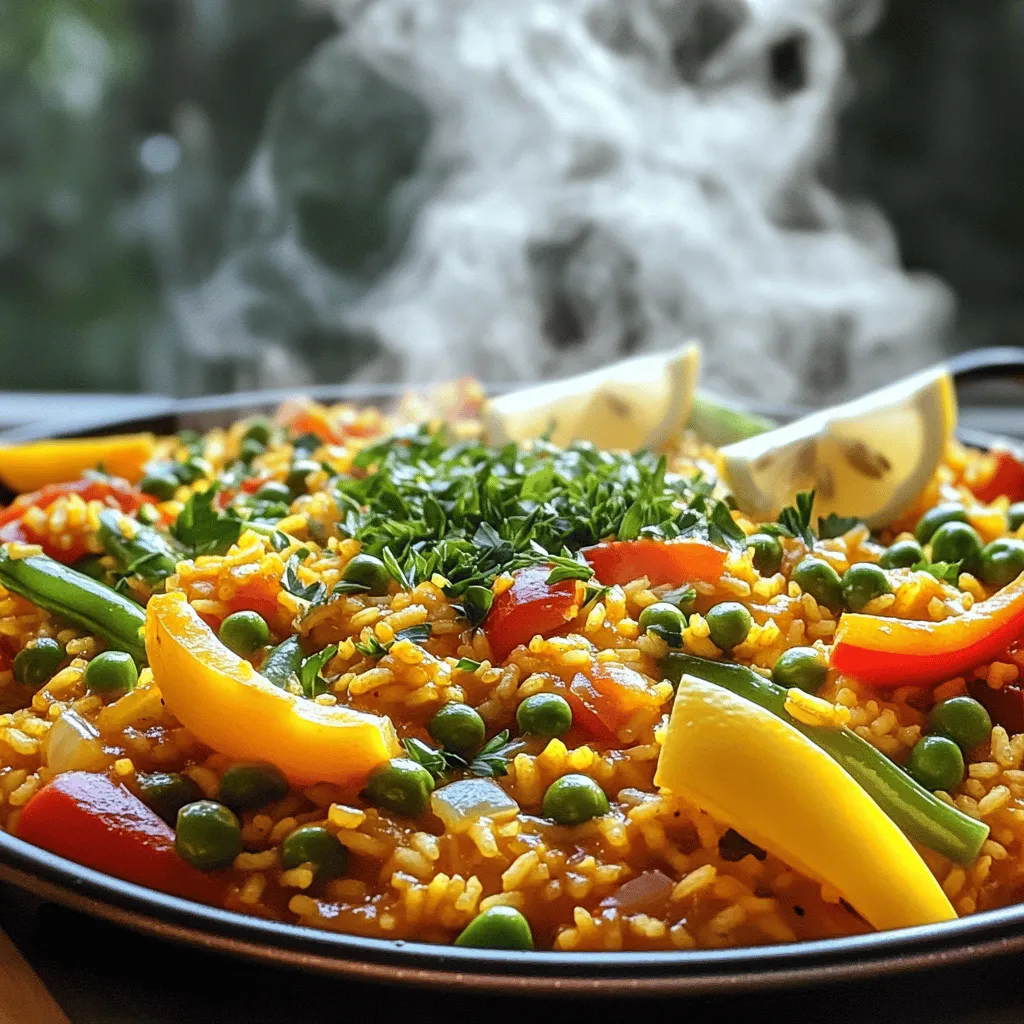 To make a great vegetable paella, you need: - 2 cups Bomba or Arborio rice - 4 cups vegetable broth - 1 tablespoon olive oil - 1 red bell pepper, diced - 1 yellow bell pepper, diced - 1 small red onion, finely chopped - 2 cloves garlic, minced - 1 cup green beans, trimmed and chopped - 1 cup tomatoes, diced (fresh or canned) - 1 teaspoon smoked paprika - 1/2 teaspoon saffron threads (optional, for authenticity) - Salt and pepper to taste - 1 cup peas (fresh or frozen) - Fresh parsley, chopped (for garnish) - Lemon wedges (for serving) These ingredients create a colorful and tasty dish. The rice is the base, soaking up all the flavors. The fresh vegetables add crunch and nutrition. Smoked paprika gives it depth, while saffron adds a hint of luxury. You can swap out the rice for quinoa or even cauliflower rice for a low-carb option. If you don't have vegetable broth, use water with a bit of soy sauce or miso for flavor. Feel free to add other vegetables like zucchini, artichokes, or peas. These can boost the taste and texture. For more umami, try adding a splash of soy sauce or a sprinkle of nutritional yeast. Both give a savory punch without much effort. If you want more protein, chickpeas or tofu work great. They add heartiness to the dish. For the full recipe and detailed steps, check out the [Full Recipe]. To start, heat the olive oil in a large paella pan or deep skillet over medium heat. Add the chopped onion and minced garlic. Sauté them until they soften and smell great, about 3-4 minutes. This step builds a strong flavor base. Next, stir in the diced red and yellow bell peppers. Cook them for another 3-4 minutes until they start to soften. Then, add the chopped green beans and diced tomatoes. Let these cook for an additional 5 minutes until all the vegetables are tender. Now, it's time to incorporate the rice and seasoning. Stir in the smoked paprika and saffron if you're using it. Add the rice and mix well to coat it in the vegetable mixture. This ensures each grain absorbs the flavors. Pour in the vegetable broth and season with salt and pepper. Bring this to a boil, then lower the heat to let it simmer. Cook uncovered for about 20 minutes. Avoid stirring the rice during this time. It should absorb most of the liquid and become al dente. Once the rice is cooked, sprinkle the peas on top. Cover the pan with a clean kitchen towel or lid, and let it rest for 5-10 minutes off the heat. This resting period helps the flavors meld together. Finally, fluff the paella gently with a fork before serving. Garnish with chopped parsley and serve with lemon wedges on the side. Enjoy the beautiful colors and flavors of your vegetable paella! For the complete instructions, check the Full Recipe. To get great rice in your paella, let it rest after cooking. Resting gives the rice time to absorb flavors. This step makes the dish more delicious. To avoid mushy rice, do not stir while it cooks. Stirring can release starch and make the rice sticky. Instead, let the rice simmer gently. Use a good amount of broth, but not too much. Aim for the right balance. Using fresh herbs and spices makes your paella pop! Fresh parsley adds color and flavor. Smoked paprika gives a warm, smoky taste. For a true Spanish flavor, use saffron. It adds a unique touch. If you can, buy high-quality saffron. It makes a big difference. To enhance the smoky flavor, cook over an open flame if possible. If not, use a grill or broiler for a few minutes. This step adds depth to your dish. When serving, use a wide, shallow dish. A traditional paella pan works great. You want to show off the colorful veggies and rice. Garnish the paella with parsley and lemon wedges. This adds brightness and freshness. Serve right from the pan for a rustic feel. Guests will love the shared experience. Make sure everyone has a fork and a plate ready. Enjoy your Vegetable Paella with friends and family. For the full recipe, check out the detailed steps above. {{image_2}} You can easily boost the protein in your vegetable paella. Chickpeas are a great choice. They add a nutty flavor and texture that works well. Just toss in one can of rinsed chickpeas when you add the rice. Tofu is another fantastic option. Use firm tofu for the best results. Cut it into cubes and pan-fry it until golden. Add the tofu to the paella when you stir in the rice. If you want a meatier taste, try vegan sausage. Slice it up and cook it with the onions and garlic. This will infuse your dish with rich flavor and texture. Every region has its own spin on paella. In Valencia, you might find artichokes and green beans. In Andalusia, they add local spices like saffron and pimentón. Feel free to swap out vegetables based on what you have. Zucchini, spinach, or even mushrooms add great taste. Use what’s fresh and in season. It makes your dish even better! To keep your vegetable paella gluten-free, use Bomba or Arborio rice. Both are naturally gluten-free. Check your broth too. Some broths may contain gluten, so read the label. For dairy-free options, this recipe is already free of dairy. Just skip any cheese toppings. You can also use coconut milk for a creamy touch if you like. These tips ensure you can delight everyone at your table with this flavorful dish. Don't forget to check the Full Recipe for all the details! To keep your vegetable paella fresh, follow these steps: - Cool down: Allow the paella to cool to room temperature. - Use airtight containers: Transfer the paella to containers with tight lids. - Refrigerate promptly: Store in the fridge within two hours of cooking. If you want to freeze the paella: - Cool completely: Let it cool to room temperature first. - Use freezer-safe bags: Place portions in bags, removing as much air as possible. - Label and date: Mark the bags with the date for easy tracking. In the fridge, vegetable paella lasts about 3 to 4 days. In the freezer, it can last up to 3 months. To check for freshness: - Look for changes in color: If it appears dull or discolored, it may be spoiled. - Smell it: A sour or off smell is a clear sign to toss it. - Texture: If it feels slimy or overly dry, it’s best to discard it. Following these tips ensures your vegetable paella stays tasty and safe to eat! For the complete details on making this dish, check the full recipe. Paella is a special Spanish dish made with rice, saffron, and a mix of meats or vegetables. Other rice dishes, like risotto, use broth and are stirred while cooking. Traditional paella often includes seafood or meat, like chicken and rabbit. Vegetable paella, on the other hand, swaps these for colorful, fresh veggies. It keeps the same great flavors but caters to plant lovers. You still get that lovely texture and taste, just without the meat. Yes, you can make vegetable paella ahead of time. It's great for meal prep! Cook it as you normally would, let it cool, and store it in an airtight container. You can keep it in the fridge for up to three days. If you want to keep it longer, freeze it. Just remember to cool it fully before freezing. When ready to eat, reheat it gently on the stove or in the microwave. This keeps the rice from getting too mushy. Absolutely! Vegetable paella is packed with nutrients. It uses many vegetables, which are low in calories but high in vitamins and minerals. The dish is also rich in fiber, which helps your digestion. A typical serving has around 300 calories, depending on the ingredients. The rice provides energy, while the veggies add color and nutrition. This makes vegetable paella a wholesome choice for any meal. Plus, it's a fun way to enjoy a variety of flavors. You can find the full recipe in the earlier sections. Vegetable paella is a delicious and versatile dish full of flavor. Key ingredients like Bomba rice, fresh vegetables, and spices make it a standout. You can adjust the recipe with different veggies or add protein for variety. Remember to let the paella rest to get that perfect rice texture. Enjoy sharing this meal with friends or family. Whether you prefer a classic or regional twist, there's no wrong way to make it. Try it today!