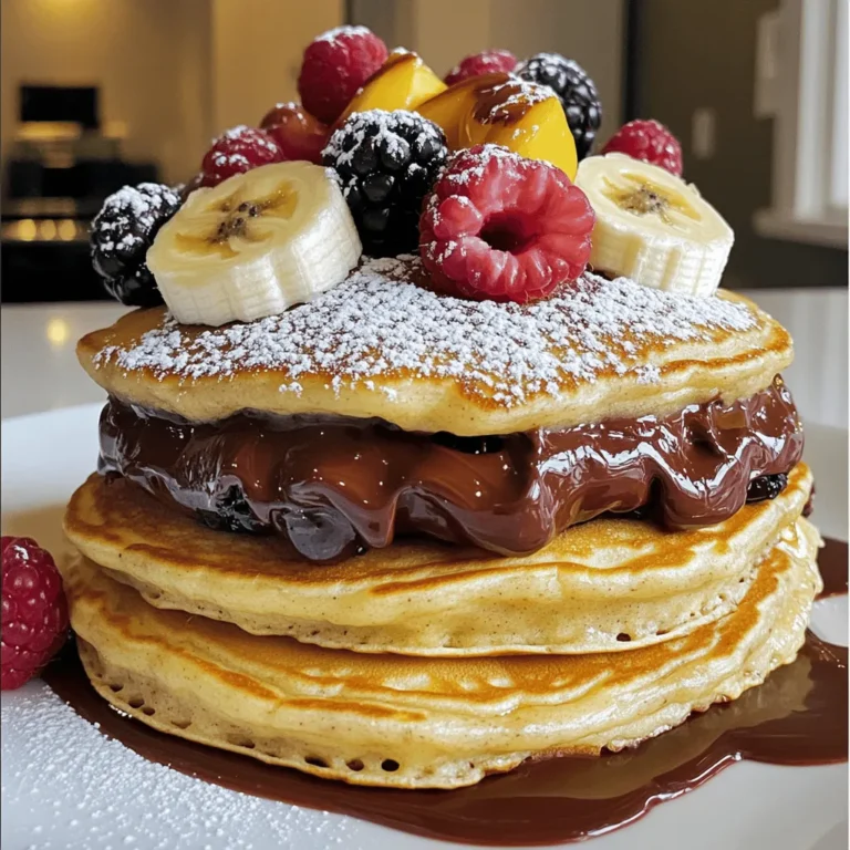 - 1 cup all-purpose flour - 2 tablespoons sugar - 1 teaspoon baking powder - 1/2 teaspoon baking soda - 1/4 teaspoon salt - 1 cup buttermilk - 1 large egg - 2 tablespoons unsalted butter, melted - 1/2 cup Nutella - Butter or oil for cooking These ingredients make the base of our Nutella stuffed pancakes. I love using all-purpose flour for its versatility. Sugar adds great sweetness. Baking powder and baking soda help the pancakes rise and get fluffy. A touch of salt balances the flavors. Buttermilk gives the pancakes a nice tang and helps them stay moist. The egg binds everything together, while melted butter adds richness. And of course, we cannot forget the star of the show: Nutella! It fills the pancakes with creamy, chocolatey goodness. - Powdered sugar - Fresh berries or banana slices - Maple syrup - Whipped cream Adding toppings makes these pancakes even more fun. Powdered sugar gives a sweet touch. Fresh berries or banana slices add color and flavor. Maple syrup brings sweetness, and whipped cream adds creaminess. Each option offers a new way to enjoy these delicious pancakes. You can experiment and find your favorite combination! For the full recipe, refer to the detailed instructions provided above. - Prepping the dry ingredients Start by gathering your dry ingredients. In a large bowl, mix together: - 1 cup all-purpose flour - 2 tablespoons sugar - 1 teaspoon baking powder - 1/2 teaspoon baking soda - 1/4 teaspoon salt Whisk these well until everything blends together. - Mixing the wet ingredients In another bowl, combine your wet ingredients. Add: - 1 cup buttermilk - 1 large egg - 2 tablespoons melted unsalted butter Stir until the mixture is smooth and well combined. - Pouring and flipping the pancakes Preheat a non-stick skillet or griddle over medium heat. Lightly grease it with butter or oil. Pour about 1/4 cup of pancake batter onto the skillet for each pancake. Cook for about 2-3 minutes. - Incorporating Nutella filling When you see bubbles form on the edges, spoon 1 tablespoon of Nutella right in the center of each pancake. Quickly cover the Nutella with another 1/4 cup of batter. Cook until the bottom is golden brown, about 2-3 minutes. Carefully flip the pancake and cook for another 2-3 minutes. - Stacking and presenting the pancakes Once cooked, stack your pancakes high on a plate. - Drizzling and garnishing Drizzle with extra Nutella or maple syrup. For a fun twist, top with fresh berries or banana slices. A dusting of powdered sugar adds a nice touch too! To get fluffy pancakes, avoid overmixing the batter. Mix the wet and dry ingredients until just combined. A few lumps are okay and help keep the pancakes light. Next, use the right cooking temperature. Medium heat works best. If the skillet is too hot, your pancakes may burn outside and stay raw inside. You can add more flavor to your pancakes by using flavored extracts. A splash of vanilla or almond extract makes a big difference. You can also add spices like cinnamon. Just a pinch can make your pancakes taste even better. Watch out for under or overcooking your pancakes. Cook them until the edges bubble and the bottom is golden brown. Then, flip them gently. Don't skip the resting phase for the batter. Letting it sit for a few minutes helps the gluten relax. This results in a softer texture. For the complete recipe, check the [Full Recipe]. {{image_2}} You can change the filling to keep things exciting. - Peanut butter or almond butter: These nutty spreads work well. They add a rich taste that pairs great with pancakes. - Fruit preserves or jam: Try adding your favorite fruit spreads. They bring a sweet, fruity burst to each bite. If you need to adjust for diet, there are options. - Gluten-free pancake options: Use gluten-free flour blends. They create fluffy pancakes without gluten. - Vegan pancake options: Replace the egg with a flaxseed mixture. Use plant-based milk and oil for a tasty vegan treat. Serving styles can add fun to your meals. - Pancake stacks with different flavors: Stack pancakes with varying fillings. Each layer can surprise with new tastes. - Pineapple or apple topping variants: Top pancakes with warm fruit. Sautéed pineapples or apples add sweetness and texture. For the full recipe, check out the complete guide to Nutella stuffed pancakes! To keep your leftover pancakes fresh, place them in an airtight container. This prevents them from drying out. You can stack the pancakes with parchment paper between each layer. Store them in the fridge for up to three days. When you want to eat them, reheat in a microwave for about 20-30 seconds. You can also use a skillet over low heat for a crispier texture. If you want to save the pancakes for later, freezing is a great option. First, let them cool completely. Then, place them in a single layer on a baking sheet. Freeze for about an hour until firm. After that, transfer them to a freezer bag. Remove as much air as possible. These pancakes can last for up to two months in the freezer. To defrost, take them out and let them sit in the fridge overnight. You can also use the microwave. Heat them for about 1-2 minutes on low power. For best results, reheat them in a skillet for a few minutes. This will help them regain their fluffy texture. Fresh pancakes taste best when eaten right away. However, they can last in the fridge for three days. If you freeze them, they stay good for two months. Look for signs like dryness or a change in smell to check if they have gone bad. If they seem tough or smell off, it’s best to toss them. Enjoy your Nutella stuffed pancakes while they’re fresh and tasty! For the full recipe, refer to the section above. To stop Nutella from leaking, use two simple tips. First, pour the batter thick enough for good coverage. Second, spoon Nutella only in the center. Then, cover it with more batter. This creates a nice seal. If you follow this, you will keep the Nutella inside the pancake! Yes, you can make the batter ahead of time. Mix the dry ingredients and wet ingredients separately. Store them in the fridge. When you are ready, just combine them and cook. This saves time and makes breakfast easy. Just remember to stir well before cooking! If you don’t have buttermilk, don’t worry! You can make your own. Mix one cup of milk with one tablespoon of lemon juice or vinegar. Let it sit for five minutes. This creates a sour milk that works great in pancakes. You can also use plain yogurt or sour cream, thinned with a little milk. You learned how to make delicious Nutella pancakes from scratch. We covered each step, from mixing ingredients to cooking. You can also try different toppings and variations to match your taste. If you store leftovers properly, they can last for days. Remember, pancakes are a fun way to explore flavors. Use the tips to create your perfect batch every time. Enjoy your tasty pancakes!