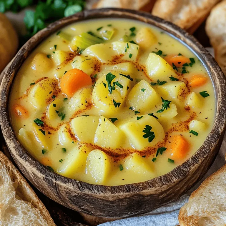 - 4 medium potatoes, peeled and diced - 1 large onion, chopped - 2 carrots, diced - 2 celery stalks, diced - 4 cups vegetable broth - 1 cup milk (or plant-based milk) - 3 tablespoons butter - 2 teaspoons dried thyme - 1 teaspoon smoked paprika - Salt and pepper to taste - Fresh parsley, chopped (for garnish) When I make German potato soup, I focus on fresh ingredients. The potatoes make the base creamy. I prefer medium potatoes for their texture. The large onion adds a nice sweetness when cooked. Carrots and celery bring color and flavor. You need vegetable broth for depth. Milk adds creaminess, but you can use plant-based options too. Butter gives a rich taste that elevates the soup. Thyme and smoked paprika add warmth and a hint of spice. Don't forget salt and pepper; they bring out all the flavors. Fresh parsley at the end brightens up the dish. Using quality ingredients makes all the difference. Remember, this is about a comforting bowl of soup. For the full details, check out the Full Recipe. Enjoy your cooking! - Step 1: Sautéing the Onions Start by melting the butter in a large pot over medium heat. Add the chopped onion. Sauté until the onion turns translucent, about five minutes. This step builds a great base for your soup. - Step 2: Cooking Vegetables Next, stir in the diced carrots and celery. Cook these for an additional five minutes. You want them to soften but not lose their crunch. This adds texture to your soup. - Step 3: Boiling Potatoes Now, add the diced potatoes into the pot. Pour in the vegetable broth. Bring this mix to a boil. Once boiling, reduce the heat to a simmer. Add dried thyme, smoked paprika, salt, and pepper. Cook for 20 to 25 minutes until the potatoes are tender. - Step 4: Blending the Soup Once the potatoes are soft, it's time to blend. Use a potato masher or an immersion blender. Mash the soup to create a creamy texture, but keep some chunks for a hearty feel. - Step 5: Incorporating Milk and Seasoning Stir in the milk and let the soup heat for another five minutes. This step makes the soup rich and creamy. Taste and adjust seasoning as needed. - Step 6: Serving Suggestions Ladle the soup into rustic bowls. Garnish with chopped parsley and a sprinkle of smoked paprika. Serve it with crusty bread for a warm, comforting meal. Enjoy every spoonful of this rich and flavorful comfort bowl! For the complete recipe, check out the [Full Recipe]. Using Stock vs. Broth Using stock gives your soup a deeper flavor. Stock comes from bones and adds richness. Broth is lighter and made from vegetables or meat. Both work, but stock is my favorite. If you want a vegetarian option, use vegetable stock. It adds a layer of taste that makes this soup shine. The Importance of Seasoning Seasoning is key to a great soup. Start with salt and pepper. Taste as you go. Dried thyme and smoked paprika add a warm, earthy flavor. Don't skip these spices; they bring life to the dish. Adjust the seasoning at the end to suit your taste. How to Blend Properly When blending, I prefer using an immersion blender. It’s easy and less messy. Blend until you reach a creamy texture but leave some chunks for a hearty bite. If you don’t have one, a regular blender works too. Just blend in batches to avoid spills. Adjusting Thickness If your soup is too thick, add more broth or milk. Start with a little and mix well. If it's too thin, let it simmer longer. This helps it thicken naturally. The perfect consistency should be creamy but still have some body. Garnishing Ideas Garnishing makes your bowl of soup look special. A sprinkle of fresh parsley adds color and freshness. You can also add a pinch of smoked paprika on top for a nice touch. A dollop of sour cream makes it look fancy and tastes great too. Serving with Side Dishes Serve your soup with crusty bread. It’s perfect for dipping. A green salad on the side adds freshness. You can pair it with soft pretzels for a German twist. Enjoy your meal with family or friends for a cozy dinner. For the full recipe, check out the Hearty German Potato Soup! {{image_2}} You can easily change this soup to fit your taste. One great option is adding sausage or bacon. These meats bring a smoky flavor that adds richness. Just sauté them in the pot before adding the other ingredients. This step adds depth to your soup. You can also incorporate different vegetables. Consider adding leeks, bell peppers, or even green beans. These veggies can brighten the soup while adding more nutrients. Don’t be afraid to play with flavors and colors. Each version can be unique and fun! If you're looking for a vegan or dairy-free version of this soup, it’s simple. Just swap the milk for plant-based milk. Almond, soy, or oat milk work well. You can use vegan butter instead of regular butter too. This way, you keep the creamy texture without dairy. For gluten-free considerations, check your vegetable broth. Some broths may contain gluten. Always read the labels to ensure your soup remains gluten-free. With these small tweaks, everyone can enjoy this warm bowl of comfort. Traditional German additions often include fresh herbs like dill or chives. These herbs can elevate the flavor and aroma. Some regions also add a splash of vinegar for a tangy kick. This makes the soup even more exciting. In other cultures, you might see variations with spices or different meats. For example, some might use curry powder or add chicken. These changes create a fusion of flavors. They can make a simple potato soup feel new and different. For the full recipe, check out the details in the earlier sections! How to Store Leftovers To store leftover German potato soup, let it cool first. Then, place it in an airtight container. This keeps it fresh and prevents spills. Make sure to refrigerate the soup within two hours of cooking for safety. It can last in the fridge for about three to four days. Reheating Instructions When reheating, pour the soup into a pot. Heat it over medium-low heat until it warms through. Stir it often to ensure even heating. You can also use the microwave, but heat it in short intervals. Stir in between to avoid hot spots. Best Practices for Freezing Soup For freezing, use freezer-safe containers or bags. Leave some space at the top, as soup expands when frozen. Label each container with the date. This helps you track how long it has been in the freezer. German potato soup can stay good for about three months in the freezer. Thawing and Reheating To thaw, move the soup to the fridge a day before you plan to eat it. For faster results, run warm water over the sealed bag. After thawing, reheat it using the same method as above. Add a bit more broth or milk if the soup seems too thick after freezing. What is the origin of German Potato Soup? German Potato Soup comes from Germany. It is a comforting dish that uses simple, fresh ingredients. This soup is popular in many German homes, especially during colder months. It reflects the hearty flavors of German cooking. Can I make this soup in advance? Yes, you can make this soup ahead of time. It stores well in the fridge for up to three days. Just reheat it on the stove when you're ready to enjoy it. Making it in advance allows the flavors to deepen, making it even tastier. How do I make it creamier? To make the soup creamier, add more milk or plant-based milk. You can also blend the soup longer for a smoother texture. Using half-and-half instead of milk works well for extra creaminess too. What can I serve with German Potato Soup? This soup pairs well with crusty bread or rolls. You can also serve it with a fresh salad for a light meal. A slice of cheese or a charcuterie board makes a great side too. How long does leftover soup last? Leftover German Potato Soup lasts about three to four days in the fridge. Store it in an airtight container to keep it fresh. You can also freeze it for up to three months for longer storage. Can I use other types of potatoes? Yes, you can use other types of potatoes. Yukon Gold or red potatoes work well. Just make sure to adjust the cooking time if you choose different types. Can I make this soup spicy? You can add spice to the soup. Try adding crushed red pepper flakes or cayenne pepper. Start with a small amount, then taste and adjust as needed. This will give your soup a nice kick. How to modify for smaller servings? To make smaller servings, simply halve the ingredient amounts. This is an easy way to adjust the recipe for one or two people. You can also freeze any extra soup for later use, making it a great option for meal prep. For the full recipe and step-by-step instructions, check out the Full Recipe. This blog post covered all you need for a delicious German potato soup. We listed the ingredients, shared easy steps to make it, and provided tips to make it great. I also gave ideas for variations and how to store it. Remember, seasoning and blending are key for the best flavor and texture. Don't be afraid to experiment with ingredients, or try different styles. Enjoy making this soup and share it with others!