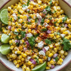To make Mexican Street Corn Salad, gather these ingredients: - 4 ears of corn, husked - 1/2 cup crumbled feta cheese - 1/4 cup mayonnaise - 1/4 cup sour cream - 1 tablespoon lime juice - 1 teaspoon chili powder - 1 teaspoon garlic powder - 1/4 teaspoon smoked paprika - Salt and pepper to taste - 1/4 cup cilantro, chopped - 1/4 cup diced red onion - 1 jalapeño, finely chopped (optional for extra heat) These fresh ingredients create a bright and tasty dish. The corn gives a nice crunch. The feta adds creaminess, while lime juice brings a zesty kick. You can swap some ingredients if needed: - Use cotija cheese instead of feta for a classic twist. - Greek yogurt can replace sour cream for a lighter option. - For a vegan salad, try using vegan mayo and tofu feta. - If you want less heat, skip the jalapeño or use a bell pepper instead. These substitutions keep the dish fun and flexible. You can make it work for your taste or diet. This salad is not only delicious but also nutritious. Here’s a quick look at what you get per serving: - Calories: 200 - Protein: 5g - Carbohydrates: 20g - Fat: 12g - Fiber: 3g This salad packs flavor and nutrition in every bite. It's perfect for a light meal or a side dish. For the full recipe, check out [Full Recipe]. Start with fresh corn. Husk the corn and remove all silk. Preheat your grill to medium-high heat. Place the corn directly on the grill. Grill it for about 10-12 minutes. Turn the corn every few minutes. Look for charred spots to know it’s done. Once cooked, take the corn off the grill and let it cool a bit. Use a sharp knife to cut the kernels off the cob. Put the kernels in a large mixing bowl. In a separate bowl, you will make the dressing. Add 1/4 cup of mayonnaise and 1/4 cup of sour cream. Squeeze in 1 tablespoon of lime juice. Then add 1 teaspoon of chili powder, 1 teaspoon of garlic powder, and 1/4 teaspoon of smoked paprika. Mix it well until it’s smooth. Taste it and add salt and pepper as needed. Now it’s time to mix it all together. Pour the dressing over the corn kernels in the large bowl. Add 1/2 cup of crumbled feta cheese, 1/4 cup of chopped cilantro, and 1/4 cup of diced red onion. If you like heat, include 1 finely chopped jalapeño. Gently fold the ingredients together until everything is well mixed. For the best flavor, refrigerate the salad for at least 30 minutes. This waiting time helps the flavors blend. Enjoy the fresh and flavorful dish! Check out the Full Recipe for more details. Grilling corn is simple but needs some care. Start with fresh, sweet corn. Husk it well to remove all the silk. Preheat your grill to medium-high heat. Place the corn directly on the grill. Cook it for about 10-12 minutes. Turn it every few minutes. This helps to get nice grill marks. Look for a charred look on the kernels. This adds great flavor. To boost flavor, use fresh ingredients. Lime juice wakes up the other tastes. Add chili powder for a mild kick. If you like heat, chop a jalapeño. You can also mix in some smoked paprika. This adds a rich, smoky depth. When you mix the dressing, taste it. Adjust with salt and pepper as needed. A little more lime juice can brighten the dish. How you serve this salad matters. Use a large bowl for a family-style look. Garnish with extra cilantro for color. Lime wedges on the side add a fresh touch. For a fun twist, serve in small mason jars. This makes it easy for guests. It’s also a cute way to show off those vibrant colors. For the full recipe, follow the steps carefully to create a delightful dish that everyone will love! {{image_2}} You can add protein to make this salad heartier. Grilled chicken or shrimp works well. Simply chop the meat into bite-sized pieces and mix it in. You can also use black beans for a plant-based protein boost. They add flavor and texture without meat. This salad is easy to make vegetarian or vegan. For a vegetarian option, just keep the feta cheese. If you want it vegan, swap the feta for avocado. You can also use a vegan mayo. This keeps all the creaminess while fitting a vegan diet. Spice lovers can add more heat! Use extra jalapeños or a dash of hot sauce. For a sweet touch, try adding diced mango or pineapple. These fruits balance the savory flavors and add a nice twist. You can even mix in fresh herbs like mint for a refreshing change. For the full recipe, be sure to check the main article! After you enjoy your Mexican street corn salad, store the leftovers in the fridge. Use an airtight container to keep it fresh. The salad will last for about 3 to 4 days. If you notice any changes in color or smell, it’s best to toss it out. You can freeze this salad, but it may change in texture. If you want to freeze it, leave out the dressing and cheese. Store the corn and veggies in a freezer-safe bag. It will last up to 3 months. When ready to use, thaw it in the fridge overnight. For the best taste, eat the salad within a few days. The flavors blend well after sitting, but fresh is always best. If you plan to make it ahead, try to add the cheese and dressing just before serving. This keeps everything crisp and tasty. For more detailed steps, check the Full Recipe. Mexican street corn salad is a tasty dish that combines sweet corn with creamy flavors. It features grilled corn, feta cheese, and a zesty dressing. You will love the mix of textures and flavors. The chili powder and lime juice add a nice kick. This salad is colorful and perfect for summer gatherings or barbecues. Overall, it brings the vibrant taste of street food to your table. Yes, you can make this salad ahead of time. It tastes even better after the flavors blend. I recommend making it at least 30 minutes before serving. This allows the ingredients to come together nicely. You can store it in the fridge until you're ready to serve. Just give it a quick stir before serving to refresh it. If you plan to make it the day before, keep the toppings separate. This way, they stay fresh and crunchy. Yes, this recipe is naturally gluten-free. The main ingredients, like corn, cheese, and mayonnaise, do not contain gluten. However, always check the labels on your products. Some brands may have gluten in their dressings or seasonings. If you use gluten-free mayonnaise and other substitutes, your salad will stay safe for gluten-sensitive eaters. Enjoy this fresh dish without worry! For the full recipe, check out the details above. In this post, we've covered how to make a tasty Mexican street corn salad. You learned about the ingredients, their substitutes, and nutritional details. We went through step-by-step instructions for grilling corn and making the dressing. I shared tips for grilling and enhancing flavors, plus how to present your dish beautifully. Remember, you can add proteins or tweak flavors to fit your taste. Store leftovers correctly to keep them fresh. This salad is simple and delicious. Enjoy making it yourself!