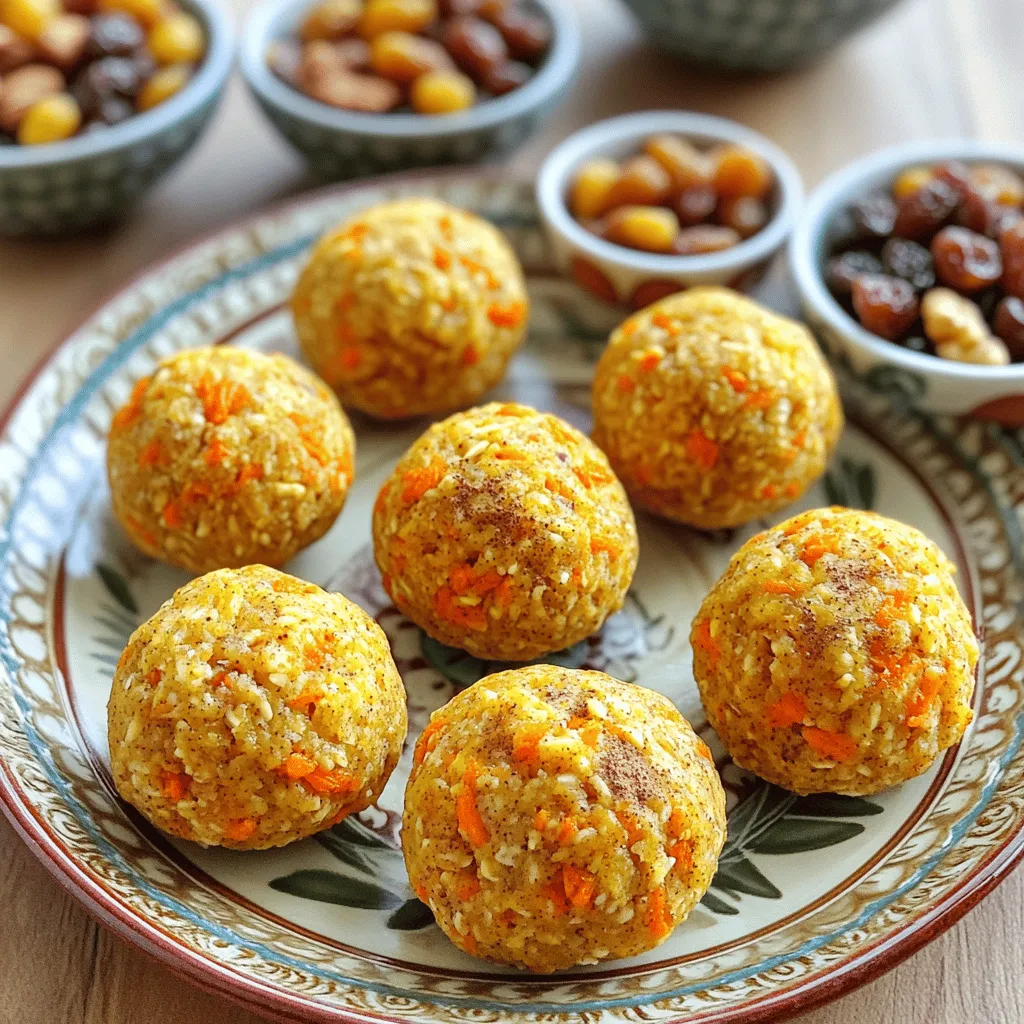 To make Carrot Cake Energy Bites, you need a few simple ingredients. Here’s what to gather: - 1 cup rolled oats - 1 cup grated carrots (about 2 medium carrots) - 1/2 cup almond butter (or any nut/seed butter) - 1/4 cup honey or maple syrup - 1 teaspoon vanilla extract - 1 teaspoon ground cinnamon - 1/2 teaspoon ground nutmeg - 1/4 cup chopped walnuts (optional) - 1/4 cup raisins or dried cranberries - Pinch of salt These basic items pack in flavor and nutrition. The oats provide fiber, while the carrots add natural sweetness and vitamins. Nut butter gives healthy fats, and honey or maple syrup adds a touch of sweetness. You can customize your energy bites with fun add-ins. Here are a few ideas: - 1/4 cup shredded coconut - 1/4 cup seeds (like pumpkin or sunflower) - 1/2 cup chocolate chips for a sweet twist These add-ins can enhance the flavor and texture. They also let you adjust the bites to your taste. Feel free to experiment and find your favorite mix! You can make these energy bites fit different diets easily. Here are some swaps: - Use peanut butter if you can’t get almond butter. - For a vegan option, substitute honey with agave syrup. - Swap rolled oats for gluten-free oats if needed. These substitutions ensure everyone can enjoy these tasty bites. Just remember to keep the balance of wet and dry ingredients for the best texture. If you want more details on how to make these bites, check out the Full Recipe. Making carrot cake energy bites is simple and quick. First, gather all your ingredients. You need rolled oats, grated carrots, almond butter, honey or maple syrup, vanilla extract, ground cinnamon, ground nutmeg, salt, walnuts, and raisins. This recipe takes about 15 minutes to prep and 30 minutes to chill. You will have 12-15 tasty bites when done. Start by taking a large mixing bowl. Add in the rolled oats, grated carrots, almond butter, and honey (or maple syrup). Pour in the vanilla extract next. Sprinkle in ground cinnamon, nutmeg, and a pinch of salt. Mix all these ingredients well. You want a sticky mixture that holds together. If you choose to add nuts and dried fruit, fold them in last. This will give your bites extra flavor and texture. Now, it’s time to form the bites. Scoop out about a tablespoon of the mixture. Use your hands to roll it into a ball. Place the balls on a baking sheet lined with parchment paper. Once you finish, pop them in the fridge for at least 30 minutes. This helps them set and makes them firm. After chilling, store your energy bites in an airtight container. They will stay fresh in the fridge for about a week. Enjoy these bites as a snack or a quick treat! For the full recipe, check the main ingredient section. To get the best texture, you need the right balance of wet and dry. Use finely grated carrots. They blend well and add moisture. If the mixture feels too dry, add a splash of water or more nut butter. If it’s too wet, add more oats. Your goal is a sticky yet firm mix. This mix should hold its shape when you roll it. For a healthier twist, swap out honey for mashed banana. It adds natural sweetness and moisture. You can also use sunflower seed butter instead of almond butter. This is great for nut allergies. For a lower sugar option, try using stevia or monk fruit sweetener. These alternatives keep the energy bites tasty and nutritious. To boost the flavor, try adding a pinch of ginger or cloves. These spices make a warm, cozy taste. You could also mix in a teaspoon of orange zest for a fresh twist. For extra crunch, add chia seeds or pumpkin seeds. Each of these options enhances the bites without overpowering the carrot cake flavor. For the full recipe, visit the main section above. {{image_2}} You can easily change the flavor of your carrot cake energy bites. Try adding cocoa powder for a chocolate twist. You could mix in some orange zest for a citrusy kick. Adding a bit of coconut can give a tropical vibe. Each change will give you a new taste to enjoy. Feel free to experiment with different spices too. Consider adding ginger or cardamom for warmth. To make these bites vegan, swap honey for maple syrup or agave nectar. Use gluten-free oats to keep everything gluten-free. This way, everyone can enjoy these tasty treats. You can also substitute almond butter with a seed butter for a nut-free option. These adjustments keep the energy bites healthy and delicious for various diets. If you want to boost the protein in your energy bites, add protein powder. A scoop of vanilla or chocolate protein works great. You can also toss in some chia seeds or ground flaxseeds. These seeds are not only rich in protein but also add fiber. Another option is to mix in a handful of hemp seeds. Each of these additions will help keep you fuller for longer. To check out the full recipe, click here: [Full Recipe]. To keep your carrot cake energy bites fresh, store them in an airtight container. This prevents moisture from getting in and keeps them tasty. You can use glass or plastic containers. Make sure to place a piece of parchment paper between layers if you stack them. This step avoids sticking and keeps them intact. When stored properly, these energy bites last up to one week in the fridge. I recommend checking them for freshness before you eat. If they smell off or look dry, it’s best to toss them. Always trust your senses when it comes to food safety. You can also freeze your energy bites for longer storage. Place them in a freezer-safe bag or container. Make sure to remove as much air as possible. They can last up to three months in the freezer. When you’re ready to eat them, just take out what you need. Let them thaw in the fridge or at room temperature. Enjoy your delicious snack anytime! Yes, you can use different nut butters for your energy bites. Almond butter works well, but peanut butter, cashew butter, or sunflower seed butter are good options too. Each nut butter adds a unique flavor. Choose one based on your taste and dietary needs. If you want a nut-free version, opt for sunflower seed butter. It has a similar creamy texture and is delicious. To make your energy bites sweeter, try adding more honey or maple syrup. You can also mix in some mini chocolate chips or extra dried fruits like dates and figs. These natural sweeteners enhance flavor without adding refined sugar. Taste the mixture before rolling it into balls. Adjust the sweetness to your liking, ensuring a delightful treat. Carrot cake energy bites offer several nutritional benefits. They are rich in fiber from rolled oats and carrots. Fiber aids digestion and keeps you full longer. Carrots provide vitamins A and C, which support eye health and boost your immune system. Nut butter adds healthy fats and protein, giving you energy. These bites are great for a quick snack or a post-workout boost. Enjoy them guilt-free! You learned about key ingredients for carrot cake energy bites, plus tips and tricks. We explored variations to suit different diets and how to store them well. In closing, these bites offer healthy, tasty energy. They’re easy to make, and you can customize them. Enjoy the fun of creating your own unique flavors!