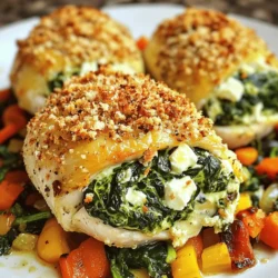 To make this tasty dish, you will need: - 4 boneless, skinless chicken breasts - 2 cups fresh spinach, chopped - 1 cup feta cheese, crumbled - 1/4 cup cream cheese, softened - 2 cloves garlic, minced - 1 tablespoon olive oil - 1 teaspoon dried oregano - Salt and pepper to taste - 1/2 cup breadcrumbs (optional, for crust) If you want to change things up, try these swaps: - Swap feta for goat cheese for a tangy twist. - Use ricotta cheese for a creamier texture. - Substitute kale or Swiss chard for spinach to mix in other greens. - If you don’t have fresh garlic, use garlic powder. - For a gluten-free option, skip breadcrumbs or use gluten-free ones. To make your cooking easier, gather these tools: - A sharp knife to cut the chicken. - A cutting board for safe chopping. - A skillet for cooking the spinach. - A mixing bowl for combining the filling. - Toothpicks to secure the chicken. - A baking dish to hold the stuffed chicken. These ingredients and tools will help you create a delicious Spinach and Feta Stuffed Chicken. For the full recipe, check out the detailed instructions above. First, gather your ingredients. You need fresh spinach, feta cheese, cream cheese, garlic, and olive oil. Heat the olive oil in a skillet over medium heat. Add the minced garlic and cook until it smells good, about one minute. Next, toss in the chopped spinach. Cook it until it wilts, around two to three minutes. Once it's done, remove it from the heat and let it cool a bit. In a bowl, mix the cooled spinach with feta cheese, cream cheese, dried oregano, salt, and pepper. Stir well until everything blends nicely. This filling is creamy and packed with flavor. Now, take your chicken breasts. With a sharp knife, cut a pocket in each breast by slicing horizontally. Be careful not to cut all the way through. You want a nice pocket to hold the filling. Stuff each breast with the spinach and feta mixture. Use toothpicks to keep the filling inside if needed. If you like a crunchy topping, sprinkle breadcrumbs on each stuffed chicken. This gives it a nice texture when baked. Preheat your oven to 375°F (190°C). Place the stuffed chicken breasts in a baking dish. Drizzle a little olive oil on top for added moisture. Bake them in the oven for 25 to 30 minutes. Check that the chicken is cooked all the way through. The juices should run clear when you cut it. After baking, let the chicken rest for a few minutes before slicing. This helps keep the juices inside. For a tasty presentation, serve it on sautéed vegetables or a fresh salad. Enjoy this flavorful delight from the Full Recipe! To keep your chicken juicy, use boneless, skinless breasts. They cook evenly and stay moist. Make sure to not overcook them. Use a meat thermometer; it should read 165°F (74°C) for safe eating. Letting the chicken rest for a few minutes helps the juices stay inside. Enhance the flavor by adding spices. Try paprika or a pinch of cayenne for heat. Fresh herbs like basil or parsley can add a bright taste. You can also add a squeeze of lemon juice to the filling. This adds freshness and balances the rich flavors of the feta and cream cheese. One common mistake is cutting the chicken too deep. Make a pocket, but don’t slice all the way through. Another mistake is skipping the resting time after baking. This step is key for juicy chicken. Finally, don’t forget to taste your filling. Adjust salt and pepper before stuffing the chicken. For the full recipe, check the earlier section. {{image_2}} You can change the cheese in this dish for new flavors. Try goat cheese for a tangy taste. Mozzarella will add a creamy melt. For a sharp twist, use aged cheddar. Each cheese gives its unique touch to the dish. Add more veggies to your filling for extra color and taste. Chopped sun-dried tomatoes bring a sweet bite. Bell peppers add crunch and sweetness. For a kick, toss in some chopped jalapeños. These add-ins make the dish even more vibrant and healthy. Grilling the chicken gives it a nice smoky flavor. Simply marinate the stuffed chicken in olive oil and herbs before grilling. Sautéing is another great option. Cook the stuffed chicken in a skillet until golden brown and cooked through. Each method changes the texture and taste, keeping it exciting. For the full experience and detailed instructions, check the Full Recipe. After you make your spinach and feta stuffed chicken, let it cool first. Place it in an airtight container. This helps keep the chicken fresh. Stored this way, it lasts for about 3 to 4 days in the fridge. Always check for any signs of spoilage before eating. You can freeze the stuffed chicken too! If you want to freeze it, wrap each piece tightly in plastic wrap. Then, place them in a freezer bag. This keeps out air and prevents freezer burn. The chicken stays good for up to 3 months in the freezer. When you are ready to eat, thaw it in the fridge overnight. To reheat, you can use the oven or microwave. For the oven, preheat it to 350°F (175°C). Place the chicken in a baking dish and cover it with foil. This keeps it moist. Heat for about 20 minutes or until warm. If using a microwave, place the chicken on a microwave-safe plate. Heat on medium power for 2 to 3 minutes. Be careful, it may get hot quickly! For the best flavor, always enjoy your spinach and feta stuffed chicken fresh when possible. Find the full recipe to try it out! Bake the Spinach and Feta Stuffed Chicken for 25 to 30 minutes. Check if the chicken is cooked through by cutting into it. The juices should run clear, and the meat should be white, not pink. This will ensure a safe and tasty dish. Yes, you can prepare this dish ahead of time. Stuff the chicken breasts and store them in the fridge until you’re ready to bake. It’s best to bake them within 24 hours for the best flavor. This makes meal prep easy and saves time on busy days. Many side dishes go well with Spinach and Feta Stuffed Chicken. Here are some great options: - Garlic mashed potatoes - Roasted vegetables - Quinoa salad - Steamed rice - Fresh green salad These sides complement the flavors of the stuffed chicken nicely. For a full recipe, you can refer to the [Full Recipe]. In this post, we covered how to make delicious spinach and feta stuffed chicken. You learned about the key ingredients, tools, and cooking methods. We explored tips for keeping chicken juicy and flavorful. Plus, we discussed easy variations and how to store leftovers correctly. Now, it's your turn to try this dish. I hope you enjoy making it as much as I do. Cooking can be fun and rewarding, and this recipe is a great choice for anyone!