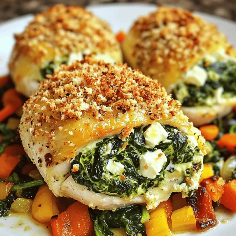 To make this tasty dish, you will need: - 4 boneless, skinless chicken breasts - 2 cups fresh spinach, chopped - 1 cup feta cheese, crumbled - 1/4 cup cream cheese, softened - 2 cloves garlic, minced - 1 tablespoon olive oil - 1 teaspoon dried oregano - Salt and pepper to taste - 1/2 cup breadcrumbs (optional, for crust) If you want to change things up, try these swaps: - Swap feta for goat cheese for a tangy twist. - Use ricotta cheese for a creamier texture. - Substitute kale or Swiss chard for spinach to mix in other greens. - If you don’t have fresh garlic, use garlic powder. - For a gluten-free option, skip breadcrumbs or use gluten-free ones. To make your cooking easier, gather these tools: - A sharp knife to cut the chicken. - A cutting board for safe chopping. - A skillet for cooking the spinach. - A mixing bowl for combining the filling. - Toothpicks to secure the chicken. - A baking dish to hold the stuffed chicken. These ingredients and tools will help you create a delicious Spinach and Feta Stuffed Chicken. For the full recipe, check out the detailed instructions above. First, gather your ingredients. You need fresh spinach, feta cheese, cream cheese, garlic, and olive oil. Heat the olive oil in a skillet over medium heat. Add the minced garlic and cook until it smells good, about one minute. Next, toss in the chopped spinach. Cook it until it wilts, around two to three minutes. Once it's done, remove it from the heat and let it cool a bit. In a bowl, mix the cooled spinach with feta cheese, cream cheese, dried oregano, salt, and pepper. Stir well until everything blends nicely. This filling is creamy and packed with flavor. Now, take your chicken breasts. With a sharp knife, cut a pocket in each breast by slicing horizontally. Be careful not to cut all the way through. You want a nice pocket to hold the filling. Stuff each breast with the spinach and feta mixture. Use toothpicks to keep the filling inside if needed. If you like a crunchy topping, sprinkle breadcrumbs on each stuffed chicken. This gives it a nice texture when baked. Preheat your oven to 375°F (190°C). Place the stuffed chicken breasts in a baking dish. Drizzle a little olive oil on top for added moisture. Bake them in the oven for 25 to 30 minutes. Check that the chicken is cooked all the way through. The juices should run clear when you cut it. After baking, let the chicken rest for a few minutes before slicing. This helps keep the juices inside. For a tasty presentation, serve it on sautéed vegetables or a fresh salad. Enjoy this flavorful delight from the Full Recipe! To keep your chicken juicy, use boneless, skinless breasts. They cook evenly and stay moist. Make sure to not overcook them. Use a meat thermometer; it should read 165°F (74°C) for safe eating. Letting the chicken rest for a few minutes helps the juices stay inside. Enhance the flavor by adding spices. Try paprika or a pinch of cayenne for heat. Fresh herbs like basil or parsley can add a bright taste. You can also add a squeeze of lemon juice to the filling. This adds freshness and balances the rich flavors of the feta and cream cheese. One common mistake is cutting the chicken too deep. Make a pocket, but don’t slice all the way through. Another mistake is skipping the resting time after baking. This step is key for juicy chicken. Finally, don’t forget to taste your filling. Adjust salt and pepper before stuffing the chicken. For the full recipe, check the earlier section. {{image_2}} You can change the cheese in this dish for new flavors. Try goat cheese for a tangy taste. Mozzarella will add a creamy melt. For a sharp twist, use aged cheddar. Each cheese gives its unique touch to the dish. Add more veggies to your filling for extra color and taste. Chopped sun-dried tomatoes bring a sweet bite. Bell peppers add crunch and sweetness. For a kick, toss in some chopped jalapeños. These add-ins make the dish even more vibrant and healthy. Grilling the chicken gives it a nice smoky flavor. Simply marinate the stuffed chicken in olive oil and herbs before grilling. Sautéing is another great option. Cook the stuffed chicken in a skillet until golden brown and cooked through. Each method changes the texture and taste, keeping it exciting. For the full experience and detailed instructions, check the Full Recipe. After you make your spinach and feta stuffed chicken, let it cool first. Place it in an airtight container. This helps keep the chicken fresh. Stored this way, it lasts for about 3 to 4 days in the fridge. Always check for any signs of spoilage before eating. You can freeze the stuffed chicken too! If you want to freeze it, wrap each piece tightly in plastic wrap. Then, place them in a freezer bag. This keeps out air and prevents freezer burn. The chicken stays good for up to 3 months in the freezer. When you are ready to eat, thaw it in the fridge overnight. To reheat, you can use the oven or microwave. For the oven, preheat it to 350°F (175°C). Place the chicken in a baking dish and cover it with foil. This keeps it moist. Heat for about 20 minutes or until warm. If using a microwave, place the chicken on a microwave-safe plate. Heat on medium power for 2 to 3 minutes. Be careful, it may get hot quickly! For the best flavor, always enjoy your spinach and feta stuffed chicken fresh when possible. Find the full recipe to try it out! Bake the Spinach and Feta Stuffed Chicken for 25 to 30 minutes. Check if the chicken is cooked through by cutting into it. The juices should run clear, and the meat should be white, not pink. This will ensure a safe and tasty dish. Yes, you can prepare this dish ahead of time. Stuff the chicken breasts and store them in the fridge until you’re ready to bake. It’s best to bake them within 24 hours for the best flavor. This makes meal prep easy and saves time on busy days. Many side dishes go well with Spinach and Feta Stuffed Chicken. Here are some great options: - Garlic mashed potatoes - Roasted vegetables - Quinoa salad - Steamed rice - Fresh green salad These sides complement the flavors of the stuffed chicken nicely. For a full recipe, you can refer to the [Full Recipe]. In this post, we covered how to make delicious spinach and feta stuffed chicken. You learned about the key ingredients, tools, and cooking methods. We explored tips for keeping chicken juicy and flavorful. Plus, we discussed easy variations and how to store leftovers correctly. Now, it's your turn to try this dish. I hope you enjoy making it as much as I do. Cooking can be fun and rewarding, and this recipe is a great choice for anyone!