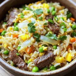 To make Savory Onion Beef Fried Rice, gather these essential items: - 2 cups cooked jasmine rice (preferably cold) - 8 oz beef sirloin, thinly sliced - 1 large onion, thinly sliced - 2 cloves garlic, minced - 2 tablespoons soy sauce - 1 tablespoon sesame oil - 1 cup mixed vegetables (e.g., peas, carrots, bell peppers) - 2 green onions, chopped - 2 eggs, lightly beaten - Salt and pepper to taste These ingredients create a tasty mix of flavors. The cold rice helps prevent sogginess. The thinly sliced beef cooks quickly and stays tender. You can add these optional items for more flavor: - 1 tablespoon oyster sauce - Fresh coriander or cilantro for garnish Oyster sauce brings umami and depth. Fresh herbs make the dish look bright and fresh. You’ll need some basic tools to cook this meal: - A large skillet or wok - A spatula or wooden spoon - A bowl for marinating the beef - A cutting board and knife Using a wok helps achieve that perfect stir-fry texture. A good spatula ensures you can mix everything well. Having these tools ready makes cooking easier and faster. Gather all your ingredients first. This makes cooking easier. Here’s what you need: - 2 cups cooked jasmine rice (preferably cold) - 8 oz beef sirloin, thinly sliced - 1 large onion, thinly sliced - 2 cloves garlic, minced - 2 tablespoons soy sauce - 1 tablespoon oyster sauce (optional) - 1 tablespoon sesame oil - 1 cup mixed vegetables (e.g., peas, carrots, bell peppers) - 2 green onions, chopped - 2 eggs, lightly beaten - Salt and pepper to taste - Fresh coriander or cilantro for garnish Start by marinating the beef. Mix it with soy sauce, salt, and pepper. Let it sit for at least 15 minutes. This step adds flavor. Heat a large skillet or wok over medium-high heat. Add a drizzle of oil. Pour in the beaten eggs and scramble them. They should just set. Remove the eggs and set them aside. Next, add sesame oil to the same skillet. Toss in sliced onions. Stir-fry them for about 2-3 minutes. You want them to become soft and slightly brown. Now, add minced garlic and the marinated beef. Stir-fry until the beef is brown, about 3-4 minutes. This brings out the beef's flavor. Add the mixed vegetables to the pan. Cook for another 2-3 minutes. Stir often until they are tender. It's time to mix in the rice. Add the cold jasmine rice to the skillet. Break apart any clumps. Stir well to combine all the ingredients. Drizzle the remaining soy sauce and oyster sauce over the rice. Mix everything thoroughly. Let it fry together for 3-4 minutes. This helps the flavors meld. Finally, gently fold in the scrambled eggs and chopped green onions. Stir until everything is well combined. Taste the fried rice and adjust seasoning with salt and pepper as needed. Serve your savory onion beef fried rice in a large bowl. Garnish with fresh coriander or cilantro. Enjoy your tasty weeknight meal! For full details on the recipe, check the Full Recipe section. For fried rice, I love using jasmine rice. Its fluffy texture and subtle aroma make it perfect. Always use cold rice for the best results. This helps prevent clumping. Freshly cooked rice can be too sticky. If you have leftover rice, that's even better. Just chill it in the fridge overnight for great texture. Marinating the beef is key to adding flavor. It allows the meat to soak up soy sauce and spices. Even a quick 15-minute soak makes a difference. I recommend using soy sauce, salt, and pepper for a simple marinade. This step keeps the beef tender and juicy during cooking. Don't skip this step; it enhances the dish greatly. For that ideal stir-fry texture, keep a few things in mind. First, heat your pan well before adding oil. This helps to sear the meat quickly. Use high heat to cook the beef fast. Stir-fry for just a few minutes until browned. Don't overcrowd the pan; it can steam the beef instead of frying it. Always keep everything moving in the pan for even cooking. {{image_2}} You can easily swap out the beef for tofu or tempeh. These options provide protein and absorb flavors well. Use a firm tofu for a good texture. Simply marinate it just like beef. This makes your dish just as tasty. To change the flavor, try different sauces. You can use teriyaki or hoisin sauce. These add a sweet touch. Adding chili sauce can give it a spicy kick. Mix in a bit of fish sauce for depth. Just remember to balance the flavors to avoid overpowering the dish. Using seasonal veggies can make your fried rice shine. In spring, try asparagus and snap peas. In summer, add zucchini and bell peppers. Fall brings great choices like squash and carrots. Winter is perfect for using hearty greens like kale. These options keep your dish fresh and exciting. For the full recipe, check out Savory Onion Beef Fried Rice 🥢. To keep your savory onion beef fried rice fresh, let it cool first. Then, place it in an airtight container. Make sure to seal it well to keep out air. You can store it in the fridge for up to four days. If you want to keep it longer, consider freezing it. Use freezer-safe bags or containers. Remember to label them with the date. For the best taste, reheat your fried rice in a skillet. Heat a bit of oil over medium heat. Add the rice and stir it often. This helps it heat evenly and stay fluffy. If it feels dry, add a splash of water or soy sauce. You can also use the microwave. Just cover the rice and heat it in short bursts. Stir in between to keep it moist. When stored properly, your savory onion beef fried rice lasts four days in the fridge. In the freezer, it can last up to three months. After that, the rice may lose its flavor and texture. Always check for any off smell or changes in color before eating. Enjoy this tasty weeknight meal knowing it’s easy to store and reheat! Yes, using leftover rice works great! Cold rice helps prevent clumping. It also absorbs flavors better when you stir-fry it. Just make sure your rice is not too wet. If it is, dry it a bit before using. This recipe is perfect for using up extra rice. If you want to skip oyster sauce, use soy sauce or hoisin sauce. Both add nice flavor to your dish. You can also mix soy sauce with a bit of sugar. This gives a sweet touch similar to oyster sauce. Adjust the amount to fit your taste. Yes, you can make this recipe gluten-free! Use tamari instead of soy sauce. Tamari has a similar taste and is gluten-free. Check the labels on all sauces to ensure they are gluten-free, too. This way, everyone can enjoy the meal! This blog post covered the key ingredients, cooking steps, and helpful tips for savory onion beef fried rice. We explored how to prepare, cook, and store this dish successfully. I shared ways to adapt it to meet your taste, such as vegetarian options and sauce variations. Remember, marinating beef and choosing the right rice are vital for flavor. With these insights, you can make a delicious meal that satisfies. Enjoy your cooking journey and create versions that reflect your tastes!