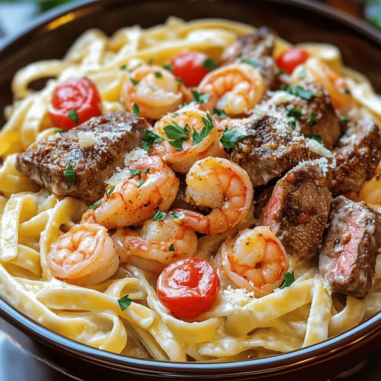 - 8 oz fettuccine pasta - 1 lb shrimp, peeled and deveined - 1 lb flank steak, thinly sliced - 4 tablespoons Cajun seasoning (divided) - 3 tablespoons olive oil - 3 cloves garlic, minced - 1 cup heavy cream - 1 cup grated Parmesan cheese - 1/2 cup chicken broth - 1/2 cup cherry tomatoes, halved - 2 tablespoons fresh parsley, chopped (for garnish) - Salt and pepper to taste When I cook Cajun shrimp and steak Alfredo, I love starting with fresh, high-quality ingredients. Each one plays a key role in making this dish special. First, I choose 8 oz of fettuccine pasta. This pasta holds the sauce well, making every bite creamy and tasty. Next, I use 1 lb of shrimp that is peeled and deveined. Fresh shrimp gives a sweet flavor and a nice texture. I also select 1 lb of flank steak, thinly sliced. The steak adds a hearty and savory element to the dish. I use 4 tablespoons of Cajun seasoning. This blend gives the dish its signature kick. I divide this seasoning for both the steak and shrimp. For cooking, I need 3 tablespoons of olive oil. It helps cook the proteins evenly and adds a bit of richness. Next, I add 3 cloves of minced garlic. Garlic gives a lovely aroma and enhances the taste of the sauce. I include 1 cup of heavy cream for that creamy texture we all love. It blends perfectly with the cheese. I also use 1 cup of grated Parmesan cheese. This cheese adds a salty flavor and makes the sauce rich. To boost the flavor, I pour in 1/2 cup of chicken broth. It adds depth and keeps the sauce smooth. I like to add 1/2 cup of halved cherry tomatoes for a touch of sweetness and color. For garnish, I use 2 tablespoons of chopped fresh parsley. It adds a fresh note and brightens the dish. Lastly, I season with salt and pepper to taste. These basic spices round out the flavors beautifully. For the full recipe, check out the detailed steps to make this delicious meal! To boil fettuccine pasta, start with a big pot of salted water. Bring it to a rolling boil. Add 8 oz of fettuccine and stir. Cook for about 8-10 minutes until it's al dente. You want it to be firm but not hard. Drain the pasta and set it aside, but save a little pasta water for later. For great flavor, season your shrimp and flank steak well. Use 2 tablespoons of Cajun seasoning for each protein. This will give them a nice kick. Toss the shrimp and steak in separate bowls to ensure they are evenly coated. This step is key for a burst of flavor in every bite. Cooking the steak right is important. Heat your skillet over medium-high heat and add 1 tablespoon of olive oil. Cook the flank steak for 3-4 minutes on each side. This gives you a nice brown crust. Use a meat thermometer if you want to check doneness. For shrimp, cook them for 2-3 minutes on each side until they turn pink and opaque. Avoid overcooking, as shrimp can become rubbery. In the same skillet, pour in 1/2 cup of chicken broth. Let it simmer for 2-3 minutes, scraping the browned bits from the bottom. This adds great flavor to the sauce. Lower the heat, then add 1 cup of heavy cream. Stir and let it cook for about 2 minutes. Next, gradually mix in 1 cup of grated Parmesan cheese until it melts. If it’s too thick, add a bit more chicken broth. Season with salt, pepper, and the rest of your Cajun seasoning. Now, add your cooked pasta, cherry tomatoes, shrimp, and steak back into the skillet. Toss everything together until well coated in that creamy sauce. This step ensures every bite of your Cajun shrimp and steak Alfredo is full of flavor. Enjoy your meal! For the full recipe, check out the cooking instructions above. To make a great Alfredo sauce, focus on the cream’s heat. Start with low heat, then slowly add heavy cream. This helps the sauce stay smooth. Stir constantly as you add Parmesan cheese. This will keep it from clumping. If your sauce is too thick, add chicken broth a little at a time. For easy cleanup, use a one-skillet method. Start by cooking the steak, then remove it from the skillet. Next, cook the shrimp in the same skillet. This lets the flavors mix. Finally, make the Alfredo sauce in the same pan. It saves time and dirty dishes! Garnishing makes your dish look fancy. Try adding fresh parsley on top for color. You can also sprinkle extra Parmesan cheese for a rich taste. For a pop of color, toss in some cherry tomato halves. They add freshness and contrast. Serve your dish in large, shallow bowls. This gives it a nice restaurant feel. You can add a lemon wedge on the side. When squeezed over the dish, it adds a zesty touch. Spices can take your dish to the next level. Consider adding more Cajun seasoning for extra heat. Fresh herbs like basil or thyme can also add a nice twist. They enhance the flavor without overpowering the dish. Think about what sides to pair with your meal. A simple green salad can balance the creaminess of the Alfredo sauce. Steamed veggies like broccoli or green beans add freshness and color. They also make your meal more nutritious. For the full recipe, check out the detailed instructions above. {{image_2}} You can swap the shrimp and steak for chicken or tofu. Chicken gives a lighter taste. Tofu is great for a plant-based option. Both choices work well with Cajun seasoning. For pasta, you can use different types. Penne or linguine are good choices. Gluten-free pasta is also available if needed. Each type brings its own texture, making the dish unique. You can adjust the heat of the dish to your liking. For a mild taste, use less Cajun seasoning. If you like it spicy, add more. You can also try homemade Cajun seasoning. It allows you to control the flavors better than store-bought. To make this dish gluten-free, use gluten-free pasta. Just follow the cooking instructions on the package. This keeps the same creamy taste without the gluten. If you want a vegan version, switch the Alfredo sauce. You can use cashew cream or a vegan cream substitute. This keeps the dish rich while being plant-based. To keep your Cajun shrimp and steak Alfredo fresh, store it in an airtight container. Make sure it cools to room temperature before sealing. Place it in the fridge for up to three days. For longer storage, you can freeze it. Use a freezer-safe container and label it with the date. It will stay good for about three months in the freezer. When reheating, the goal is to keep the dish tasty and creamy. The best method is to use a skillet over medium heat. Add a splash of chicken broth or cream to help revive the sauce. Stir gently to avoid burning. Heat until warm but do not overcook, as this can ruin the shrimp and steak. In the fridge, your dish will last for about three days. If you freeze it, it can last up to three months. Always check for signs of spoilage. If the shrimp smells off or looks discolored, it's best to throw it away. To make Cajun shrimp and steak Alfredo, follow these steps: 1. Cook the pasta: Boil salted water and cook fettuccine until al dente. 2. Season proteins: Toss shrimp and steak with Cajun seasoning in separate bowls. 3. Cook steak: Sear the steak in a hot skillet for 3-4 minutes on each side. 4. Cook shrimp: In the same skillet, sauté garlic, then add shrimp until pink. 5. Make the sauce: Pour chicken broth into the skillet and simmer. Add cream and cheese. 6. Combine everything: Mix cooked pasta, shrimp, steak, and sauce until well coated. 7. Serve: Garnish with parsley and enjoy! For a detailed breakdown, check the Full Recipe. Yes, you can make Cajun shrimp and steak Alfredo in advance. Cook the pasta and proteins, and prepare the sauce. Store each part separately in airtight containers. When you're ready to eat, reheat each component. Combine them in a skillet over low heat until warm. This method keeps everything tasty. You can serve several sides with Cajun shrimp and steak Alfredo: - Garlic bread: A classic choice to soak up the sauce. - Caesar salad: Crisp romaine with creamy dressing adds freshness. - Steamed vegetables: Broccoli or green beans provide a nice crunch. - Coleslaw: A tangy slaw can balance the richness of the dish. These options will complement your meal well. To adjust the spice level, consider these tips: - Mild: Use less Cajun seasoning or opt for a milder blend. - Medium: Stick to the recipe for a balanced taste. - Spicy: Add more Cajun seasoning or include crushed red pepper flakes. Taste as you go to find your perfect heat level. This blog post covered how to make Cajun Shrimp and Steak Alfredo from scratch. You learned about the key ingredients and key cooking steps to achieve great flavor. By using tips for seasoning, sauce-making, and combining ingredients, you can create a meal that impresses. Remember, you can personalize the dish with different proteins or spice levels. Enjoy trying it out, and don’t forget to share your tasty results with others!