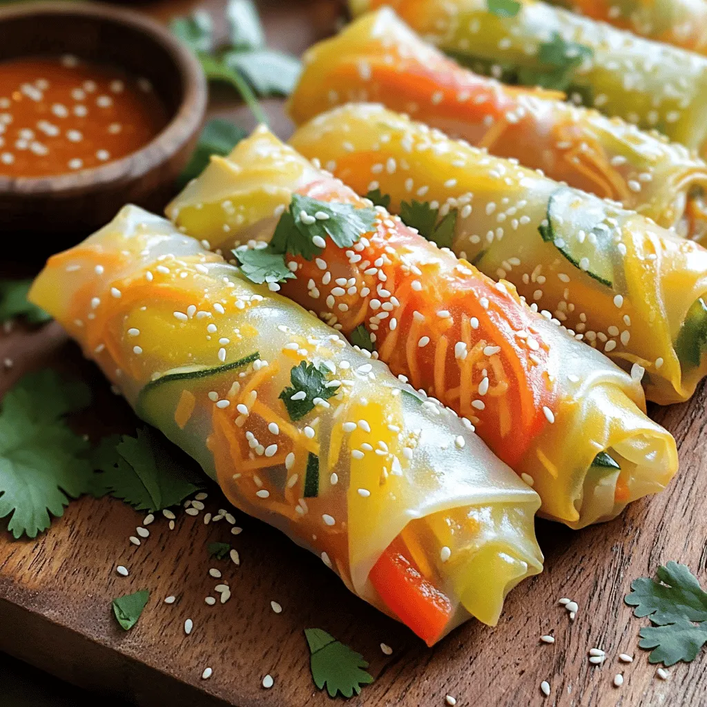 To make these tasty baked veggie spring rolls, you need a few key items. Here’s what you’ll need: - 10 rice paper wraps - 1 cup shredded carrots - 1 cup thinly sliced bell peppers (red, yellow, and green) - 1 cup thinly sliced zucchini - 1 cup bean sprouts - 2 green onions, chopped - 2 cloves garlic, minced - 1 tablespoon fresh ginger, grated - 2 tablespoons soy sauce - 1 tablespoon sesame oil - Salt and pepper to taste - Cooking spray or olive oil for brushing These ingredients work together to create a crisp and flavorful snack. Feel free to mix things up with some optional ingredients. You can add: - Chopped mushrooms for an earthy flavor - Spinach or kale for extra greens - Fresh herbs like cilantro or mint for brightness - Spicy chili flakes for a kick These additions let you customize your spring rolls to your taste. These baked veggie spring rolls offer a healthy snack option. Each serving provides: - Low calories and high fiber from the veggies - Healthy fats from sesame oil - Essential vitamins from fresh produce This balance makes them a smart choice for any meal. You can find the full recipe in the earlier sections for more detailed steps! First, gather your fresh veggies for the spring rolls. Use shredded carrots, bell peppers, zucchini, bean sprouts, and green onions. The colors will make your dish look great! In a bowl, mix 1 cup of each veggie. Add 2 cloves of minced garlic and 1 tablespoon of grated ginger. Pour in 2 tablespoons of soy sauce and 1 tablespoon of sesame oil. Season with salt and pepper. Mix everything well so the flavors blend. Now, let’s roll the spring rolls. Fill a shallow dish with warm water. Take one rice paper wrap and soak it for about 10-15 seconds. It should feel soft but not too mushy. Place the wrap on a clean, damp surface. Spoon about 2 tablespoons of the veggie mix onto the lower third of the wrap. Fold the sides over the filling, then roll it up tightly from bottom to top. Repeat this with all the wraps and filling. Preheat your oven to 400°F (200°C) and line a baking sheet with parchment paper. Place the spring rolls on the prepared sheet. Lightly spray or brush each roll with cooking spray or olive oil. Bake them for 20-25 minutes or until they turn golden and crispy. Flip them halfway through for even cooking. Once done, let them cool slightly before serving. Enjoy your baked veggie spring rolls! For the full recipe, check out the main section. To roll spring rolls well, start with a clean surface. Use a damp cloth to keep the rice paper from sticking. Soak the rice paper just until it’s soft. If it’s too wet, it can tear. Always add enough filling, but don’t overstuff. Leave space on the sides to fold in. Roll tightly but gently. This keeps the filling secure while baking. Many people over-soak the rice paper. This can make it too weak. If you rush, your rolls may fall apart. Make sure to preheat your oven. If it’s not hot enough, the rolls won’t crisp up. Also, don’t skip the oil spray. It helps the rolls get that golden color. You can add more taste to your spring rolls easily. Try adding herbs like basil or mint. A splash of lime juice can brighten the flavor too. For a spicy kick, mix in some chili flakes or sriracha. Pair your rolls with dipping sauces like hoisin or sweet chili sauce. These choices can make your snack even more exciting. For the full recipe, check out the section above. {{image_2}} You can easily make baked veggie spring rolls vegetarian or vegan. Simply skip any meat or animal products. For a vegan option, ensure your soy sauce is plant-based. You can also add tofu or tempeh for extra protein. This adds texture and flavor while keeping it light. If you need gluten-free spring rolls, choose gluten-free soy sauce. Rice paper wraps are naturally gluten-free, making them a great choice. You can also use fresh lettuce leaves instead of rice paper. This gives a fresh crunch and keeps it gluten-free. Feel free to get creative with your fillings. You can use different veggies like mushrooms, spinach, or cabbage. Add herbs like cilantro or mint for fresh flavor. For a fun twist, try adding cooked quinoa or brown rice. This gives a hearty and filling element to your spring rolls. You can find the full recipe to explore more filling ideas. To store leftover spring rolls, first, let them cool completely. Place them in an airtight container. Make sure to separate layers with parchment paper to prevent sticking. Store in the fridge for up to three days. Keeping them in a cool area helps maintain their crispness. Reheating spring rolls is simple and quick. Preheat your oven to 375°F (190°C). Place the rolls on a baking sheet. Bake for 10 to 15 minutes until they are warm and crispy again. You can also use an air fryer for a faster option. Set it to 350°F (175°C) and heat for about 5 to 7 minutes. If you want to freeze unbaked spring rolls, wrap them tightly. Use plastic wrap to cover each roll. Place them in a freezer-safe bag or container. They will stay fresh for up to two months. When you are ready to bake them, no need to thaw. Just bake them straight from the freezer, adding a few extra minutes to the cooking time. For the full recipe, check out the instructions above. To make your baked veggie spring rolls crispy, follow these steps: - Preheat your oven well. - Use a light spray of cooking oil on each roll. - Flip the rolls halfway through baking. - Bake until they turn golden brown. These steps help the spring rolls get that perfect crunch. The oil helps the skin crisp up nicely. You want to watch them closely. Overcooking can lead to burnt edges. Yes, you can make these spring rolls in advance. Prepare the filling and roll them up ahead of time. Store them in the fridge for up to 24 hours. Just remember to cover them to keep them moist. If you want to freeze them, do so before baking. Place them in a single layer on a baking sheet until frozen. Then, transfer them to a freezer bag. When you're ready to bake, no need to thaw. Just add a few extra minutes to the baking time. Several sauces pair well with baked veggie spring rolls. Here are some tasty options: - Sweet chili sauce - Peanut dipping sauce - Soy sauce with sesame oil - Hoisin sauce Each sauce brings a unique flavor. Sweet chili adds a nice sweetness. Peanut sauce gives a rich taste. You can also mix and match to find your favorite flavor combo. For a fresh touch, try sprinkling some cilantro on top. Enjoy your spring rolls with these delicious dips! Baked veggie spring rolls are easy and fun to make. We covered key ingredients, step-by-step instructions, and helpful tips. You learned ways to create variety and how to store leftovers. Focus on rolling neat spring rolls to avoid mess. Don’t forget about tasty sauces for dipping. Enjoy your cooking journey with these healthy bites! Experiment and have fun in the kitchen.