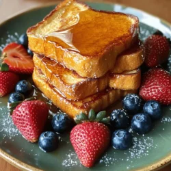 - 4 slices of thick-cut brioche or challah bread - 2 large eggs - 1 cup whole milk - 1 tablespoon vanilla extract - 1 teaspoon ground cinnamon - 1 tablespoon sugar (optional) - Pinch of salt - 2 tablespoons unsalted butter - Maple syrup for serving - Fresh berries (strawberries, blueberries) for garnish Gathering the right ingredients is key to making delicious French toast. I love using thick-cut brioche or challah bread. This bread is soft and rich, giving the toast a nice texture. Next, I need eggs. They help bind the mixture and give a fluffy bite. Whole milk adds creaminess, while vanilla extract gives a sweet aroma. Cinnamon brings warmth and flavor to the dish. If I want it sweeter, I can add sugar. A pinch of salt balances everything out. Unsalted butter is essential for cooking. It adds flavor and helps achieve a golden crust. Finally, I never forget the maple syrup. It is the perfect topping. Fresh berries add color and freshness. They make the dish look and taste great. For the complete list of steps, refer to the Full Recipe. To make the egg mixture, start by cracking two large eggs into a big bowl. Add one cup of whole milk for creaminess. Then, pour in one tablespoon of vanilla extract for sweetness. Next, sprinkle in one teaspoon of ground cinnamon. If you like a touch of sweetness, add one tablespoon of sugar. Finally, add a pinch of salt to balance the flavors. Whisk everything together until smooth and well mixed. Now it’s time to cook! Preheat your non-stick skillet over medium heat. Add two tablespoons of unsalted butter and let it melt. Once the butter is bubbly, take your bread slices and dip them into the egg mixture. Make sure each slice gets soaked on both sides, but don’t let them get too soggy. Place the soaked slices in the hot skillet. Cook each side for about 3-4 minutes, until they turn golden brown. You’ll know they are ready to flip when they smell amazing and look crispy. If needed, add more butter for the next batch. Keep cooking until all the bread is golden and delicious. Once cooked, stack the French toast on a plate. Drizzle it generously with warm maple syrup. For a pop of color, add fresh berries like strawberries or blueberries on top. This makes your French toast look great and taste even better. Enjoy your classic French toast with maple syrup delight! For the full recipe, check back for more details. To make your French toast amazing, choose thick-cut bread. It soaks up the egg mixture well, giving you a soft inside. Adjust your cooking time to get the crispiness you want. If you like a crunch, let it cook a bit longer. Want to spice things up? Add a pinch of nutmeg to your egg mix. It gives warmth and depth to your French toast. You can also switch the milk for almond or oat milk if you prefer. This small change can bring new flavors to your dish. When serving, stack the French toast high on a nice plate. This adds height and makes it look fancy. Drizzle maple syrup on top in a zigzag pattern. It adds a fun touch. Finish with colorful garnishes like fresh berries. They not only taste great but also make your dish pop visually. For the full recipe, check out the Heavenly French Toast Delight section. {{image_2}} You can make your French toast even more fun with toppings. Try adding fruit like bananas or peaches. These fruits add sweetness and freshness. You can also use whipped cream for a rich touch. A drizzle of chocolate makes it a treat for anyone with a sweet tooth. To change up the flavor, add spices like cardamom or allspice. These spices give your French toast a warm, cozy taste. You can also experiment with flavored syrups. Cinnamon or vanilla syrups can enhance the dish in unique ways. Each bite will be a new experience. The type of bread you use can change the whole dish. Sourdough adds a nice tang. Whole grain bread is healthier and adds a nutty taste. If you need a gluten-free option, go for gluten-free bread. Each choice brings a different twist to your classic French toast. For the full recipe, check out the Heavenly French Toast Delight. Store any leftover French toast in an airtight container in the refrigerator. This keeps it fresh and tasty for up to three days. Make sure to let it cool before you seal it. If you cover it while it’s warm, moisture can build up and make it soggy. You have two great options for reheating: the oven or the microwave. For the oven, preheat it to 350°F (175°C). Place the French toast on a baking sheet and heat for about 10 minutes. This method keeps it crispy. For the microwave, place a piece on a microwave-safe plate. Heat it for about 30 seconds. Check if it’s warm enough and add more time if needed. The microwave is fast but can make it soft. To freeze French toast, first let it cool completely. Then, place slices in a single layer on a baking sheet and freeze them for about an hour. Once frozen, transfer the slices to a freezer bag. Try to remove as much air as possible. This way, they stay fresh for one to two months. When you want to eat them, you can reheat directly from frozen using the oven or microwave. Enjoy your French toast anytime! You can find the full recipe within the article. Yes, you can prepare French toast ahead of time. Make the egg mixture and soak the bread slices the night before. Cover them tightly and store in the fridge. In the morning, simply cook them on the skillet. This saves you time and helps you enjoy a hot breakfast quickly. For the best French toast, use thick-cut bread. I recommend brioche or challah. These breads soak up the egg mixture well and become fluffy inside while crisping up outside. Sourdough also works nicely if you want a different flavor. To prevent soggy French toast, do not let the bread soak too long. Dip each slice briefly in the egg mixture. Make sure to coat both sides but avoid oversaturation. Cook on medium heat until golden brown, flipping only once. This method keeps the toast crispy and delicious. In this guide, we explored how to make perfect French toast. We covered the key ingredients like brioche and eggs, plus detailed steps for cooking. You learned helpful tips for texture and flavor, and ideas for tasty variations and toppings. Remember, using thick bread helps achieve that soft center. You can also store, reheat, or freeze leftovers easily. French toast is a fun dish to make and enjoy, so try new flavors and garnishes. Your breakfast will always stand out!