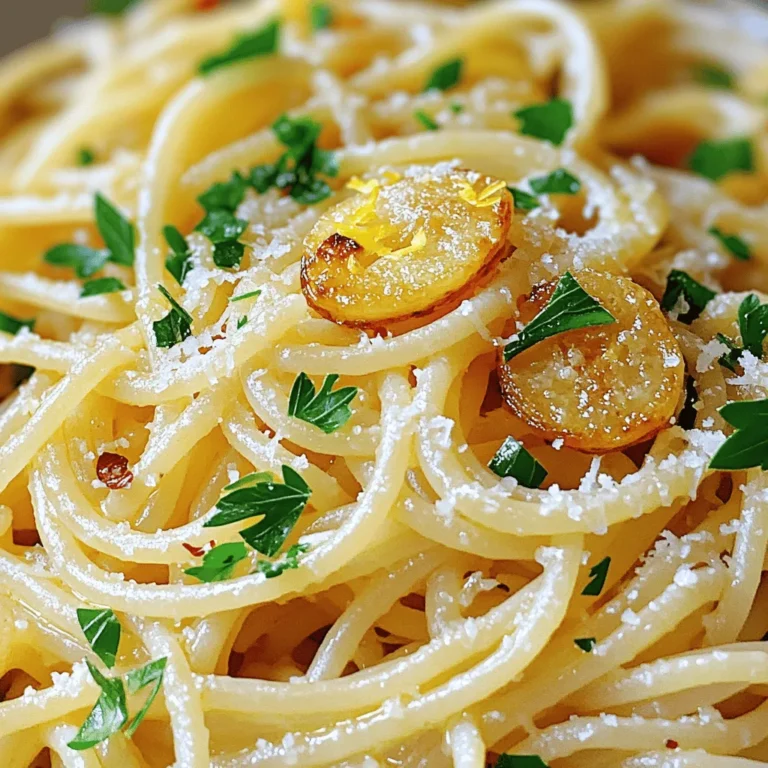 - 400g spaghetti - 6 cloves garlic, thinly sliced - 1/2 cup extra-virgin olive oil Spaghetti is the heart of this dish. Choose a good quality brand for the best taste. Garlic gives it that bold flavor. The olive oil adds richness and a smooth texture. - 1/4 teaspoon red pepper flakes (adjust to taste) - Salt, to taste - Freshly ground black pepper, to taste - 1/4 cup fresh parsley, finely chopped - Zest of 1 lemon - Grated Parmesan cheese (optional for serving) Red pepper flakes add heat. You can adjust them based on your spice level. Salt and black pepper enhance all the flavors. Fresh parsley and lemon zest brighten the dish. Parmesan cheese is a nice touch, but it’s optional. For the full recipe and cooking steps, check out the [Full Recipe]. First, fill a large pot with water. Add a generous amount of salt. This helps flavor the pasta. Bring the water to a boil. Once it boils, add the spaghetti. Cook according to the package instructions. Aim for al dente pasta, which means it should be firm to the bite. This usually takes about 8 to 10 minutes. When it's done, reserve 1 cup of the pasta water. Then, drain the spaghetti in a colander. While the pasta cooks, grab a large skillet. Heat the extra-virgin olive oil over medium heat. Once hot, add the thinly sliced garlic. Sauté it for about 2-3 minutes until it's golden brown. Be careful not to let it burn, as burnt garlic can taste bitter. Next, stir in the red pepper flakes. Cook for another 30 seconds to release their flavor. Add the drained spaghetti to the skillet. Toss it well with the garlic oil. If the pasta feels dry, use the reserved pasta water. Add it slowly until the sauce reaches your desired consistency. Season with salt and freshly ground black pepper to taste. Remove the skillet from heat and mix in the chopped parsley and lemon zest. This adds a fresh flavor. Plate the spaghetti and top with grated Parmesan cheese, if you like. Serve it immediately for the best taste. For the full recipe, check the earlier section. Timing is key when sautéing garlic. Start with medium heat and watch closely. Add the garlic once the oil is hot. Sauté until it turns golden, about 2-3 minutes. If you let it cook too long, it will burn. Burnt garlic tastes bitter and ruins the dish. Pair your spaghetti with a light white wine. A Sauvignon Blanc or Pinot Grigio works well. For extra flavor, try adding spices like oregano or basil. A pinch of lemon zest brightens the dish. You can also sprinkle red pepper flakes for more heat. Use a large pot for boiling spaghetti. A heavy skillet works best for sautéing garlic. A pasta fork helps you serve easily. A good cutting board is great for chopping garlic and parsley. These tools make cooking simple and fun. For more details, check out the Full Recipe. {{image_2}} You can make Spaghetti Aglio e Olio even better with veggies. Adding spinach provides a fresh touch. Just toss in a handful towards the end of cooking. Cherry tomatoes add a burst of flavor and color, too. Slice them in half and add them with the garlic. This gives the dish some sweetness and a nice texture. Want to make your meal heartier? You can add shrimp or chicken. Cook shrimp in the olive oil until they turn pink. For chicken, use cooked, diced pieces. Both add protein and flavor. If you prefer vegan options, add chickpeas or tofu. They absorb the garlic oil well, making them tasty. Mixing in anchovies or capers can boost the flavor. Anchovies melt into the sauce, adding depth. Capers give a nice briny taste. Don’t forget, you can also switch the pasta type. Use whole wheat or gluten-free pasta for a twist. Each type offers its own unique taste and texture. For the full recipe, check out the details above. To keep your leftover spaghetti aglio e olio fresh, store it in an airtight container. Place the pasta in the fridge within two hours of cooking. This helps prevent bacteria growth. The dish stays good for about three days. When reheating, I recommend using a skillet instead of a microwave. Heat a little olive oil in the skillet, then add your pasta. Stir gently until warm. If it seems dry, add a splash of reserved pasta water to bring back the creaminess. Freezing spaghetti aglio e olio is simple. First, let the dish cool completely. Then, pack it in a freezer-safe container. You can also use freezer bags for easy storage. Make sure to remove as much air as possible before sealing. The dish will last up to three months in the freezer. To thaw, place the container in the fridge overnight. When ready to eat, reheat in a skillet. Add a little olive oil or pasta water if needed. This keeps your dish tasty and prevents it from drying out. “Aglio e Olio” means “garlic and oil” in Italian. This dish features these two main ingredients. It highlights simple cooking with bold flavors. The name reflects its roots in Italian cuisine, where fresh, quality ingredients shine. Making Spaghetti Aglio e Olio ahead saves time. Here’s how: 1. Cook the pasta: Boil the spaghetti until al dente. Drain and cool. 2. Prepare the sauce: Sauté garlic and red pepper flakes in olive oil. Let it cool. 3. Combine: Toss the spaghetti with the garlic oil. 4. Store: Place in an airtight container. Refrigerate for up to three days. 5. Reheat: Warm gently in a skillet or microwave. Add a splash of water if needed. This method keeps the dish fresh and tasty. Yes, you can use whole wheat pasta! It adds a nutty flavor and boosts fiber. Whole wheat pasta cooks differently, so check the package for time. It’s a healthy swap that works well with the garlic and oil. You still get the same great taste in a healthier meal. Spaghetti Aglio e Olio is simple yet flavorful. We covered main ingredients like spaghetti, garlic, and olive oil. I shared tips for perfecting the garlic flavor and enhancing the dish with spices or proteins. You learned how to store leftovers properly and saw variations you can try. This dish is versatile and easy to make. Use it to impress friends or enjoy a quick meal. Now, you have the skills to create a delicious Aglio e Olio. Enjoy cooking!