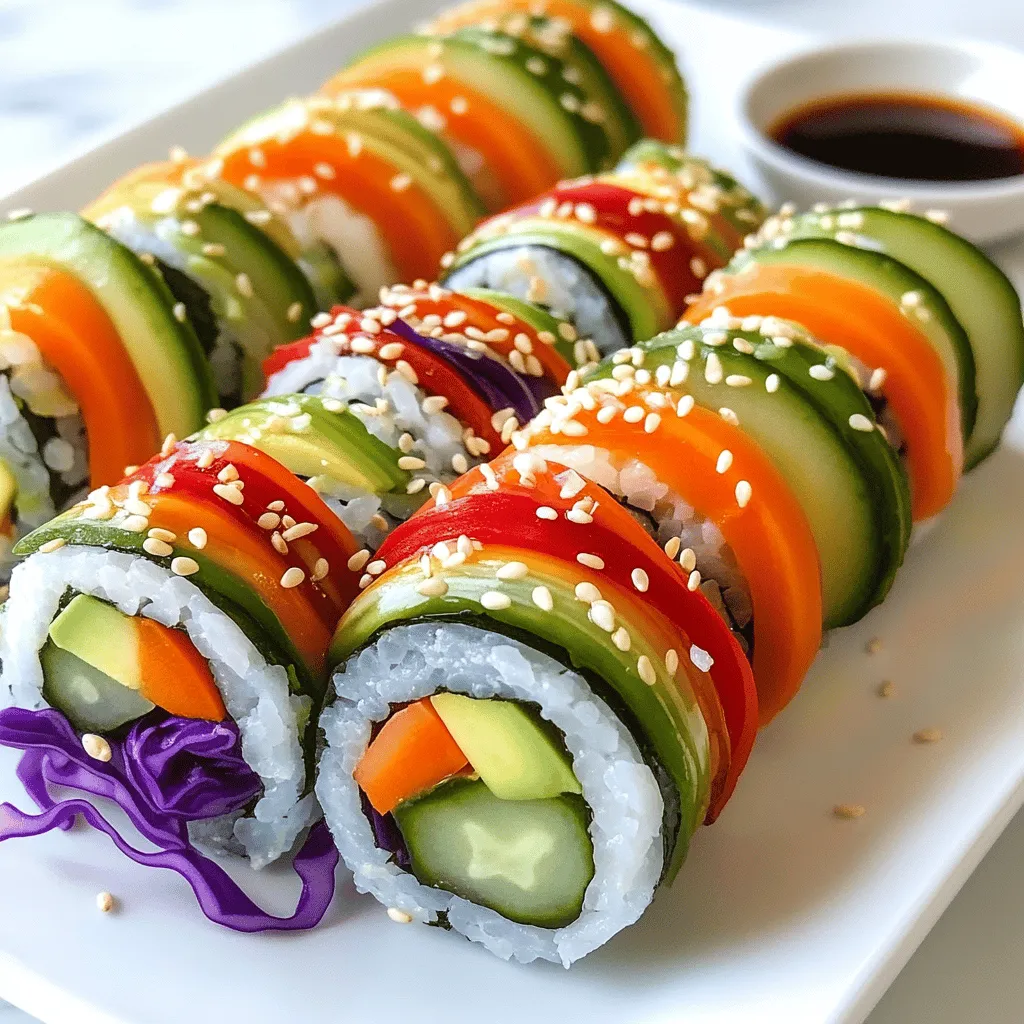 The main ingredients for Rainbow Veggie Sushi Rolls are simple and fresh. Here’s what you need: - 1 cup sushi rice - 1 1/4 cups water - 2 tablespoons rice vinegar - 1 tablespoon sugar - 1 teaspoon salt - 4 sheets nori (seaweed) - 1 small cucumber, julienned - 1 medium carrot, julienned - 1 bell pepper (red or yellow), thinly sliced - 1 ripe avocado, sliced - 1/2 cup purple cabbage, shredded - Soy sauce, for dipping - Sesame seeds, for garnish (optional) - Pickled ginger and wasabi (optional, for serving) Each ingredient adds its own flavor and color. The sushi rice creates a soft base. The nori wraps everything together. Fresh veggies add crunch and bright colors. To make these sushi rolls, you need a few tools: - Bamboo sushi mat for rolling - Sharp knife for cutting - Fine mesh strainer for rinsing rice - Medium saucepan for cooking rice - Small bowl for mixing vinegar, sugar, and salt Using these tools helps you create perfect rolls. The sushi mat is key for rolling tightly. Rainbow Veggie Sushi Rolls are not just pretty; they are healthy too. Here are some highlights: - Sushi rice provides carbs for energy. - Fresh vegetables are full of vitamins and fiber. - Avocado offers healthy fats. - Low-calorie soy sauce adds flavor without excess calories. These rolls are a great way to eat more veggies. They are colorful, fun, and packed with nutrients. Enjoy this vibrant meal with friends or family. For the full recipe, check the earlier section. To start, rinse the sushi rice. Use a fine mesh strainer and cold water. This step removes extra starch. Rinse until the water runs clear. Next, cook the rice in a medium pot. Combine the rinsed rice with 1 1/4 cups water. Bring it to a boil, then lower the heat. Cover and let it simmer for 15 minutes. After 15 minutes, take it off the heat. Let it sit, covered, for another 10 minutes. This helps the rice become tender. Now, we season the rice. In a small bowl, mix rice vinegar, sugar, and salt. Fold this mixture into the cooked rice gently. Use a wooden spoon for this task. Allow the rice to cool to room temperature. This cooling makes it easier to roll later. While the rice cools, it's time to prepare the veggies. Start with the cucumber. Cut it into thin, matchstick-sized pieces. Next, julienne the carrot in the same way. Then, slice the bell pepper into thin strips. For the avocado, cut it into slices. Lastly, shred the purple cabbage. Aim for pieces that are easy to roll. This colorful mix makes your sushi vibrant and fun. Now, grab your bamboo sushi mat. Place it on a flat surface. Lay a sheet of nori, shiny side down, on the mat. Wet your hands to prevent sticking. Spread about 1/4 of the sushi rice evenly over the nori. Leave a 1-inch border at the top. Next, it’s time for the veggies. Arrange your colorful selection of cucumber, carrot, bell pepper, avocado, and cabbage across the middle of the rice. Now, roll it up! Start from the bottom. Lift the bamboo mat and roll tightly. Press gently but don’t squash it. Keep rolling until you reach the top edge without rice. To seal the roll, moisten the top border of the nori with a bit of water. This helps it stick together. Now, slice the roll into 6-8 pieces. Use a sharp, wet knife for clean cuts. Wipe the knife between cuts for best results. Finally, serve your sushi rolls with soy sauce and garnish with sesame seeds. Enjoy this colorful and healthy delight! For the full recipe, check the ingredient section above. To make great sushi rolls, follow these tips: - Use fresh ingredients: Fresh veggies and ripe avocado make a big difference. - Wet your hands: Keep your hands damp when handling the rice to prevent sticking. - Don’t overfill: Use just enough filling to avoid messy rolls. A little goes a long way. - Practice rolling: The more you roll, the better you get. Don’t worry if it’s not perfect! Here are some common sushi mistakes: - Using dry rice: Rinse the rice well to remove starch. This keeps it from being gummy. - Rolling too tight: If you roll too tightly, the filling might squish out. - Not sealing the roll: Moisten the edge of the nori to seal it properly. - Cutting with a dry knife: Always wet your knife for clean cuts. Make your sushi look as good as it tastes: - Use a sharp knife: This helps with clean slices. - Garnish wisely: Sprinkle sesame seeds or lay down colorful veggies on the plate. - Arrange artfully: Place the rolls neatly on a plate. A little care in presentation goes a long way! - Serve with style: Offer soy sauce, pickled ginger, and wasabi in small bowls for a nice touch. By following these tips, you can create beautiful and tasty rainbow veggie sushi rolls that impress everyone. For the complete process, check out the Full Recipe. {{image_2}} You can easily make gluten-free rainbow veggie sushi. Just use gluten-free soy sauce instead of regular soy sauce. Ensure the nori sheets are also gluten-free. Most nori is gluten-free, but it’s best to check the label. You can also replace the rice vinegar with apple cider vinegar. This keeps the flavor bright and tangy. This recipe is already vegan-friendly. Use plant-based ingredients and skip fish. You can add tofu or tempeh for extra protein. Marinate the tofu in soy sauce or sesame oil for added flavor. Try adding other vegetables like spinach or radish for more color and taste. Kids love colorful food! Let them pick their favorite veggies. You can use fun shapes with cookie cutters. Roll the sushi tighter for smaller bites. Try using a sweeter dipping sauce, like teriyaki, to make it more appealing. You can also serve with fruit on the side for a complete meal. Feel free to explore these variations to suit your tastes. For the full recipe, check out the Rainbow Veggie Sushi Rolls section. To keep your leftover sushi rolls fresh, wrap them tightly in plastic wrap. This helps prevent air from drying them out. Place the wrapped rolls in an airtight container. Store them in the fridge. They are best enjoyed within 24 hours for the best taste and texture. If you want to store sushi rolls longer, freezing is an option. However, note that texture may change upon thawing. Wrap each roll tightly in plastic wrap. Place the wrapped rolls in a freezer-safe bag or container. When you’re ready to eat, thaw them in the fridge overnight. Avoid reheating sushi; it tastes best cold. Always use fresh ingredients for your sushi. The rice should be fluffy and slightly sticky. Keep the rolls away from strong odors in the fridge. To maintain color and flavor, consume them soon after making. If you have extra veggies, store them in water to keep them crisp. For the full recipe, please check out the Rainbow Veggie Sushi Rolls section. The best rice for sushi is sushi rice, also called short-grain rice. This rice has a higher starch content, which helps it stick together. The texture is perfect for rolling and holding ingredients. Always rinse it well before cooking. This step removes extra starch and makes the rice less sticky. To make sushi rice less sticky, rinse it under cold water until the water runs clear. This removes excess starch. Use the right water-to-rice ratio. For sushi rice, 1 cup of rice to 1.25 cups of water works best. Let it steam after cooking for 10 minutes. This allows the rice to firm up. Yes, you can use different vegetables! Feel free to add or swap veggies based on your taste. Try radishes, zucchini, or even sweet potatoes. The key is to cut them thinly for easy rolling. This way, you can create your own colorful combinations. Sushi rolls are best eaten fresh. They can sit for about 2 hours at room temperature. After that, the rice can dry out or the veggies can become limp. If you need to store them, wrap them tightly in plastic wrap. Keep them in the fridge, where they can last up to 24 hours. For the best taste, eat sushi rolls as soon as possible. For the full recipe, check the complete guide above. You learned about the key ingredients and tools needed for sushi. We explored how to prepare sushi rice and cut vegetables. I shared tips for making perfect rolls and avoiding common mistakes. You also discovered variations for dietary needs and how to store leftovers. Sushi making is fun and rewarding. Now, you can impress friends and family with your skills. Enjoy every bite of your sushi creations!