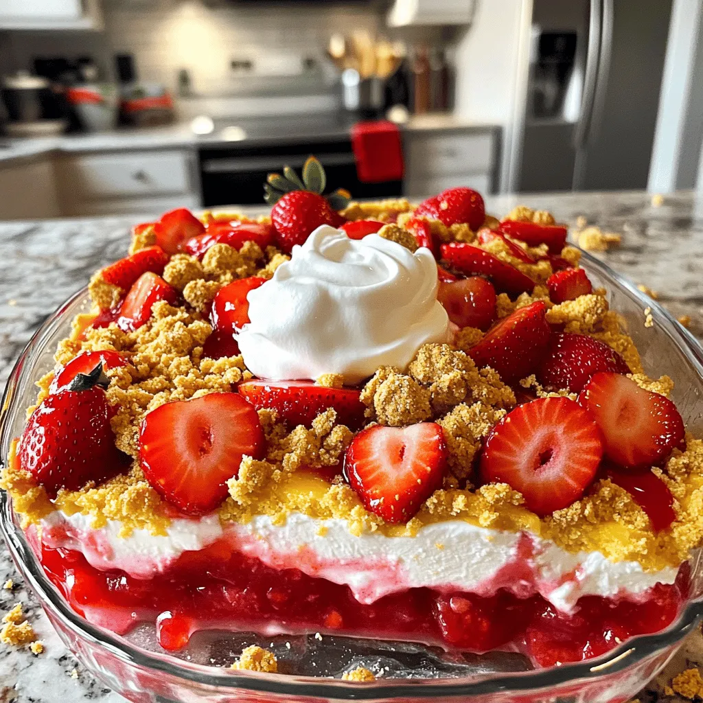For a delicious Strawberry Cheesecake Dump Cake, you will need: - 1 can (21 oz) strawberry pie filling - 1 package (8 oz) cream cheese, softened - 1/2 cup powdered sugar - 1 teaspoon vanilla extract - 1 box (15.25 oz) yellow cake mix - 1/2 cup unsalted butter, melted - 1 cup fresh strawberries, sliced - 1/2 cup graham cracker crumbs - Whipped cream for serving (optional) These ingredients create a rich, sweet dessert that everyone loves. Each component plays a role in building flavor and texture. You can easily swap some ingredients based on what you have. For instance, if you need a dairy-free option, use a plant-based cream cheese. You can substitute powdered sugar with regular sugar, but the texture may change slightly. If you want to change the flavor, use a different pie filling. Cherry or blueberry pie filling works well too. You can use any flavor of cake mix, but yellow adds a nice sweetness. Add extra joy to your dump cake with toppings. A dollop of whipped cream is classic and adds creaminess. You can also sprinkle on some extra graham cracker crumbs for crunch. Fresh mint leaves can add a pop of color and freshness. Feel free to get creative with toppings! You can drizzle chocolate or caramel sauce for an extra layer of flavor. First, you need to set your oven. Preheat it to 350°F (175°C). This temperature helps bake the cake evenly. Grab a 9x13 inch baking dish. Spray it with non-stick spray. This step keeps your cake from sticking to the dish. Next, take a mixing bowl. Put in the softened cream cheese. Beat it until it is smooth. Then, add the powdered sugar and vanilla extract. Mix everything together. The goal is a creamy mixture. This will be the delicious layer in your dump cake. Now it’s time to layer. Start by spreading the strawberry pie filling evenly in the dish. This creates a sweet base for the cake. Then, dollop the cream cheese mixture over the strawberries. Use a spatula to spread it gently. Don’t worry if it doesn’t cover everything. Next, sprinkle the dry yellow cake mix on top. Make sure it is even. Finally, drizzle the melted butter over the cake mix. This helps it bake into a perfect topping. Scatter the fresh sliced strawberries and graham cracker crumbs on top. Put the baking dish in the preheated oven. Bake for 35-40 minutes. The cake is done when the top is golden brown and bubbly. Once it’s baked, let it cool for about 10 minutes. This cooling time makes slicing easier. You can now enjoy your Strawberry Cheesecake Dump Cake! For detailed steps, check the Full Recipe. To get the best texture for your Strawberry Cheesecake Dump Cake, follow these steps: - Use softened cream cheese. This makes it easy to mix and helps the filling become smooth. - Don't over-mix the cream cheese. Mix just until combined for a light texture. - Evenly spread the cake mix. This ensures the cake bakes evenly and creates a nice crust. - Add melted butter evenly. Drizzle it over the cake mix to keep it moist. Here are some common mistakes you should avoid: - Skipping the greasing step. If you forget this, your cake may stick to the pan. - Not measuring ingredients accurately. This can change the final flavor and texture. - Overbaking the cake. Check it often to prevent it from becoming dry. You can make this cake even tastier with these ideas: - Add lemon zest. A little zest brightens the flavor and adds freshness. - Mix in chocolate chips. They add a nice richness to the cake. - Top with more fruit. Fresh berries on top can enhance the presentation and taste. These tips will help you create a delicious Strawberry Cheesecake Dump Cake every time! For the complete recipe, refer to the Full Recipe provided. {{image_2}} You can switch up the flavor of your dump cake by using other fruit fillings. Instead of strawberry, try cherry, blueberry, or peach. Each fruit brings a unique taste and color. For example, cherry filling adds a tart punch. Blueberry filling offers a sweet, juicy burst. Peach gives a lovely summer vibe. Just keep the same steps in the recipe. Your dessert will still come out delicious! If you need a gluten-free option, there are great cake mixes available. Many brands sell gluten-free yellow cake mixes. Just check the label before buying. You may also use almond flour or coconut flour for a homemade cake mix. This way, you get to enjoy a tasty dessert without gluten. Your friends and family will love it, too! Get creative with flavor combos! You can add chocolate to your dump cake. Just mix in some cocoa powder into the cream cheese layer. This gives a rich chocolate taste. Or try lemon for a bright twist. Add lemon zest and juice to the cream cheese mix. Both options make the dessert pop with flavor. Explore and have fun with your own combinations! For the full recipe, check the details above. To keep your Strawberry Cheesecake Dump Cake fresh, store it in an airtight container. Place the container in the fridge. This will help the flavors stay strong and the texture remain nice. Make sure to cover it well to avoid drying out. Enjoy leftovers within three to four days for the best taste. You can freeze the dump cake if you have extras. Allow it to cool completely first. Cut it into squares and wrap each piece in plastic wrap. Then, place the wrapped pieces in a freezer-safe bag. Label the bag with the date. It can stay in the freezer for up to three months. When you want to eat it, just thaw it in the fridge overnight. To reheat your dump cake, first, remove it from the fridge or freezer. If frozen, let it thaw first. Preheat your oven to 350°F (175°C). Place the cake in an oven-safe dish. Heat it for about 15-20 minutes or until warm. You can also microwave individual pieces for about 30-60 seconds. If you like, add a dollop of whipped cream on top for extra flavor. For the full recipe, check out the complete guide. Yes, you can make this dessert ahead of time. Prepare the dump cake and let it cool. Then, cover it with plastic wrap and store it in the fridge. It tastes great chilled. When you are ready to serve, just reheat it in the oven for a few minutes. If you need a substitute for cream cheese, use mascarpone cheese or Greek yogurt. Both options offer a creamy texture. They will change the flavor slightly but still taste great. Serve the dump cake warm or at room temperature. Cut it into squares and place on plates. Add a dollop of whipped cream on top if you like. You can also sprinkle extra graham cracker crumbs for a nice touch. Absolutely! This recipe is kid-friendly and perfect for family gatherings. Kids will enjoy the sweet strawberry flavor and creamy texture. Plus, they can help mix and layer the ingredients. It's a fun way to get them involved in baking! Pair this dump cake with vanilla ice cream or fresh fruit. Both options add a refreshing contrast. You could also serve it with a drizzle of chocolate sauce for a decadent twist. For the full recipe, check out the detailed instructions above! You learned about making a Strawberry Cheesecake Dump Cake from start to finish. We covered the key ingredients and tasty substitutes. I shared easy steps and helpful tips to avoid mistakes. You can also explore variations for different flavors and gluten-free options. Don't forget how to store leftovers and reheat them for best taste. By using this guide, you can make a dessert everyone will enjoy. Happy baking!