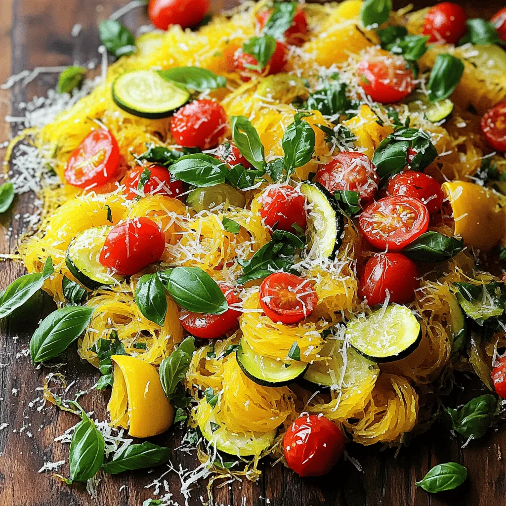 To create this colorful dish, you will need: - 1 medium spaghetti squash - 1 tablespoon olive oil - 1 red bell pepper, sliced - 1 yellow bell pepper, sliced - 1 zucchini, sliced into half-moons - 1 cup cherry tomatoes, halved - 1 small onion, chopped - 2 garlic cloves, minced - 1 teaspoon Italian seasoning - Salt and pepper to taste - Fresh basil leaves, for garnish - Grated Parmesan cheese, for serving (optional) These ingredients offer a mix of flavors and colors, making your meal both tasty and vibrant. You can enhance your dish with these optional ingredients: - Spinach or kale for extra greens - Mushrooms for a deeper taste - Red pepper flakes for heat - Lemon juice for brightness These additions can help you customize the dish to fit your taste. Each serving of Spaghetti Squash Primavera is packed with nutrients. Here’s what you get: - Calories: 150 - Protein: 4g - Carbohydrates: 25g - Fiber: 5g - Fat: 5g This meal is low in calories and rich in fiber, making it a healthy choice. Enjoy the full recipe for a delightful cooking experience! First, preheat your oven to 400°F (200°C). This step is key for roasting. Next, take your medium spaghetti squash and slice it in half lengthwise. Use a spoon to scoop out the seeds; make sure it’s clean. Drizzle olive oil inside each half. Don't forget to add salt and pepper for taste. Place the halves cut-side down on a baking sheet. Roast the squash for 30-40 minutes. When it’s done, you should easily shred the flesh with a fork. While the squash roasts, heat a tablespoon of olive oil in a large skillet over medium heat. Add the chopped onion and minced garlic. Sauté them for 2-3 minutes until they become soft and fragrant. Now, stir in the sliced bell peppers and zucchini. Cook them for about 5-7 minutes until they soften. Then, add the halved cherry tomatoes and Italian seasoning. Cook for another 3-4 minutes until the tomatoes burst. Season the mixture with salt and pepper to taste. Once the spaghetti squash is cool enough to handle, use a fork to scrape the flesh into strands. Combine these strands with the sautéed vegetables in the skillet. Toss everything together well. Serve immediately, garnished with fresh basil leaves. If you want extra flavor, sprinkle some grated Parmesan cheese on top. For the full recipe, check out the details above. Enjoy your healthy and colorful meal! To choose the best spaghetti squash, look for a firm one. It should feel heavy for its size. Check for smooth skin without soft spots. A vibrant yellow color means it's ripe. Avoid any squash with bruises or blemishes. You want a squash that feels solid and fresh. When cooking vegetables, keep the heat moderate. A hot pan helps to sauté them well. Start with onions and garlic; they build flavor fast. Add bell peppers and zucchini next. Stir them often to avoid burning. Cook until they are bright and tender. Finally, toss in the cherry tomatoes. They should burst and add nice flavor. For serving, use a big plate to show off the colors. Garnish with fresh basil leaves to add a pop of green. If you like cheese, sprinkle some grated Parmesan on top. This adds richness to the dish. You can also serve it with crusty bread on the side. For a light meal, pair it with a green salad. I suggest a lemon vinaigrette for a fresh touch. You can find the full recipe online for more tips! {{image_2}} You can add chickpeas or tofu for protein. Chickpeas are tasty and packed with fiber. Just rinse and drain them before adding to your dish. Tofu also works well. Press it to remove excess water. Cut it into cubes and sauté until golden. This adds a nice texture and extra nutrients. Feel free to swap in different vegetables. Broccoli, spinach, or asparagus bring great flavors. You can also use carrots for a sweet crunch. Just remember to cut them into small pieces for even cooking. Mixing colors makes your dish look pretty and appetizing. Change up the seasonings to keep it exciting. Try adding red pepper flakes for heat or lemon zest for brightness. Fresh herbs like parsley or cilantro can add freshness too. Experiment with your favorite spices, like cumin or paprika, to create new tastes. These small tweaks can make a big difference in flavor. For the full recipe, check out the main article. To keep your Spaghetti Squash Primavera fresh, store it in an airtight container. Let it cool first. Place it in the fridge. It will stay good for about 3 to 5 days. If you want to enjoy it later, consider freezing it. When you're ready to eat your leftovers, reheat them gently. Use the stovetop or microwave. If using the stovetop, add a splash of water or olive oil to keep it moist. Heat it on low to avoid drying out the dish. Stir often for even heating. If using a microwave, cover it loosely to trap in some steam. This keeps the flavors fresh. If you want to freeze Spaghetti Squash Primavera, follow these steps. First, make sure it’s completely cool. Divide it into single servings for easy reheating. Use freezer-safe bags or containers. Label them with the date. The dish can last up to 3 months in the freezer. When you're ready to eat, thaw it overnight in the fridge before reheating. This helps maintain its taste and texture. To cook spaghetti squash, you need about 30 to 40 minutes in the oven. Preheat your oven to 400°F (200°C). Slice the squash in half and scoop out the seeds. Place it cut-side down on a baking sheet. Roast until the flesh is soft and can be shredded easily. Yes, you can make Spaghetti Squash Primavera ahead of time. Cook the squash and vegetables, then store them in the fridge. When you are ready to eat, just reheat and mix them together. This dish stays tasty for about 3 days in the fridge. Great side dishes include a fresh salad or garlic bread. A light soup can also pair well. You can even serve it with grilled chicken or fish for extra protein. These options complement the flavors of the spaghetti squash nicely. Check out the Full Recipe for more ideas on how to enjoy this dish! Spaghetti Squash Primavera is easy to make and full of flavor. We covered key ingredients, cooking steps, and tips for selection. You can customize the dish with proteins or different veggies. Don’t forget how to store leftovers for later use. This dish offers a healthy alternative that even kids may enjoy. Now, get creative and try your own variations! Enjoy a balanced meal that tastes great and makes you feel good. You’ll love the results when you put this dish on your table.
