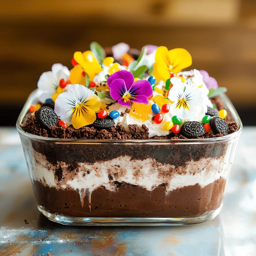 For this fun dessert, you will need these key ingredients: - 1 package (15.25 oz) chocolate cake mix - 1 package (3.9 oz) instant chocolate pudding mix - 4 cups milk (divided) - 8 oz cream cheese, softened - 1 cup powdered sugar - 1 container (12 oz) whipped topping (thawed) - 1 ½ cups crushed Oreos (plus extra for garnish) - 1 cup gummy worms (for decoration) - Edible flowers (like pansies or violets, for decoration) Each ingredient plays an important role. The chocolate cake mix gives the base a rich flavor. The pudding mix adds a creamy layer that is smooth and delicious. Cream cheese brings a tangy taste, while the whipped topping makes it light and fluffy. Crushed Oreos create the "dirt" effect, and gummy worms add a fun touch. You can include additional touches to enhance the look: - Extra crushed Oreos for a dirtier look - More gummy worms scattered on top - Edible flowers for a pop of color These garnishes not only look cute but also add more flavor. They make the dessert feel festive, perfect for Easter. Using high-quality ingredients makes a big difference. Choose a good chocolate cake mix for the best flavor. Fresh cream cheese will ensure a smooth texture. For pudding, instant mix works well, but you can also use homemade if you prefer. Look for fresh whipped topping and try to use organic or non-GMO options when available. This can enhance the taste and make your dessert even better. Remember, the right ingredients lead to a delicious Easter Dirt Cake Casserole that everyone will love. For the full recipe, check out the details above. To start, preheat your oven as the cake mix package says. Combine the chocolate cake mix with water, eggs, and oil. Mix well until smooth. Pour this batter into a 9x13-inch baking dish. Bake for about 25 to 30 minutes. You want it cooked through and a toothpick should come out clean. Let the cake cool entirely in the pan. Next, grab a large bowl. Whisk together the instant chocolate pudding mix and 4 cups of milk. Keep whisking for around 2 minutes until it’s smooth. Let this pudding sit for about 5 minutes. It will thicken nicely during this time. In another bowl, blend the softened cream cheese with powdered sugar. Mix until it’s smooth and creamy. Then, fold in the thawed whipped topping gently. This creates a light, fluffy mixture that adds great texture to your dessert. Once your cake is cooled, use a fork to poke holes all over it. Pour the chocolate pudding evenly on top. Let it seep into those holes for added flavor. Next, carefully spread the cream cheese mixture over the pudding layer. Finish by sprinkling crushed Oreos on top. This gives the casserole its fun dirt look. Chill your casserole in the fridge for at least 4 hours, or overnight if you can wait. Just before serving, add gummy worms and edible flowers for a cheerful touch. Serve by cutting into squares, making sure to get all those delicious layers. For the full recipe, you can refer to the [Full Recipe]. To make the best chocolate cake, start with a good mix. Follow the package directions closely. Use fresh eggs and the right amount of oil for moisture. Remember to preheat your oven properly. This helps the cake rise well and bake evenly. Let the cake cool completely in the pan. This step is key for the next layers to set well. Make sure your cream cheese is at room temperature. This helps it blend smoothly. Start mixing it with powdered sugar until it’s creamy. Then, slowly fold in the thawed whipped topping. This keeps the mixture light and airy. Avoid over-mixing; you want a fluffy texture, not a dense one. Use a clear glass dish for serving. This lets everyone see the fun layers. Before you serve, add gummy worms and edible flowers on top. They make the dish look festive and fun. Sprinkle more crushed Oreos for that dirt effect. For a cute touch, place extra Oreos around the serving dish. You can find the full recipe in the previous sections. {{image_2}} You can switch up the cake flavor for this dessert. Try a vanilla or lemon cake mix for a fresh twist. A red velvet cake adds a fun color and taste. Each flavor pairs well with the chocolate pudding and cream cheese layers. Get creative with toppings! Instead of gummy worms, use chocolate eggs or fruit. Fresh berries add a nice tartness and color. You can even use crushed graham crackers for a sandy look. Edible flowers like violets or pansies make it pretty and festive. To make this dish gluten-free, use a gluten-free cake mix. You can find many brands at grocery stores. For a vegan version, swap the cream cheese for a dairy-free option. Use almond or coconut milk in the pudding. Check that the whipped topping is also dairy-free. These simple changes keep all the taste while meeting different dietary needs. For the complete recipe, check out the Full Recipe section. To keep your Easter Dirt Cake Casserole fresh, cover it tightly with plastic wrap. This will help keep moisture in and prevent it from drying out. You can also use a lid if your dish has one. Store it in the fridge for the best results. If you want to freeze the casserole, first let it cool completely. Cut it into individual squares for easier thawing. Wrap each piece in plastic wrap, then place them in a freezer bag. Label the bag with the date. This will help you keep track of how long it's been stored. The casserole will stay good in the fridge for about 3 to 5 days. After that, the texture and flavor may change. If you see any signs of spoilage, like an off smell or mold, it’s best to toss it out. Enjoy your Easter Dirt Cake Casserole while it's fresh for the best taste! You can swap gummy worms for other fun candies. Try chocolate-covered bugs or jelly beans. If you want a healthier option, use fresh fruit like strawberries or blueberries. These choices still add a pop of color and fun to the dish. Yes, you can make this dish a day in advance. In fact, it tastes better when chilled overnight. Just cover it well with plastic wrap and keep it in the fridge. This allows the flavors to blend nicely. To change the serving size, adjust the ingredients based on how many people you want to serve. For example, if you want to serve 24 people, double the ingredients. If you need just 6 servings, halve the amounts. Use a smaller dish if you make less. If you lack instant pudding mix, you can use regular pudding mix. Just cook it according to the package directions. This will take longer, but it will still taste great. You can also try using yogurt instead for a lighter option. In this article, I shared how to create a tasty Easter Dirt Cake Casserole. We covered the main ingredients and optional garnishes, plus tips for great results. You learned step-by-step instructions, best practices, and ways to customize the dish for any diet. Remember, you can store leftovers and freeze portions for later enjoyment. With these insights, making this fun dessert should be easy and enjoyable. Get ready to impress your family and friends with your delicious creation!