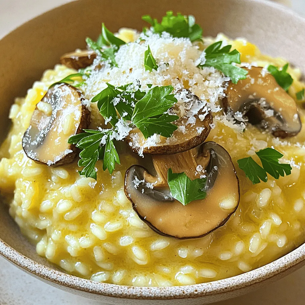- 1 cup Arborio rice - 4 cups vegetable broth - 1 cup mushrooms (cremini or shiitake), sliced - 1 small onion, finely chopped - 2 garlic cloves, minced - 1/2 cup heavy cream - 1/2 cup grated Parmesan cheese - 2 tablespoons olive oil - 1 tablespoon butter - Salt and pepper to taste - Fresh parsley, chopped (for garnish) Using fresh ingredients is key for the best flavor. Arborio rice gives that creamy texture. The right mushrooms add depth and umami. Fresh garlic and onion create a savory base. High-quality cheese enhances the dish’s richness. Each ingredient plays a role in making your risotto shine. - Risotto pot or large skillet - Wooden spoon or spatula - Measuring cups and spoons A good pot helps cook the rice evenly. A wooden spoon stirs without scratching the pot. Using measuring tools ensures you get the right amounts. These tools make cooking smooth and easy. With the right gear, you can focus on creating a delicious meal. First, heat the vegetable broth in a saucepan. Keep it warm over low heat. This helps the rice cook evenly. Next, in a large skillet, add olive oil and butter. Heat them over medium. Once hot, add the finely chopped onion. Sauté for 3-4 minutes until it turns translucent. Then, stir in the minced garlic. Let it cook for about 1 minute. This adds a nice flavor to your risotto. Now, it’s time to add the sliced mushrooms to the skillet. Use cremini or shiitake for great taste. Cook them for about 5 minutes. This allows them to become tender and release their moisture. To get the right texture, don’t overcrowd the skillet. If needed, cook in batches. This keeps the mushrooms from steaming and helps them brown nicely. Next, add the Arborio rice to the skillet. Stir it for 1-2 minutes. This toasts the rice and gives it flavor. Now, begin adding the warm vegetable broth. Use a ladle and add it one scoop at a time. Wait for the rice to soak it up before adding more. Keep stirring continuously. This helps the rice release its starch, making it creamy. After about 15 minutes, check if the rice is al dente. It should be tender yet firm. Once the rice is creamy, it’s time for the final touches. Mix in the heavy cream and Parmesan cheese. Stir well to combine. This makes the risotto rich and flavorful. Season it with salt and pepper to taste. Allow the risotto to rest for a minute before serving. This lets the flavors settle. Serve hot, garnished with chopped parsley. For a nice touch, sprinkle extra Parmesan on top. Enjoy your creamy mushroom risotto! For a detailed recipe, check the Full Recipe. To make your risotto creamy, keep your broth hot. Cold broth slows cooking and makes the rice tough. Stirring is key too. It helps release starch from the rice, which creates that smooth texture we love. Prepare your ingredients before you start cooking. Chop your onions and mushrooms ahead of time. This way, you can focus on cooking without delays. Batch cooking is also a great idea. Make extra risotto and freeze it. You can enjoy it later with just a quick reheat. Pair your creamy mushroom risotto with a crisp white wine. A salad with mixed greens adds freshness to the meal. For a nice touch, serve the risotto in warm bowls. Sprinkle some extra Parmesan and parsley on top. You can even add sautéed mushroom slices as a garnish for a lovely finish. Enjoy your delicious meal! {{image_2}} To make your creamy mushroom risotto even heartier, consider adding protein. You can use chicken, shrimp, or tofu. - Chicken: Cook bite-sized pieces in the skillet before adding mushrooms. - Shrimp: Sauté shrimp for a few minutes until they turn pink. Add them near the end of cooking. - Tofu: Use firm tofu. Cube it, then fry until golden before mixing it in. Each protein adds a different flavor and texture. Choosing the right one can enhance your dish. If you want a vegetarian or vegan risotto, it’s simple to adjust. Replace heavy cream and cheese with plant-based options. - Cream: Use coconut milk or almond milk for a creamy texture. - Cheese: Nutritional yeast offers a cheesy flavor without dairy. For extra flavor in vegetarian versions, add herbs like thyme or rosemary. You can also toss in some sun-dried tomatoes for a sweet touch. Mushrooms are the star of this dish. Using different types can change the flavor profile. - Cremini: Earthy and slightly sweet, these mushrooms add depth. - Shiitake: They bring a rich, smoky flavor that’s hard to beat. - Portobello: Use these for a meaty texture and robust taste. Each type of mushroom gives your risotto a unique twist. Try mixing varieties for even more flavor. To keep your creamy mushroom risotto fresh, follow these simple steps: - Refrigeration: Place leftover risotto in an airtight container. It can stay in the fridge for up to three days. - Freezing: For longer storage, freeze risotto in a freezer-safe container. It can last up to two months. - Reheating: When ready to eat, add a splash of broth or water. Heat slowly on the stove. Stir often to bring back creaminess. Creamy mushroom risotto has a limited shelf life. Here’s what you need to know: - Fridge: It lasts about three days. After that, it may spoil. - Freezer: It can stay good for two months. - Signs of Spoilage: If you notice off smells, mold, or a change in texture, it’s best to throw it out. Always trust your senses when it comes to food safety. The best rice for risotto is Arborio rice. This rice has a high starch content. It creates a creamy texture that we love in risotto. Other rice types, like long-grain rice, do not work well. They lack the starch that makes risotto special. Arborio rice absorbs flavors and liquids easily. This makes it perfect for our creamy mushroom risotto. Yes, you can make risotto ahead of time. To store it, place it in an airtight container. Keep it in the fridge for up to three days. When you want to eat it, reheat it gently. Add a bit of broth or water to loosen it. Stir well to bring back its creamy texture. Remember, risotto is best fresh, but you can enjoy it later. If your risotto is too thick, add more liquid. Use warm broth or water to adjust the texture. Stir it in slowly until you reach the right creaminess. Remember, risotto should be creamy, not dry. If it becomes too soupy, let it sit for a minute to thicken. The key is to find that perfect balance. Yes, you can use regular cream instead of heavy cream. It will make the dish lighter. However, it may not be as rich and creamy. If you want a similar taste, try half-and-half. You can also use a dairy-free cream for a vegan option. Just know it will change the flavor a bit. Play with it to see what you like best! For the full recipe, check out the details above. Creamy mushroom risotto is a rewarding dish that uses fresh ingredients and careful techniques. We covered key elements like choosing Arborio rice, preparing your kitchen tools, and step-by-step instructions to cook the perfect risotto. Remember, the right technique makes all the difference in achieving that creamy texture. Experiment with different mushrooms and proteins to keep things fresh and exciting. With these tips, you can impress anyone at your table. Enjoy your cooking journey!