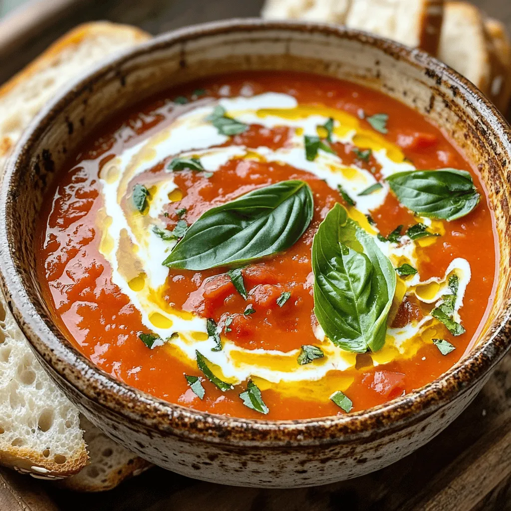 To make a delicious creamy tomato basil soup, you need some key ingredients: - 2 tablespoons olive oil - 1 medium onion, chopped - 3 cloves garlic, minced - 1 can (28 oz) crushed tomatoes - 2 cups vegetable broth - 1 tablespoon sugar (optional, to balance acidity) - 1 teaspoon dried oregano - Salt and pepper to taste - 1 cup heavy cream or a dairy-free alternative - ½ cup fresh basil leaves, chopped These ingredients create a rich and flavorful base. The crushed tomatoes give a sweet and tangy taste. The heavy cream adds a smooth texture, while fresh basil brings a bright aroma. You can boost the flavor with a few optional add-ins: - A pinch of red pepper flakes for heat - A splash of balsamic vinegar for depth - Fresh herbs like thyme or rosemary for extra fragrance These add-ins can help personalize your soup and make it even more delightful. When serving your creamy tomato basil soup, consider these pairings: - Crusty bread for dipping - Grilled cheese sandwiches for a classic touch - A fresh green salad to balance the meal These sides complement the soup and create a satisfying meal. For the full recipe, check out the complete guide! To start, gather your ingredients. This keeps everything organized. You will need olive oil, onion, garlic, crushed tomatoes, vegetable broth, sugar, oregano, salt, pepper, heavy cream, and fresh basil. This recipe is simple and quick. First, heat the olive oil in a large pot over medium heat. Add the chopped onion. Cook it until it turns soft, about 5 minutes. Then, add the minced garlic. Stir for 1-2 minutes. Be careful not to burn it. Now, pour in the crushed tomatoes and vegetable broth. Stir in the sugar, oregano, salt, and pepper. Bring this mixture to a simmer. Let it cook for 20 minutes. This time helps the flavors mix well. Stir occasionally for the best results. After simmering, it’s time to blend the soup. Use an immersion blender to make it smooth. If you don’t have one, pour the soup in batches into a countertop blender. Once blended, return it to the pot. Stir in the heavy cream and heat it over low heat. Do not let it boil. Just before serving, fold in the chopped fresh basil. Taste and adjust seasoning if needed. Your creamy tomato basil bliss is almost ready! Serve it hot with crusty bread or grilled cheese on the side. For the full recipe, check out the details above. To get the best creamy texture in your soup, blend it well. I use an immersion blender for easy mixing. If you don’t have one, pour the soup into a regular blender. Blend it in small batches to avoid spills. Always blend until it’s smooth. After blending, return it to the pot and stir in the cream. This gives a rich, velvety feel. One common mistake is not cooking the onions long enough. They must be soft and sweet before adding other ingredients. Another mistake is overcooking the garlic. It should be fragrant but not brown. Also, don’t skip the simmering step. This allows the flavors to mix well. Lastly, be careful with seasoning. Taste as you go, and adjust salt and pepper last. To enhance the flavor, consider adding a pinch of sugar. It helps balance the acidity of the tomatoes. Fresh basil is key for a bright taste. Stir it in just before serving. You can also add a splash of balsamic vinegar for depth. If you like spice, add a dash of red pepper flakes. These small tweaks can elevate your soup from good to great. For the full recipe, check the earlier section. {{image_2}} You can make a tasty dairy-free version of this soup. Use coconut milk or cashew cream instead of heavy cream. Start by blending soaked cashews with water until smooth. This adds nutty flavor and creaminess. You can also use oat milk for a lighter touch. Just be sure to choose unsweetened options for the best taste. This way, everyone can enjoy a bowl of creamy goodness! If you like heat, add a spicy twist! You can stir in red pepper flakes or diced jalapeños while the soup simmers. Start with a small amount and taste as you go. This will help you find the right balance. You can also top your soup with a drizzle of hot sauce. This adds flavor and a fun kick to your meal. Boost the nutrition by adding more veggies. Carrots, bell peppers, or zucchini work well. Just chop them up and add them when you cook the onions. They will soften and blend into the soup. You can also add spinach or kale at the end for a pop of color and nutrients. This makes the soup even heartier and more satisfying. Check out the Full Recipe for steps on making these variations! After you enjoy your creamy tomato basil soup, you might have some left. To store it, let the soup cool first. Then, transfer it into an airtight container. Seal it tightly and place it in the fridge. It will stay fresh for about three to four days. When storing, try to divide it into smaller portions. This way, it’s easier to heat up later. If you want to keep your soup for a longer time, freezing is a great option. First, let the soup cool completely. Next, pour it into freezer-safe containers or bags. Leave some space at the top because the soup will expand when it freezes. Label the bags with the date and type of soup. You can freeze it for up to three months. When you are ready to eat it, just thaw it in the fridge overnight before reheating. To reheat your creamy tomato basil soup, you have a few options. You can use the stove or microwave. If you use the stove, pour the soup into a pot and heat it over low to medium heat. Stir it often to prevent sticking. If you choose the microwave, place the soup in a microwave-safe bowl. Heat it in short bursts, stirring in between. This helps the soup warm evenly. Always check the temperature before serving. If it seems too thick, add a splash of vegetable broth or water to reach your desired consistency. For the best taste, enjoy it fresh! Yes, you can make Creamy Tomato Basil Soup in advance. It tastes even better after sitting. Let it cool and store it in the fridge for up to three days. Just reheat it on the stove when you're ready to enjoy it. The flavors will blend nicely, making each bite delicious. If you want to replace heavy cream, try using coconut cream or cashew cream. Both options give a rich, creamy texture. You can also use a mixture of milk and butter for a lighter option. Just remember, the flavor may change slightly, but it will still be tasty. To thicken your soup, you have a few options. You can add more canned tomatoes or even tomato paste. Another method is to blend in some cooked potatoes. If you prefer, you can also mix in a cornstarch slurry. Just combine cornstarch with water before adding it to the soup. Yes, using fresh tomatoes is a great choice! If you prefer fresh, use about 2 pounds of ripe tomatoes. Blanch them to remove the skins, then chop them up. Fresh tomatoes may need a bit more cooking time to soften and release their juices. Basil is the star herb in this soup, but you can add more! Oregano, thyme, and parsley work well too. For a kick, try adding a bit of rosemary. Fresh herbs can brighten the flavor and add depth. Always taste as you go for the best balance. In this article, we explored the simple steps to make creamy tomato basil soup. We discussed essential ingredients, preparation methods, and tasty variations. I shared tips for a creamy texture and how to avoid common mistakes. Lastly, storing and reheating your soup correctly can keep it fresh. This soup is easy to make and very satisfying. Now, you have the tools to create a delicious version that suits your taste. Enjoy your cooking adventure!