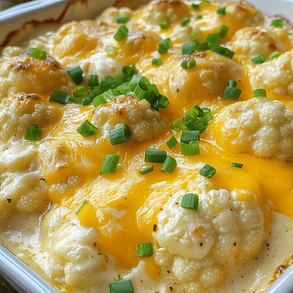 To make a cheesy cauliflower bake, you need the following ingredients: - 1 large head of cauliflower, cut into florets - 2 cups shredded cheddar cheese - 1 cup cream cheese, softened - 1/2 cup sour cream - 1/2 cup grated Parmesan cheese - 1/2 teaspoon garlic powder - 1/2 teaspoon onion powder - 1 teaspoon salt - 1/2 teaspoon black pepper - 1/4 teaspoon paprika - 1/4 cup chopped green onions (for garnish) Choose cauliflower with tight, white florets. Look for vibrant green leaves. The stem should feel firm and moist. Avoid any brown spots or soft areas. Fresh cauliflower tastes better and has more nutrients. It will make your dish shine. While cheddar cheese is a classic choice, feel free to mix it up. Try mozzarella for a stringy texture or gouda for a smoky flavor. You can even use feta for a tangy twist. Mixing different cheeses adds depth to the flavor. Just remember to maintain a balance for the best results. For even more flavor, consider adding some crumbled blue cheese. These variations can elevate your cheesy cauliflower bake to new heights. First, let's get the cauliflower ready. Take one large head of cauliflower and cut it into florets. This makes them easier to cook and eat. Next, bring a big pot of water to a boil. When it’s bubbling, add the florets. Cook them for about 5 to 7 minutes. You want them tender but still crisp. After that, drain the water and set the cauliflower aside. Now it's time for the cheese! In a mixing bowl, combine 1 cup of softened cream cheese and 1/2 cup of sour cream. Add 1/2 teaspoon of garlic powder, 1/2 teaspoon of onion powder, 1 teaspoon of salt, 1/2 teaspoon of black pepper, and 1/4 teaspoon of paprika. Mix these until they are smooth and creamy. Then, stir in 1.5 cups of shredded cheddar cheese and 1/4 cup of grated Parmesan cheese. Keep mixing until everything is well combined. Gently fold in the cooked cauliflower florets, ensuring they are coated in the cheese mixture. Now we bake! Preheat your oven to 375°F (190°C). Transfer the cauliflower mixture into a greased baking dish. Spread it evenly across the dish. Top it off with the remaining 1/2 cup of cheddar cheese and 1/4 cup of Parmesan cheese. Place it in the oven and bake for 25 to 30 minutes. Look for a golden, bubbly top. When it’s done, take it out and let it cool for a few minutes. This dish serves about six people and can be a perfect side for any meal. You can find the Full Recipe for more details. To get that perfect cheese melt, use a mix of cheeses. I love the combo of cheddar and Parmesan. Cheddar melts well and gives a rich flavor. Parmesan adds a nice sharpness. Grate your cheese fresh for the best melt. Pre-shredded cheese often has anti-caking agents that can affect the melt. When you mix the cheeses, add them slowly to the warm cream mixture. This helps them blend smoothly. Never rush this step; take your time. You can make this dish healthier without losing taste. Use low-fat cream cheese and sour cream. This cuts calories but keeps it creamy. You can also swap cauliflower with broccoli for a twist. For a dairy-free option, try vegan cheese. There are great brands that melt well. If you want extra fiber, add some cooked quinoa or lentils. This adds nutrition and a fun texture. Spices are key to bringing your dish to life. Besides garlic and onion powder, consider adding smoked paprika. It gives a nice depth and warmth. A pinch of nutmeg can also elevate the dish. For heat, add a dash of cayenne pepper. Fresh herbs like thyme or rosemary can brighten the flavor too. Just sprinkle them in before baking. These tips will take your cheesy cauliflower bake to the next level. Don't forget to check the [Full Recipe] for more details! {{image_2}} You can make your cheesy cauliflower bake even heartier by adding proteins. Chicken works great in this dish. Cooked chicken adds flavor and makes it a meal. Simply shred or chop the chicken into small pieces, then mix it into the cheese mixture before adding the cauliflower. Bacon is another tasty option. Cook the bacon until crispy, crumble it, and mix it in too. The smoky flavor of bacon pairs nicely with the cheese. If you want a vegetarian version, consider adding greens like spinach or kale. Both add color and nutrients. For spinach, use about two cups of fresh leaves. Just mix them in with the cauliflower. If you choose kale, chop it up and sauté it first. This softens the leaves and brings out their flavor. You’ll get a tasty, colorful dish that everyone will enjoy. This cheesy cauliflower bake is naturally gluten-free since it uses no flour. However, always check the labels on your cheese and other products. Some brands may add gluten. If you're looking for a crispy topping, try gluten-free breadcrumbs or crushed gluten-free crackers. They add a nice crunch without any gluten. Enjoy this comforting dish while keeping it gluten-free! For full details on how to make this delicious dish, check the Full Recipe. To keep your cheesy cauliflower bake fresh, let it cool first. Place it in an airtight container. Store it in the fridge for up to four days. If you want to keep it longer, freezing is a great option. When you're ready to enjoy leftovers, preheat your oven to 350°F (175°C). Place the cauliflower bake in an oven-safe dish. Cover it with foil to keep it moist. Heat for about 20 minutes. If you want a crispy top, remove the foil for the last 5 minutes. For long-term storage, cut the cheesy cauliflower bake into portions. Wrap each piece tightly in plastic wrap, then place in a freezer bag. This helps prevent freezer burn. It can last for up to three months in the freezer. To reheat, thaw overnight in the fridge before following the reheating steps above. Enjoy your delicious dish anytime! Bake the Cheesy Cauliflower Bake at 375°F (190°C) for 25-30 minutes. You want the top to be golden and bubbly. Keep an eye on it towards the end of the baking time. If you see it browning too fast, you can cover it with foil. This will help it cook evenly without burning. Yes, you can mix it up! You can use mozzarella, gouda, or even feta. Each cheese adds its own flavor. Just make sure to keep some cheddar for that classic cheesy taste. Mixing cheeses makes your dish even richer and more fun. Find the combination that you love best! Cheesy Cauliflower Bake is great on its own or as a side dish. It pairs well with roasted chicken, grilled steak, or fish. You can also add a fresh salad for a light meal. If you want, serve it with crusty bread to soak up that cheesy goodness. You can check the Full Recipe for more serving ideas! In this article, we covered how to make a delicious Cheesy Cauliflower Bake. First, we listed the best ingredients and offered tips for choosing fresh cauliflower. Next, I shared step-by-step instructions to prepare and bake the dish. I included helpful tips to perfect your cheese melting and suggested fun variations to try. Finally, we discussed storage and reheating options for leftovers. Making this dish is easy, and you can customize it to your taste. Enjoy your cooking and share this tasty recipe with friends!