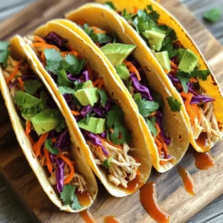 - 2 boneless, skinless chicken breasts - 1 tablespoon olive oil - 1 teaspoon smoked paprika - 1 teaspoon ground cumin - 1 teaspoon chili powder - 1 teaspoon garlic powder - Salt and pepper to taste - 1 cup chicken broth - 1 tablespoon honey - 8 small corn tortillas - 1 cup red cabbage, finely shredded - 1 cup carrots, grated - 1/4 cup fresh cilantro, chopped - Juice of 1 lime These ingredients create a base of flavor. The chicken brings protein and heartiness. The spices add warmth and depth. The slaw gives crunch and freshness. - 1/4 cup avocado, diced (for topping) - Hot sauce (optional, for serving) Feel free to add extras like avocado for creaminess. Hot sauce can give a spicy kick. Both options elevate your tacos to a new level. - Skillet - Cooking utensils - Mixing bowls Having the right tools makes cooking easier. A good skillet helps cook the chicken evenly. Mixing bowls are perfect for slaw and prep. For the full recipe, check the details above. Seasoning the Chicken Breasts Start by seasoning your chicken breasts. Mix smoked paprika, ground cumin, chili powder, garlic powder, salt, and pepper. Rub this mix all over the chicken. This adds deep flavor and makes the dish special. Searing the Chicken Heat olive oil in a large skillet over medium heat. Once hot, add your seasoned chicken. Sear each side for about five minutes until golden brown. This step locks in moisture and flavor. Adding Broth and Honey After searing, pour chicken broth and honey over the chicken. The broth keeps the chicken moist, while honey adds a hint of sweetness. Bring this mixture to a gentle simmer. Cover and cook for 25 to 30 minutes until the chicken is tender. Shredding the Chicken Once cooked, take the chicken out of the skillet. Use two forks to shred it into bite-sized pieces. Return the shredded chicken to the skillet. Mix it well with the broth and juices. Let it cook for another five minutes to soak in all the flavors. Combining the Slaw Ingredients While the chicken cooks, prepare the slaw. In a large bowl, combine finely shredded red cabbage, grated carrots, and chopped cilantro. The colors here make your dish pop. Seasoning the Slaw Squeeze lime juice over the slaw and toss it well. Add a pinch of salt to taste. This brightens the flavors and gives the slaw a fresh twist. For the full recipe, check [Full Recipe]. Enjoy making your pulled chicken tacos with slaw! - Recommended Spice Additions To make your pulled chicken even tastier, consider adding some spices. A bit of cayenne pepper adds heat. A touch of oregano gives it a herbaceous note. You might also try adding a dash of chipotle powder for a smoky twist. - Choosing the Right Tortillas I love using corn tortillas for these tacos. They are soft and have a nice flavor. Warm them in a skillet for best results. You can also use flour tortillas if you prefer. Just remember to warm them too. - Alternative Ingredients for Dietary Needs If you need a different protein, shredded beef or pork works great. If you want a lighter option, try using turkey. For gluten-free needs, choose corn tortillas to keep it safe. - Vegetarian or Vegan Options To make this dish vegetarian, swap the chicken for jackfruit. It shreds nicely and picks up flavors well. For a vegan option, use tofu or tempeh. Season and cook them the same way as the chicken. - Ensuring Tender Shredded Chicken To keep the chicken tender, don’t rush the cooking. Cook it slowly in the broth. Let it simmer until it easily shreds with a fork. This method locks in moisture and flavor. - Best Practices for Slaw Preparation For the slaw, use fresh veggies. Shred cabbage finely and grate carrots. Toss them together with lime juice. This gives a bright flavor that balances the rich chicken. Make it right before serving for the best crunch. {{image_2}} To take your pulled chicken tacos to the next level, try adding some fun toppings. - Avocado and Fresh Herbs: Diced avocado adds creaminess. Fresh herbs like cilantro or parsley brighten the flavors. - Cheese Options: Crumbled queso fresco or shredded cheddar cheese can add a savory touch. These toppings give your tacos a unique twist and elevate each bite. Pair your tacos with sides and drinks that enhance their flavor. - Side Dishes to Complement Tacos: Serve with black beans or a side of Mexican rice. A fresh corn salad also pairs well. - Beverage Pairings: Try a cold beer or a refreshing limeade. Both balance the flavors of the spicy chicken. These suggestions make your meal feel complete and satisfying. You can easily adapt this recipe for different diets. - Low-Carb or Keto-friendly Variations: Use lettuce wraps instead of tortillas. This cuts carbs while keeping the taste. - Gluten-Free Options: Ensure your tortillas are gluten-free. Most corn tortillas fit this need perfectly. These adaptations allow everyone to enjoy pulled chicken tacos without worry. For the complete recipe, check out the Full Recipe section. Store your pulled chicken tacos in an airtight container. This keeps them fresh. They last in the fridge for about three to four days. Always let the chicken cool before sealing. This prevents moisture build-up. Use a separate container for slaw to keep it crunchy. You can freeze pulled chicken too! Place it in a freezer-safe bag. Squeeze out as much air as possible. This helps prevent freezer burn. It can last up to three months in the freezer. When you're ready to eat, thaw it in the fridge overnight. To reheat, place it in a skillet over low heat. Add a splash of broth to keep it moist. Stir occasionally, and it will warm up nicely. Get creative with leftovers! Use pulled chicken in salads or wraps for lunch. You can also mix it into soups for added flavor. Slaw can top burgers or fish tacos, making them fresh and crunchy. Tackling food waste is important. Use every part of your ingredients. Leftover tortillas can be turned into chips. Just bake them until crispy. With these ideas, you’ll enjoy your meals even more! Check the Full Recipe for more inspiration. To keep your chicken tender, cook it slowly. Use low heat and enough liquid for moisture. For best results, aim for 25-30 minutes of simmering. Skipping this step can lead to dry chicken. When choosing chicken, go for boneless, skinless breasts. They cook evenly and stay moist. You can also use thighs for a richer flavor. Thighs are more forgiving if overcooked. Yes, you can prepare pulled chicken tacos ahead of time. Cook the chicken and slaw as directed. Let them cool before storing. Keep them in airtight containers in the fridge. They last up to three days. To reheat, warm the chicken on the stove or microwave. Add a splash of chicken broth for moisture. Heat the slaw separately to keep it crisp. Many side dishes go well with pulled chicken tacos. Consider serving: - Rice and beans for a filling option - Grilled corn on the cob for a sweet touch - Fresh guacamole for a creamy dip You can also add toppings like salsa or pickled onions. These enhance the meal's flavor and texture. Don't forget to serve hot sauce for those who like it spicy! For the full recipe, check out the [Full Recipe]. In this blog post, we covered how to make delicious pulled chicken tacos. We looked at the key ingredients like chicken, spices, and slaw veggies. I shared step-by-step instructions for cooking and shredding the chicken. We explored flavor tips, creative variations, and storage methods. Remember, you can customize these tacos to fit your tastes. Enjoy experimenting with different toppings or protein options. This recipe is not just versatile; it’s a great way to make meal prep easy and fun. Now, go impress your family and friends with your taco skills!