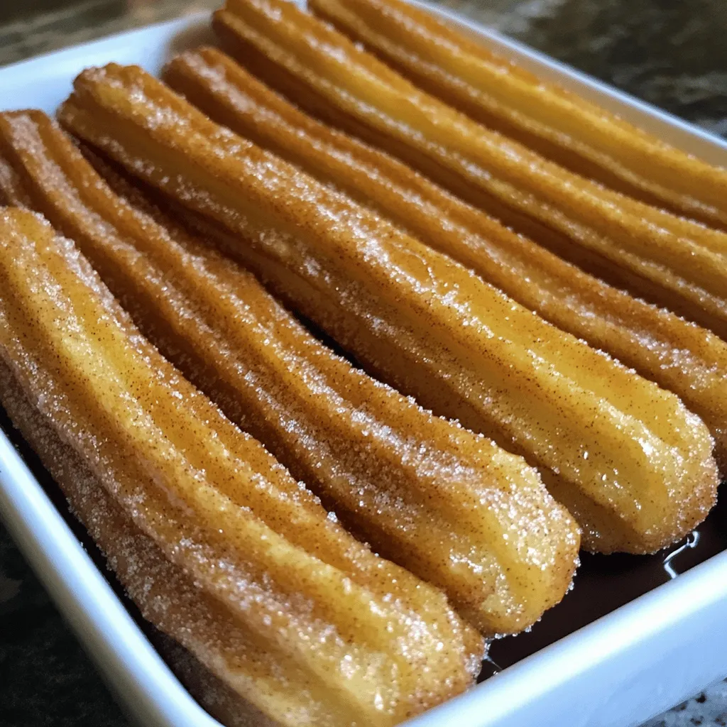 Cinnamon sugar churros are a simple and tasty treat. You only need a few basic ingredients to make them at home. This recipe yields about 8 to 10 churros. - 1 cup water - 2 tablespoons granulated sugar - 1/2 teaspoon salt - 1/4 cup unsalted butter - 1 cup all-purpose flour - 2 large eggs - 1 teaspoon vanilla extract - 1 teaspoon baking powder - 1 cup granulated sugar (for coating) - 1 tablespoon ground cinnamon - Oil for frying These ingredients come together to create a sweet, crispy dessert. The water, sugar, salt, and butter form a rich base. Adding flour creates the dough. Eggs and vanilla add flavor and richness. For the coating, sugar and cinnamon bring sweetness and warmth. You can use any oil that has a high smoke point for frying. Canola oil works great. Remember to keep an eye on the temperature. You want the oil hot enough to fry the churros quickly. This helps them stay crisp on the outside. This list covers everything you need for this delicious recipe. Check out the full recipe for guidance on how to mix and cook these delightful churros. Start by taking a medium saucepan. Add 1 cup of water, 2 tablespoons of granulated sugar, 1/2 teaspoon of salt, and 1/4 cup of unsalted butter. Heat this mixture over medium heat until it boils. Stir often to help the butter melt. Once it boils, remove the saucepan from the heat. Quickly stir in 1 cup of all-purpose flour and 1 teaspoon of baking powder. Mix well until a dough forms. Let the dough cool for about 10 minutes. This cooling step is key. It helps the eggs mix in better later. While the dough cools, heat oil in a deep pan or fryer. Aim for a temperature of 375°F (190°C). This high heat is crucial for crispy churros. A thermometer helps keep the oil at the right temperature. Now, transfer the cooled dough to a piping bag fitted with a star tip. It’s time to pipe! Carefully squeeze out 4-5 inch strips of dough into the hot oil. Use scissors to cut off the dough. Fry each churro until golden brown, about 2-3 minutes per side. While the churros fry, mix 1 cup of granulated sugar with 1 tablespoon of ground cinnamon in a shallow bowl. This will be the sweet coat that makes churros extra tasty. Once the churros are fried, drain them briefly on paper towels. Then, roll them in the cinnamon sugar mixture until they are well coated. These churros are best served warm. For a fun twist, serve your churros with chocolate sauce or caramel. These dips add extra flavor and make the treat even more enjoyable. For the full recipe, check out the details above. To make great churros, the oil temperature matters. Heat your oil to 375°F (190°C). This hot oil helps the churros fry quickly and stay crisp. If the oil is too cold, the churros will soak up the oil and become greasy. If it's too hot, they may burn outside but stay raw inside. Piping churros can be tricky. Use a piping bag fitted with a star tip. This will give you the classic ridged look. Pipe 4-5 inch strips into the oil. Cut them off with scissors to avoid messy ends. Fry them in small batches to keep the oil temperature steady. Cooling the dough is key. After mixing the dough, let it sit for about 10 minutes. This helps hydrate the flour and makes the churros light. If you skip this step, the churros may end up dense. Incorporating eggs correctly also helps. After cooling the dough, add the eggs one at a time. Mix until fully blended. This creates a smooth batter that puffs up when fried. The eggs add air and help the churros rise. To take your churros to the next level, try adding zest or spices. A bit of orange or lemon zest can brighten the flavor. You can also add nutmeg or cardamom for a warm twist. Experimenting with different sugars can change the taste. Instead of plain sugar, try brown sugar or coconut sugar. These will add depth and richness to your churros. For the full recipe, visit the main section. {{image_2}} If you love chocolate, try chocolate-dipped churros. After frying, dip each churro in warm melted chocolate. Use dark, milk, or white chocolate for a twist. This adds richness and a fun texture. The chocolate hardens as it cools, creating a delightful contrast with the crunchy churro. Churros can be even more exciting when you stuff them. Here are two tasty options: - Dulce de Leche Filled For dulce de leche-filled churros, pipe the creamy filling inside after frying. Use a long piping tip to insert the dulce de leche. This sweet caramel flavor pairs well with the cinnamon sugar outside. It gives an extra surprise in every bite. - Cream Cheese Filled Cream cheese-filled churros add a tangy twist. Mix softened cream cheese with powdered sugar and vanilla. Pipe this mixture into the churro after frying. The sweet and creamy filling contrasts with the crispy churro shell, making it a fun treat. You can still enjoy churros if you're gluten-free. Here are some ideas: - Alternative Flours Use almond flour or gluten-free all-purpose flour. These flours can create a nice texture. Make sure to check that your baking powder is gluten-free as well. - Tips for Gluten-Free Frying Keep oil at a steady temperature. This helps the gluten-free churros fry evenly and stay crisp. Fry small batches to avoid overcrowding. This ensures they cook properly without getting soggy. For more delicious ideas, check out the Full Recipe for Cinnamon Sugar Churros! To keep your churros fresh, you have two good options: refrigeration or freezing. - Refrigeration: Place cooled churros in an airtight container. They will last about 2-3 days in the fridge. The fridge can make them a bit soft, so reheat them before serving. - Freezing: For longer storage, freeze churros. Wrap them in plastic wrap, then place them in a freezer bag. They can last up to 2 months. This keeps them tasty and ready for a quick treat. When it’s time to enjoy your churros again, reheating is key. - Reheating Techniques: For the best results, use an oven. Preheat it to 350°F (175°C). Place churros on a baking sheet and heat for about 10 minutes. This restores their crispiness. - Keeping Churros Crispy: If you use a microwave, they can turn soft. To avoid this, wrap the churros in a paper towel. Heat them for a short time, about 15-20 seconds, and check often to prevent sogginess. Now you can savor your delicious cinnamon sugar churros anytime! For the full recipe, check out the details above. The best oil for frying churros is a neutral oil. I recommend canola oil or vegetable oil. These oils have a high smoke point, which helps fry the churros evenly. They also do not add strong flavors that can change the taste of your churros. Yes, you can make churros in advance. You can prepare the dough and pipe it into shapes. Then, freeze the piped churros on a baking sheet. Once frozen, transfer them to a bag. When ready to fry, just heat the oil and fry from frozen. To keep churros crispy, avoid overcrowding the frying pan. Fry in small batches to maintain oil temperature. After frying, drain them well on paper towels. Coat them in cinnamon sugar while they're still warm for the best texture. Homemade churros are often better than store-bought ones. You can control the ingredients and make them fresh. They taste better when warm and can be customized to your liking. Plus, making churros at home can be a fun experience! Churros are best eaten fresh. However, they can last for 1-2 days at room temperature. Store them in an airtight container to keep them from getting hard. For longer storage, freeze them for up to 3 months. Reheat in the oven for a crispy texture. Feel free to check out the Full Recipe for more details! Making churros is fun and tasty. You learned about the key ingredients and steps. We covered tips for perfecting your frying technique, creating a fluffy texture, and enhancing flavors. Don’t forget about the delicious variations, from chocolate-dipped to gluten-free options. Also, storing and reheating your churros properly keeps them crispy and fresh. I hope you feel ready to make your own churros at home! Enjoy the process and share with friends and family for a delightful treat.
