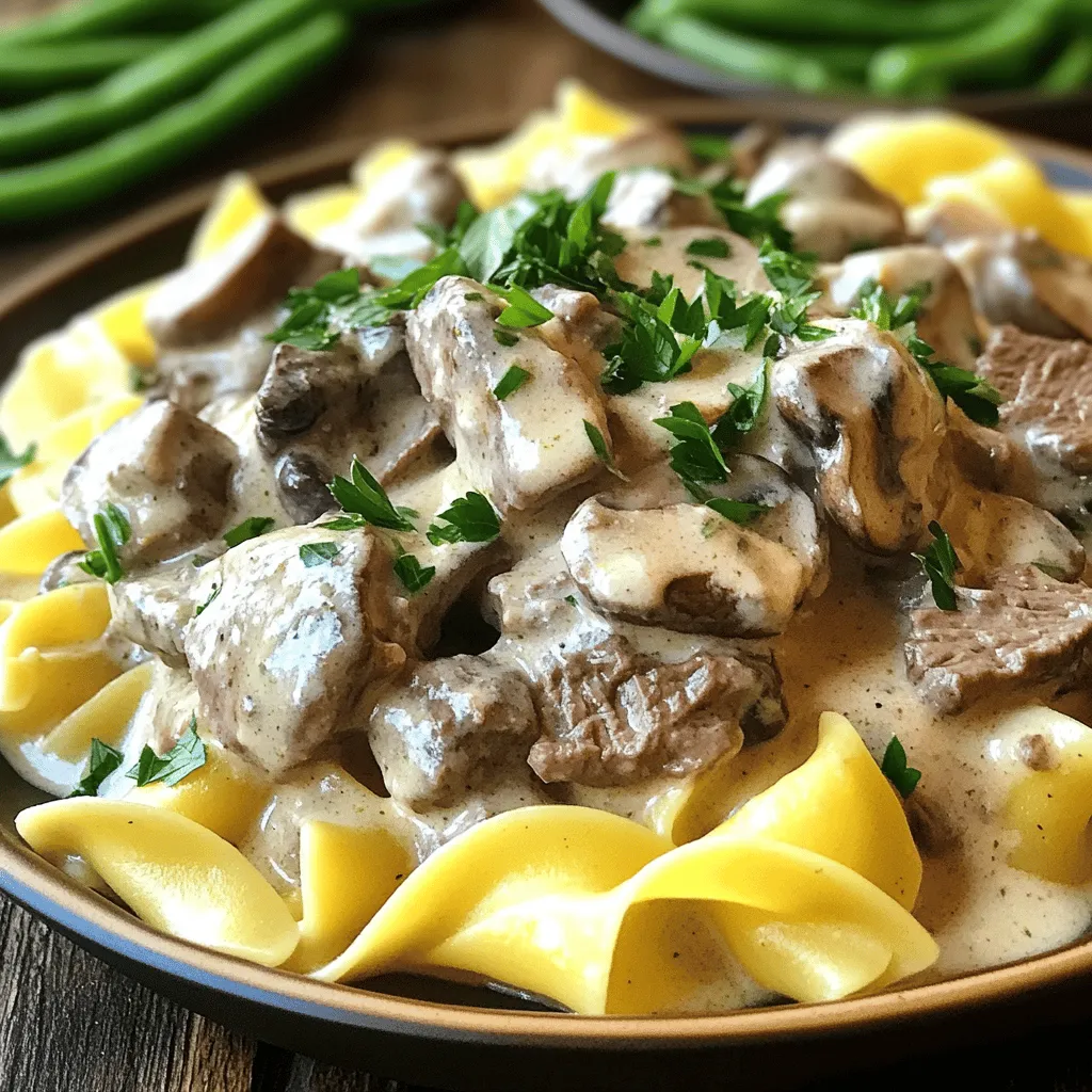 - 1 lb beef sirloin, thinly sliced - 2 tablespoons olive oil - 1 medium onion, finely chopped - 2 cloves garlic, minced - 8 oz mushrooms, sliced (cremini or button) - 2 tablespoons all-purpose flour - 2 cups beef broth - 1 cup sour cream (or Greek yogurt) - 1 tablespoon Dijon mustard - Salt and pepper to taste - Fresh parsley, chopped (for garnish) - 8 oz egg noodles (or preferred pasta) When I make Classic Beef Stroganoff, I love using fresh, high-quality ingredients. The beef sirloin is key. Thin slices cook quickly and are tender. Olive oil adds a nice flavor when you sear the beef. Onions and garlic create a base for this dish. They bring warmth and depth. Mushrooms add an earthy taste and a lovely texture. I suggest cremini or button mushrooms for the best results. Now, for the sauce. All-purpose flour thickens it perfectly. The beef broth provides richness. I often use homemade broth for more flavor. Sour cream or Greek yogurt gives the dish a creamy touch and balances the savory notes. Dijon mustard adds a hint of tang that elevates the dish. You can adjust the salt and pepper to your taste. Don't forget the fresh parsley! It brightens the plate and adds color. Lastly, egg noodles or your favorite pasta soak up the sauce well and complete this hearty meal. If you want to dive deeper into cooking this dish, check the Full Recipe for detailed steps! - Boil salted water in a large pot. - Cook egg noodles until al dente, about 8-10 minutes. - Drain the noodles and set aside. - Heat 2 tablespoons of olive oil in a skillet over medium-high heat. - Season the sliced beef with salt and pepper. - Sear the beef for 2-3 minutes until browned. - Remove the beef and set it aside; it will cook more later. - In the same skillet, add 1 tablespoon of olive oil. - Sauté the chopped onion for 3-4 minutes until translucent. - Add 2 cloves of minced garlic and 8 oz of sliced mushrooms. - Cook until mushrooms soften, about 5 minutes. - Sprinkle 2 tablespoons of flour over the onion and mushroom mix. - Stir well for about 1 minute to cook the flour. - Gradually add 2 cups of beef broth while stirring. - Allow the sauce to simmer and thicken for 5 minutes. - Return the seared beef to the skillet with the sauce. - Stir in 1 cup of sour cream and 1 tablespoon of Dijon mustard. - Mix well and let it cook on low heat for 3-4 minutes. - Toss the cooked egg noodles with the beef stroganoff sauce. - Alternatively, serve the sauce over the noodles on each plate. - Garnish with chopped parsley for a fresh touch. For the full recipe, check out the detailed instructions above! - Slice the beef thinly. This helps it cook evenly. - Avoid overcooking the beef. Keep it tender for a better bite. - Use high-quality beef broth. It makes a big difference in taste. - Add Worcestershire sauce for a deeper flavor. It gives the dish a nice kick. - Garnish with parsley. It adds color to the dish. - Serve with steamed green beans or a fresh salad. Both sides balance the meal well. For the complete recipe, check the Full Recipe. {{image_2}} You can swap beef for chicken or mushrooms. Chicken gives a lighter taste. If you use mushrooms, it adds a hearty, meaty feel. This option is great for vegetarians. You can use a mix of different mushrooms for more flavor. You can try using white wine or cream-based sauces. White wine adds a nice tang. Cream makes it richer and creamier. Both options give a different take on the classic dish. You can get creative based on your taste. Enhance your stroganoff with fresh herbs. Thyme or dill brings a fresh kick. These herbs can lift the dish to a new level. You might also add a splash of sherry. It gives a lovely depth to the sauce. These small tweaks can make a big difference in taste. Feel free to explore these variations in the [Full Recipe]. Store leftovers in an airtight container in the fridge. This helps keep the flavor fresh. Consume within 3 days for best quality. After that, the taste may change. You can freeze stroganoff in portions. This makes it easy to enjoy later. Make sure to let it cool before freezing. Thaw in the fridge overnight for the best results. Reheat gently on the stove to keep it tasty. When you reheat, use low heat. Add a bit of broth or water to prevent drying out. This keeps the stroganoff creamy and delicious. Stir often until it's heated through. Enjoy your meal again! You can serve this dish with: - Rice - Mashed potatoes - A fresh salad These sides pair well with the rich flavor of beef stroganoff. They help balance the meal and add freshness. To make this dish gluten-free, simply: - Replace all-purpose flour with a gluten-free flour blend - Use gluten-free pasta instead of egg noodles These swaps keep the taste while making it safe for those with gluten sensitivities. Yes, you can use a slow cooker. First, brown the beef in a skillet. Then, add it to the slow cooker with the other ingredients. Cook on low for several hours. This method makes the beef tender and flavorful. Yes, you can make a vegetarian version. Substitute the beef with: - Mushrooms - Tofu Also, use vegetable broth instead of beef broth. This keeps the creamy texture while being plant-based. Beef Stroganoff is a simple and delicious dish. We covered key ingredients, easy cooking steps, and helpful tips. Remember to slice the beef thinly for best results. You can even try other proteins or sauces for variety. Enjoy this comforting meal with sides like rice or a fresh salad. With practice, you will make the perfect stroganoff every time. Happy cooking!