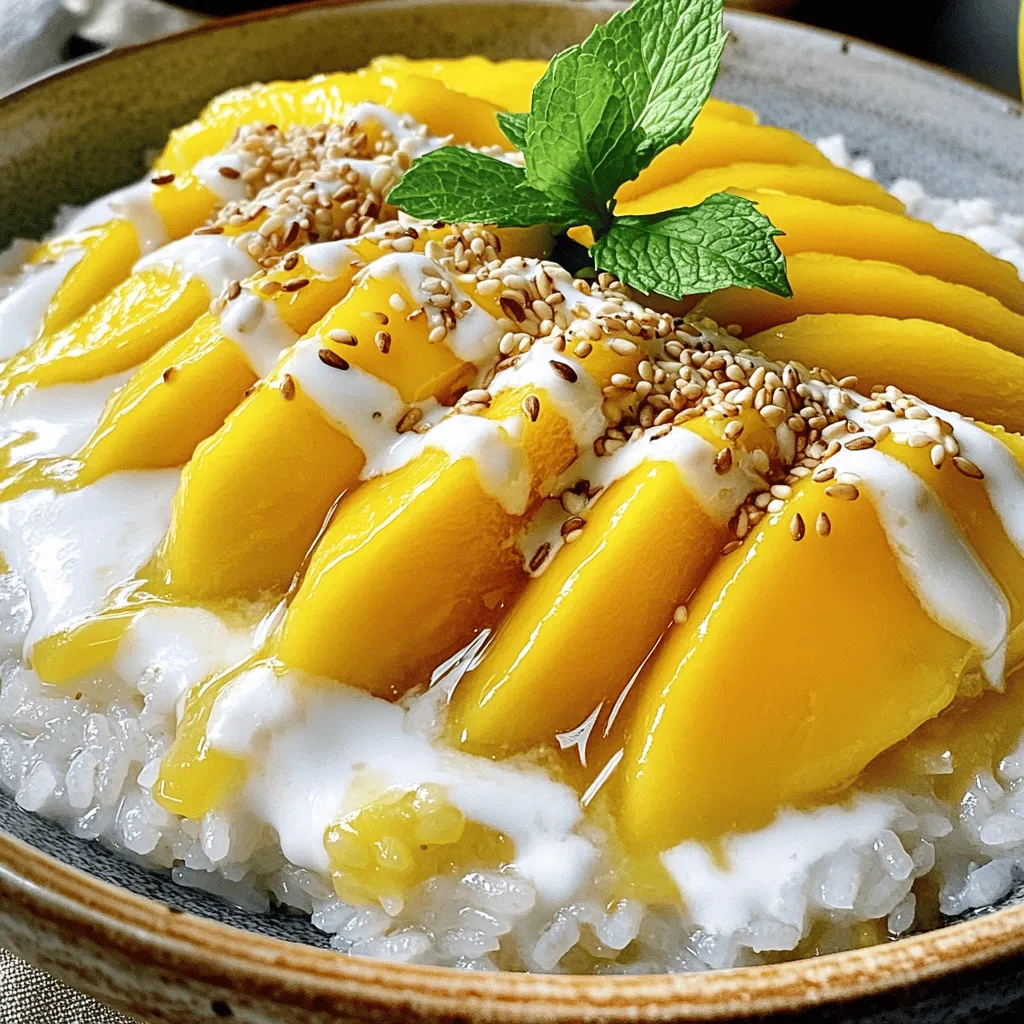 - 1 cup glutinous rice - 1 ½ cups coconut milk - ½ cup sugar - ½ teaspoon salt - 1 ripe mango, sliced - 2 tablespoons toasted sesame seeds (for garnish) - Fresh mint leaves (for garnish) To make mango sticky rice, you need glutinous rice, not regular rice. This rice gives the dessert its unique texture. Coconut milk adds a creamy taste to the dish. You mix sugar and salt to enhance the flavor. A ripe mango is key for sweetness. Don't forget garnishes like toasted sesame seeds and fresh mint to brighten the dish. - Additional toppings (nuts, fruits) - Coconut cream (for extra richness) - Sweetened condensed milk You can change this dessert by adding toppings. Nuts or other fruits can give it a twist. If you want it richer, use coconut cream. Sweetened condensed milk can boost sweetness, making it even more decadent. You can play with these options to find your perfect flavor. Start by rinsing the glutinous rice. Use cold water and rinse until it runs clear. This step removes excess starch. It helps the rice become sticky. Soak the rice next. I recommend soaking for at least 2 hours. Soaking overnight gives better results. This makes the rice tender and easier to cook. Now, let's cook the rice. Drain the soaked rice. Use a bamboo or metal steamer for this. Line the steamer with cheesecloth to prevent sticking. Steam the rice for about 25 to 30 minutes. Check for doneness by tasting a grain. It should be soft and sticky. If needed, steam a bit longer. While the rice cooks, make the coconut sauce. In a saucepan, mix coconut milk, sugar, and salt. Heat it over medium. Stir gently until the sugar dissolves. Do not let the sauce boil. This keeps it creamy. Once done, set the sauce aside until the rice is ready. This is the fun part! Start with a layer of coconut sticky rice on a plate. Make it nice and even. Next, arrange the sliced mango on top or beside the rice. This adds color and flavor. Drizzle the remaining coconut sauce over the dessert. For the final touch, sprinkle toasted sesame seeds on top. Add fresh mint leaves for a pop of color. Your dessert looks great and is ready to serve! To make perfect mango sticky rice, you need the right rice consistency. Use glutinous rice, which is sticky when cooked. Rinse it well to remove excess starch. This helps the grains stick together. Soak the rice for at least two hours. Soaking helps it cook evenly. Balancing sweetness in the coconut sauce is key. Use fresh coconut milk for the best flavor. Mix the coconut milk, sugar, and salt on medium heat. Stir until the sugar dissolves. Make sure not to boil it. The sauce should be sweet but not overpowering. One common mistake is overcooking the rice. Keep an eye on the time while steaming. Cook it for about 25-30 minutes. Check for a tender and sticky texture. If it gets too soft, it won't hold shape. Another mistake is using the wrong ratio of coconut milk to rice. Follow the recipe closely. Too much coconut milk makes it soupy. Too little leaves the rice dry. Stick to the 1 ½ cups coconut milk for every cup of rice. To enhance flavor and texture, try garnishing with toasted sesame seeds. They add a nice crunch. Fresh mint leaves also brighten the dish. They give a fresh taste that pairs well with sweet mango. When serving, warm the sticky rice slightly. This brings out the flavors. The contrast of warm rice and cool mango is delightful. Enjoy this treat right away for the best taste! {{image_2}} The classic mango sticky rice features coconut sticky rice paired with ripe mango. The creamy coconut rice complements the sweet, juicy mango perfectly. This dish highlights the simplicity of flavors. You can taste the freshness in every bite, making it a beloved dessert across many cultures. You can spice things up by using different fruits like pineapple or lychee. Pineapple adds a tangy twist, while lychee brings a floral sweetness. You can also infuse the coconut sauce with flavors like pandan or vanilla. Pandan gives a lovely green color and a unique taste. Vanilla adds warmth and richness, making the dish even more delightful. For a healthier take, consider lower sugar alternatives. You can use honey or agave syrup instead of sugar. These options still provide sweetness but may be less processed. If you're vegan, use lactose-free coconut substitutes. Almond or soy milk can work well, too. These options keep the dish creamy and delicious while catering to different dietary needs. If you want to explore the full recipe, check out the Mango Bliss Sticky Rice Delight. To keep your mango sticky rice fresh, store it in an airtight container. Place it in the fridge to maintain its taste and texture. The dessert stays good for 2-3 days. After this, it may lose its flavor. Make sure to separate the mango slices from the rice to avoid sogginess. When you want to enjoy your dessert again, you can refresh the sticky rice easily. Add a splash of coconut milk to the rice. Heat it in the microwave for 20-30 seconds. Stir and check if it’s warm enough. For serving, place the warmed sticky rice on a plate. Add fresh mango slices on top. Drizzle with coconut sauce for the best flavor. You can also add a sprinkle of toasted sesame seeds. Enjoy your treat just like fresh! For the full recipe, check the link provided. Mango sticky rice is a sweet treat from Thailand. It features soft, sticky rice topped with ripe mango slices. The rice gets its flavor from coconut milk, sugar, and salt. This dessert is popular in Thai culture, often enjoyed during festivals and special occasions. It brings a taste of summer and joy to everyone who tries it. Yes, you can make mango sticky rice ahead of time. Prepare the rice and coconut sauce in advance. Store them separately in the fridge. When ready to serve, warm the rice gently and add fresh mango. This keeps everything fresh and tasty. Yes, mango sticky rice is naturally gluten-free. You can use glutinous rice, which is gluten-free. If you want to try something different, you could use jasmine rice instead. However, this will change the texture slightly. Make sure to check all other ingredients for gluten. The rice is done when it feels tender and sticky. You can test it by tasting a small spoonful. It should be soft but not mushy. If you see the rice clumping together, it is ready. This means it has absorbed the moisture and flavor well. Choosing the right mango makes a big difference. I recommend using ripe Ataulfo or Honey mangoes. They are sweet and creamy, making them perfect for this dish. Avoid stringy mangoes, as they don’t blend well with the rice. The right mango will add the best flavor and texture. Mango sticky rice is a tasty and fun dessert you can make. We explored essential and optional ingredients like glutinous rice and ripe mango. I shared steps for cooking the rice, making the sauce, and presenting the dish beautifully. We also looked at variations, common mistakes, and storage tips. With practice, you can master this dessert. Enjoy trying new fruits and flavors. Happy cooking!