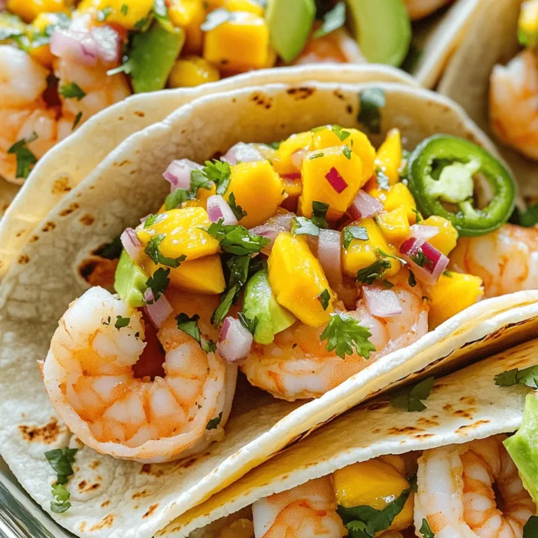 To make these spicy shrimp tacos, gather these main ingredients: - 1 lb large shrimp, peeled and deveined - 2 tablespoons olive oil - 1 teaspoon smoked paprika - 1 teaspoon chili powder - 1/2 teaspoon cayenne pepper (adjust for heat preference) - Salt and pepper to taste - 8 small corn tortillas - 1 avocado, sliced - Fresh cilantro for garnish These ingredients create a bold flavor. The shrimp provides a great base. The spices add heat and depth, making every bite exciting. Next, let’s focus on the mango salsa. You’ll need: - 1 ripe mango, diced - 1/2 red onion, finely chopped - 1 jalapeño, seeded and minced - 1 lime, juiced - Salt to taste This salsa adds a sweet and tangy touch. The mango balances the spicy shrimp perfectly. The jalapeño gives a kick, while the lime adds freshness. Feel free to customize your tacos. Here are some optional ingredients: - Shredded cabbage for crunch - Lime wedges for extra zest - Hot sauce for extra heat - Cotija cheese for creaminess These additions can enhance your tacos. Shredded cabbage gives a nice texture. Lime wedges and hot sauce let you adjust the flavor to your liking. For a full recipe, check out the complete details above! To start, grab a medium bowl. First, dice one ripe mango into small pieces. Next, finely chop half a red onion. Then, seed and mince one jalapeño. Combine all these ingredients in the bowl. Squeeze fresh lime juice over the mix. Add a pinch of salt to taste. Gently stir everything together. Let it sit for a few minutes. This allows the flavors to mix well. Now, take a separate bowl for the shrimp. Use one pound of large shrimp, already peeled and deveined. Add two tablespoons of olive oil. Sprinkle in one teaspoon of smoked paprika, one teaspoon of chili powder, and half a teaspoon of cayenne pepper. Feel free to adjust the cayenne for your heat preference. Season with salt and pepper. Toss everything together so the shrimp are well coated. Let them marinate for about 15 minutes. Heat a large skillet over medium-high heat. Once it’s hot, add the marinated shrimp in a single layer. Cook the shrimp for about 2 to 3 minutes on each side. Look for them to turn pink and opaque. Be careful not to overcook them. Once done, remove the skillet from the heat and set aside. In another skillet or on a grill, warm the corn tortillas. Heat them for about 30 seconds on each side. You want them soft and pliable. This step makes them easier to fill and fold later. Now it’s time to build your tacos. Place a few shrimp on each warm tortilla. Next, add a generous scoop of the mango salsa on top. For a creamy touch, add sliced avocado. Finish with a sprinkle of fresh cilantro for extra flavor. Enjoy the tacos right away while they are warm. Serve them with lime wedges on the side. A squeeze of lime adds a nice zing to each bite. You can also pair them with your favorite side dishes. For the full recipe, check the details above. When cooking shrimp, timing is key. I recommend using medium-high heat. This helps the shrimp cook quickly and evenly. Cook them for about 2-3 minutes per side. Look for a pink color and a firm texture. Overcooking makes shrimp tough. So, pay close attention while they cook. For added flavor, try grilling or sautéing in a cast-iron skillet. Both methods give a nice char and enhance taste. Want to make your tacos more or less spicy? Start with the cayenne pepper. Use less if you prefer mild flavors. You can also swap out the chili powder for a milder one. If you love heat, add extra jalapeños to the salsa. Taste as you go to find your perfect balance. Remember, everyone’s spice tolerance is different. Make it yours! If you have leftovers, store them properly to keep them fresh. Place shrimp and salsa in separate airtight containers. This keeps flavors intact. Shrimp will last for 2-3 days in the fridge. The salsa will be good for about 1-2 days. When ready to eat, reheat shrimp in a skillet over medium heat. Do not microwave, as it can make them rubbery. Enjoy the full recipe for more details on making the dish! {{image_2}} You can switch up the shrimp in this recipe. Try using chicken or fish. Both options work well with the same spices. For a vegetarian twist, use grilled portobello mushrooms. They soak up flavors and add a nice texture. While mango salsa is fresh and fruity, you can explore other flavors. Try a pineapple salsa with diced pineapple and red onion. A corn salsa with black beans and bell peppers also adds a great crunch. For heat, consider a tomatillo salsa. It brings a tangy kick that pairs nicely with shrimp. Get creative with your side dishes! Serve these tacos with a side of Mexican street corn. Its sweet and spicy mix complements the tacos well. A simple black bean salad adds protein and fiber. You can also offer tortilla chips with guacamole for a fun crunch. These sides keep your meal vibrant and exciting. To store leftover tacos, keep each part separate. Place the shrimp, tortillas, and mango salsa in airtight containers. This will help keep everything fresh. Store them in the fridge for up to three days. When you want to eat them, it’s best to reheat the shrimp. To reheat the shrimp, warm them in a skillet over medium heat. Cook for a few minutes until they are hot. Avoid cooking them too long, as they can turn tough. You can warm the tortillas in a dry skillet for about 30 seconds on each side. This will make them soft again. If you want to freeze the shrimp and salsa, do it separately. Place the cooked shrimp in a freezer bag, remove as much air as possible, and seal it. You can freeze them for up to three months. For the salsa, use a freezer-safe container. Note that the texture may change after freezing, but the flavor will still be great. For the full recipe, check out the full details provided earlier. Yes, you can prepare some parts ahead. Make the mango salsa one day before. Store it in the fridge to keep it fresh. Marinate the shrimp, but cook them closer to meal time. This keeps them juicy and tender. These tacos pair well with several sides. Try serving them with: - Rice and beans - Corn on the cob - A fresh salad - Tortilla chips with guacamole These sides add flavor and balance to the meal. To tone down the heat, reduce or omit cayenne pepper. You can also use a milder chili powder. Another trick is to add a touch of honey or sugar. This helps balance the spice without losing flavor. If you can’t find mango, try these fruits: - Pineapple for a sweet twist - Peaches for a juicy option - Papaya for a tropical taste These fruits add a similar sweetness and freshness to the salsa. Spicy shrimp tacos are simple and fun to make at home. We covered key ingredients, from shrimp to mango salsa. The step-by-step guide made cooking easy. I shared tips for cooking shrimp and adjusting spice levels. Plus, we explored tasty variations and smart storage methods. Enjoy this dish at your next meal. You can customize it to match your taste. Dive into flavors and impress your friends and family with this recipe!
